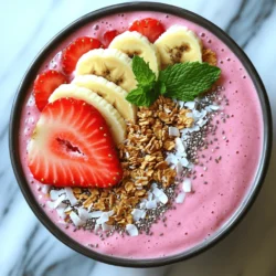 - 1 frozen banana, sliced - 1 cup frozen strawberries - 1/2 cup Greek yogurt - 1/2 cup almond milk (or your choice of milk) - 1 tablespoon honey or maple syrup - 1 teaspoon vanilla extract - Fresh strawberry slices - Banana slices - Granola - Shredded coconut - Chia seeds - Mint leaves To create a delicious strawberry banana smoothie bowl, you need simple yet flavorful ingredients. The main ingredients include frozen banana slices, frozen strawberries, and creamy Greek yogurt. These three form a rich and smooth base for your bowl. Frozen bananas add natural sweetness and a thick texture. Frozen strawberries provide a tart flavor that balances the sweetness. Greek yogurt gives it a creamy consistency and adds protein. You can customize your smoothie bowl with a few additional ingredients. Almond milk or any milk you prefer helps blend everything smoothly. Sweeteners like honey or maple syrup can enhance the flavor. A splash of vanilla extract adds warmth and depth. Toppings make your smoothie bowl fun and colorful. Fresh strawberry and banana slices bring brightness. Granola adds crunch, while shredded coconut, chia seeds, and mint leaves offer extra flavor and texture. For the full recipe, check the section above. Enjoy crafting this healthy and refreshing treat! To start, gather your ingredients. You will need a frozen banana, frozen strawberries, Greek yogurt, almond milk, honey, and vanilla. 1. In a blender, combine: - 1 frozen banana, sliced - 1 cup frozen strawberries - 1/2 cup Greek yogurt - 1/2 cup almond milk - 1 tablespoon honey or maple syrup - 1 teaspoon vanilla extract 2. If the mixture feels too thick, add a splash more milk. This helps blend everything smoothly. For a creamy texture, blend on high. Here are some tips: - Stop the blender halfway through. Scrape down the sides with a spatula. This ensures even blending. - Blend until the mixture is smooth and thick but not too runny. Once blended, it’s time to serve! 1. Pour the smoothie mixture into a bowl. Use a spatula to smooth the top. 2. Now for the fun part! Decorate your bowl with toppings. You might try: - Sliced fresh strawberries - Banana slices - Granola - Shredded coconut - Chia seeds - Mint leaves Enjoy your strawberry banana smoothie bowl! For the full recipe, check out the other sections! To make a great smoothie bowl, you need the right consistency. A thick, creamy base makes it enjoyable to eat. Start with one frozen banana and one cup of frozen strawberries. These fruits add natural sweetness and a nice texture. Blend them with Greek yogurt and almond milk. If it’s too thick, add a splash more milk. This helps you get a smooth mix. Choosing high-quality ingredients is key. Fresh, ripe fruits boost flavor. Organic yogurt gives a creamy taste without extra additives. Look for almond milk with no added sugar. These choices make your bowl both tasty and healthy. Arranging toppings can be fun and creative. Start by pouring your smoothie base into a bowl. Use a spatula to smooth the surface. Next, add toppings in a way that looks appealing. Try making a rainbow effect with fresh strawberries, banana slices, and granola. You can also sprinkle shredded coconut and chia seeds for added crunch. Using colorful ingredients is important for visual appeal. Bright fruits and greens catch the eye. A few mint leaves on top add a nice pop of color. This makes your smoothie bowl a feast for the eyes, not just the taste buds. Adjusting sweetness levels is easy. If you like it sweeter, add more honey or maple syrup. Start with one tablespoon and taste as you go. You can always add more if needed. For those who prefer dairy-free options, swap Greek yogurt for coconut yogurt. This keeps the bowl creamy while being dairy-free. Almond milk or oat milk works well too. These changes let you enjoy the smoothie bowl without compromising your taste. For the full recipe, check out the Strawberry Banana Bliss Smoothie Bowl. {{image_2}} You can boost the flavor of your smoothie bowl. Adding spinach or kale gives you extra greens. These greens mix well with the sweet strawberries and bananas. They add nutrients without changing the taste much. You can also try other fruits. Mango, blueberries, or pineapple can add new flavors. Imagine a tropical twist with mango! Each fruit brings its own unique taste and color. Toppings can change your smoothie bowl game. Try adding nut butters for a creamier texture. Almond or peanut butter can add rich flavor. They also give healthy fats that keep you full. Seeds are another great option. Chia seeds or flaxseeds add crunch and nutrition. You can also use granola or shredded coconut for extra texture. Mixing these toppings creates fun flavors and textures. Seasons bring different fruits to enjoy. In summer, use peaches or berries. Fall is perfect for apples or pears. Each season offers fruits that make your bowl special. For festive occasions, add colorful toppings. Use pomegranate seeds for a pop of red. Sprinkle cinnamon or nutmeg for a warm flavor. These small changes can make your smoothie bowl feel exciting year-round. [Full Recipe] gives you a simple base. With these variations, you can create endless combinations! You can make the smoothie base ahead of time. Blend the ingredients and store it in the fridge. Use an airtight container to keep it fresh. This way, you can enjoy quick breakfasts or snacks. I suggest using the smoothie base within 24 hours for the best taste. For ingredients, keep frozen bananas and strawberries in the freezer. They last long and keep your smoothie cold. Store Greek yogurt in the fridge. It stays good for about one to three weeks, depending on the brand. You can freeze leftover smoothie bowls too. Just pour the bowl into a freezer-safe container. Leave some space at the top, as liquids expand when frozen. They can last up to three months in the freezer. When you want to eat a frozen bowl, let it thaw overnight in the fridge. If you’re in a hurry, use the microwave. Heat it in short bursts to avoid cooking it. Stir it often to make sure it heats evenly. Understanding spoilage helps keep food safe. Frozen fruits can last six to twelve months in the freezer. In the fridge, fresh strawberries and bananas spoil faster. Use them within three to five days for best flavor. To keep your smoothie fresh, check for color and smell. If it changes or smells off, it’s best to toss it. Always use fresh ingredients. This keeps your smoothie bowl healthy and tasty. To make a smoothie bowl thicker, use less liquid. Focus on frozen fruits for a creamy base. Here are some tips: - Use frozen banana slices and frozen strawberries. - Add Greek yogurt for extra thickness. - Limit almond milk to a few tablespoons. The ideal ratio is about 2 parts fruit to 1 part liquid. This balance keeps your bowl thick and satisfying. Yes, you can use fresh strawberries. However, this will change the texture and taste. Fresh strawberries make the bowl thinner. To adjust, add more yogurt or banana to thicken it. Frozen fruit offers several benefits: - It keeps the bowl cold and refreshing. - Frozen fruit retains more nutrients. - It adds a thicker, creamier texture. Yes, this smoothie bowl is healthy! Let’s break down the nutrition: - Frozen bananas provide potassium and fiber. - Frozen strawberries are low in calories and high in vitamin C. - Greek yogurt adds protein and probiotics. These ingredients offer many health benefits: - They support digestion and gut health. - They provide energy for your day. - They help keep you full longer. Enjoy this Strawberry Banana Smoothie Bowl as a tasty, nutritious meal! For the full recipe, check out the ingredients and instructions above. You learned how to make a delicious smoothie bowl using simple ingredients. We covered key ingredients like frozen bananas and strawberries, plus Greek yogurt. You now know how to blend it and top it to make it look great. Remember, adjust the sweetness and add toppings you enjoy. Smoothie bowls are fun and healthy, making them perfect for breakfast or a snack. Enjoy experimenting with flavors and ingredients to suit your taste!