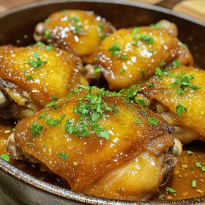- 4 bone-in, skin-on chicken thighs - 1/4 cup honey - 4 cloves garlic, minced - 2 tablespoons soy sauce (low-sodium) - 1 tablespoon apple cider vinegar These ingredients make up the heart of the dish. Bone-in, skin-on chicken thighs give great flavor and texture. Honey and garlic blend well to create a sweet and savory taste. Soy sauce adds depth, while apple cider vinegar balances the sweetness. - 1 teaspoon ground ginger - Salt and pepper to taste - 2 tablespoons olive oil Ground ginger adds warmth and spice to your dish. Salt and pepper enhance flavor. Olive oil is key for a nice sear on the chicken. This mix of seasonings brings out the best in each bite. - 1 tablespoon chopped fresh parsley - Optional sesame seeds Fresh parsley adds a pop of color and freshness. Sesame seeds can bring a nice crunch and extra flavor. These garnishes make your meal look and taste even better. For the full recipe, you can refer to the Full Recipe section. First, I dry the chicken thighs with paper towels. This step helps the skin get nice and crispy. Next, I season both sides with salt and pepper. This adds flavor right from the start. In a small bowl, I mix honey, minced garlic, soy sauce, apple cider vinegar, and ground ginger. This honey garlic marinade is key for a tasty dish. I set the marinade aside for later use. Now, I heat olive oil in a large skillet over medium-high heat. I add the chicken thighs skin-side down. I sear them for about 5–7 minutes until they turn golden brown. Then, I flip the chicken over and sear the other side for another 5 minutes. This gives the chicken a great texture. Next, I reduce the heat to medium. I pour the honey garlic mixture over the chicken thighs. The sauce will soak into the chicken as it cooks, adding flavor. I cover the skillet and let the chicken cook for 15–20 minutes. During this time, I occasionally spoon the sauce over the chicken. This keeps it moist and flavorful. I check the internal temperature to ensure it reaches 165°F (75°C). Once the chicken is cooked, I remove the lid. I let the sauce simmer for an additional 2–3 minutes to thicken slightly. This creates a rich glaze that coats the chicken. For the full recipe, check the earlier section. Enjoy your delicious Honey Garlic Skillet Chicken Thighs! Choosing the right skillet is key. A heavy skillet helps heat evenly. I prefer cast iron or stainless steel. Both give a nice crust and hold heat well. Avoid non-stick pans for this recipe. They don’t give the same sear. Do not overcrowd the pan. This keeps the temperature steady. If you add too many chicken thighs, they will steam. This will make the skin soggy instead of crispy. Cook in batches if needed. You can substitute ingredients to change the taste. Try maple syrup instead of honey for a deeper flavor. For a spicy kick, add chili paste or red pepper flakes. Marinating chicken adds extra flavor. You can marinate it for a few hours or overnight. This allows the chicken to soak up all the deliciousness. Just remember to keep it in the fridge while marinating. Pair your honey garlic skillet chicken with sides. Rice or quinoa works well to soak up the sauce. Steamed veggies or a fresh salad add color and crunch. For presentation, place the chicken on a large platter. Drizzle with sauce and sprinkle fresh parsley on top. This makes your dish look vibrant and inviting. For dinner parties, serve with colorful side dishes to impress your guests. For the full recipe, check the details above. {{image_2}} You can use chicken breast instead of thighs. Chicken breast cooks faster and is leaner. However, it may not be as juicy. For a different taste, try pork. Pork tenderloin works well in this dish. If you prefer plant-based options, use tofu. Firm tofu soaks up flavors nicely. Quick-cooking veggies make great additions. Think about adding bell peppers, snap peas, or broccoli. These cook fast and add color to your meal. You can cook vegetables in the same skillet. After searing the chicken, add veggies. They will absorb those tasty flavors as they cook. Adjust the sweetness by using more or less honey. If you like heat, add red pepper flakes. For different flavors, try fresh herbs like basil or cilantro. You can also use spices such as cumin or paprika. Each change gives a new twist to the dish. Check the [Full Recipe](#) for more ideas! After enjoying your honey garlic skillet chicken thighs, store leftovers in the refrigerator. Place them in an airtight container. This keeps the chicken moist and tasty. You can store them for up to four days. For longer storage, consider freezing. Wrap the chicken tightly in plastic wrap, then place it in a freezer bag. This helps prevent freezer burn. You can freeze it for up to three months. To reheat the chicken, the best method is to use the oven. Preheat your oven to 350°F (175°C). Place the chicken on a baking sheet. Heat for about 20 minutes or until warm. You can also use a microwave. Place the chicken on a microwave-safe plate. Cover it with a damp paper towel. Heat in short bursts of 30 seconds, checking often. This method can dry out the chicken, so watch closely. In the refrigerator, honey garlic chicken lasts about four days. Always check for signs of spoilage before eating. If the chicken smells off or looks discolored, it's best to discard it. When freezing, remember to label the bag with the date. This helps you track how long it has been in the freezer. To be safe, if you're unsure about the chicken's freshness, throw it away. For more delicious recipes like this one, check out the Full Recipe! Using a meat thermometer is the best way to check chicken. Insert it into the thickest part of the thigh. The chicken is safe to eat when it reaches 165°F (75°C). Look for clear juices running from the chicken. If the juices are pink, it’s not done. The meat should no longer be pink, and the skin should look golden brown. Yes, you can use boneless chicken thighs. They will cook faster than bone-in thighs. You should reduce the cooking time by about 5–10 minutes. Boneless thighs may be juicier, but they can lack some flavor from the bone. Adjust your cooking time to avoid dryness. If you need a substitute for honey, try maple syrup or agave nectar. They both add sweetness but may change the flavor slightly. You can also use brown sugar mixed with water for a similar texture. This swap may impact the overall taste and consistency of your dish. You can definitely make this dish ahead of time. Cook the chicken and let it cool before storing. Use an airtight container to keep the chicken fresh in the fridge. When reheating, use low heat to avoid drying out the meat. This blog post covered essential ingredients and step-by-step cooking instructions for a delicious chicken dish. You learned about perfecting the sear, enhancing flavors with spices, and even possible variations. Remember to store leftovers properly to keep them fresh. Try different proteins or add vegetables for a unique twist. Cooking can be fun and easy with the right tips. Enjoy the process and keep experimenting with your meals!