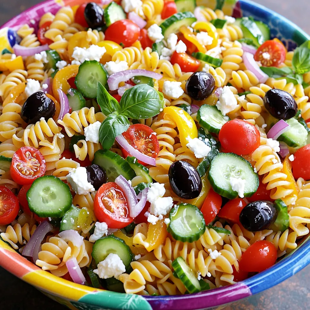 Here are all the ingredients you need for a tasty Quick Italian Pasta Salad: - 8 oz rotini pasta - 1 cup cherry tomatoes, halved - 1 cucumber, diced - 1 bell pepper, diced - ½ red onion, finely chopped - 1 cup black olives, sliced - ½ cup feta cheese, crumbled - ¼ cup fresh basil, chopped - ¼ cup olive oil - 2 tablespoons red wine vinegar - 1 teaspoon dried oregano - Salt and pepper to taste Gather these items before you start. The rotini pasta gives a nice twist to the salad. The fresh veggies add crunch and color. Cherry tomatoes burst with flavor, and feta cheese brings a creamy touch. Fresh basil adds a lovely aroma and ties everything together. Make sure to use good quality olive oil for the best taste. You can find the Full Recipe for more details on how to prepare this delicious dish. To start, boil water in a large pot. Add salt to the water for flavor. Once the water is boiling, add 8 oz of rotini pasta. Cook it until it is al dente, which means it should be firm but not hard. This usually takes about 7-10 minutes. After cooking, drain the pasta in a colander. Rinse it under cold water to stop the cooking process. This makes the pasta nice and cool for the salad. Next, grab your fresh vegetables. You will need 1 cup of cherry tomatoes. Cut them in half. Then, take 1 cucumber and dice it into small pieces. Next, chop 1 bell pepper of any color into cubes. For added flavor, finely chop ½ red onion. Finally, slice 1 cup of black olives. And don’t forget to crumble ½ cup of feta cheese. All these ingredients will add great taste and texture to your salad. Now, let’s make the dressing. In a small bowl, whisk together ¼ cup of olive oil, 2 tablespoons of red wine vinegar, and 1 teaspoon of dried oregano. Add salt and pepper to taste. Mix it well until it blends together nicely. In a large mixing bowl, combine the cooled rotini pasta with all the chopped vegetables and the crumbled feta cheese. Pour the dressing over the salad. Gently toss everything to coat all the ingredients evenly. This is where the magic happens! To finish, fold in ¼ cup of fresh basil. This adds a fresh, aromatic touch. It’s best to let the salad sit for at least 15 minutes before serving. This allows all the flavors to mix well. Enjoy your Quick Italian Pasta Salad! For the complete recipe, check out the Full Recipe section. To boost the flavor of your Quick Italian Pasta Salad, you can add more herbs. Fresh herbs like parsley or oregano work well. They add a burst of freshness. You can also try dried herbs like thyme or marjoram. Each herb brings its own unique taste. Using high-quality olive oil is key too. A good olive oil elevates the salad's overall flavor. Look for extra-virgin olive oil. It has a rich taste that enhances your dish. The oil adds depth to the dressing and complements the vegetables. For the best flavor, let the salad sit for about 15 minutes before serving. This time helps the flavors meld together. You will notice a big difference in taste. When it comes to presentation, serve the salad in a large, colorful bowl. Garnish with extra basil leaves and a sprinkle of feta cheese. This makes the dish look vibrant and inviting. Your guests will love the visual appeal as much as the taste! {{image_2}} You can add protein to your pasta salad for extra taste and nutrition. Here are some great options: - Grilled Chicken: Slice it into strips and mix it in. - Shrimp: Cooked shrimp adds a nice seafood touch. - Chickpeas: These are great for a vegetarian option. They add fiber and protein. Adding protein makes the dish more filling and satisfying. Feel free to swap out ingredients based on what you have at home. Here are some ideas: - Cheeses: Try mozzarella or goat cheese instead of feta. Each brings a unique flavor. - Vegetables: You can use spinach, artichokes, or zucchini. These add color and crunch. Mixing in different ingredients keeps the salad fresh and exciting. The dressing can change the whole flavor of your pasta salad. Here are some alternatives to try: - Pesto: It gives a rich, herby taste. - Italian Dressing: This can add a zesty kick. - Lemon Vinaigrette: A bright option to lighten the dish. Experimenting with dressings can help you find your favorite flavor profile. Don't be afraid to get creative! For the full recipe, refer to the section above. To keep your Quick Italian Pasta Salad fresh, store it in an airtight container. This will help keep the flavors intact and prevent any odors from getting in. Place it in the fridge right after serving. If you have leftovers, try to eat them within a few days for the best taste. In the fridge, this pasta salad lasts about 3 to 5 days. After that, the vegetables may lose their crunch. Always check for any signs of spoilage before eating. If it smells off or looks strange, throw it away. Can you freeze this salad? Yes, but it requires some care. Freeze only the pasta and vegetables, not the dressing. Mix the dressing fresh when you’re ready to eat. To freeze, place the pasta and veggies in a freezer-safe bag. Squeeze out all the air before sealing. To use, thaw in the fridge overnight and mix with the fresh dressing. Quick Italian Pasta Salad will stay fresh for about 3 to 5 days in the fridge. Store it in an airtight container. The flavors will deepen as it sits, making it even tastier. Just check for any signs of spoilage before eating. Yes, you can make this salad a day in advance. This allows the flavors to blend well. Just keep it in the fridge. If making it early, add fresh herbs like basil right before serving. This keeps them bright and fresh. If you don’t have rotini pasta, you can use penne, fusilli, or bowtie pasta. These shapes hold the dressing well and mix nicely with the veggies. Just cook any alternative pasta according to its package instructions. To make this recipe gluten-free, use gluten-free pasta. There are many good options available now. Always check the label to ensure that it meets your dietary needs. The rest of the ingredients are naturally gluten-free, making it easy to adapt. This blog post shows how to make a tasty Quick Italian Pasta Salad. You learned about the key ingredients, easy steps, and handy tips. We've also discussed variations and storage tips to extend freshness. Whether you add protein or use different veggies, the salad stays delicious. Try making it ahead for parties or meal prep. This salad is fun, simple, and a great dish for any table. Enjoy your cooking and impress your friends with this easy meal!