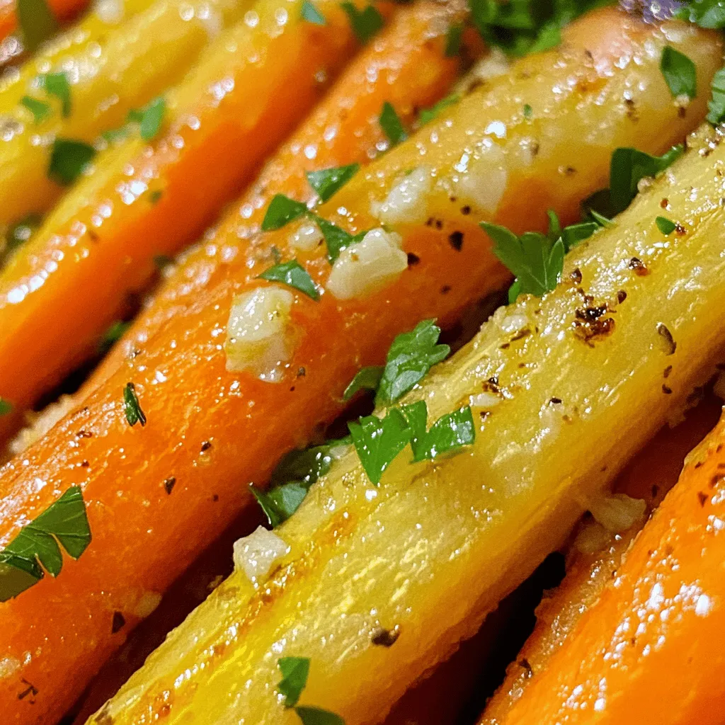 To make Garlic Herb Roasted Carrots, you need these simple ingredients: - 1 pound baby carrots (or regular carrots, peeled and cut into sticks) - 3 tablespoons olive oil - 4 cloves garlic, minced - 1 teaspoon dried thyme - 1 teaspoon dried rosemary - 1 teaspoon honey (optional for sweetness) - Salt and pepper to taste - Fresh parsley, chopped (for garnish) You can add a few fun twists to this dish. Consider using: - Fresh garlic instead of minced - Different herbs like basil or oregano - A splash of lemon juice for zest - Maple syrup instead of honey for a unique sweetness Let’s break down why these ingredients are great for you: - Carrots: Full of vitamins A and K. They help with eye health and boost your immune system. - Olive oil: A healthy fat that is good for your heart. It also adds flavor. - Garlic: Known for its health benefits, garlic can help reduce blood pressure and boost immunity. - Thyme: This herb has antioxidants and may help fight off illness. - Rosemary: It may improve digestion and memory. Plus, it smells amazing when cooked. - Honey: A natural sweetener that can give energy and has anti-inflammatory properties. - Parsley: High in vitamins C and K. It adds freshness and color to your dish. These ingredients not only taste great together, but they also offer many health benefits. With this recipe, you can enjoy a dish that is both delicious and good for you! For the full recipe, check the earlier section. To make Garlic Herb Roasted Carrots, start with fresh carrots. You can use baby carrots or regular ones. If you choose regular carrots, peel them and cut them into sticks. Gather these simple ingredients: - 1 pound baby carrots (or regular carrots, peeled and cut into sticks) - 3 tablespoons olive oil - 4 cloves garlic, minced - 1 teaspoon dried thyme - 1 teaspoon dried rosemary - 1 teaspoon honey (optional for sweetness) - Salt and pepper to taste - Fresh parsley, chopped (for garnish) In a large bowl, mix the olive oil, minced garlic, thyme, rosemary, honey, salt, and pepper. This mix will coat the carrots well. Next, preheat your oven to 425°F (220°C). After mixing the ingredients, add the carrots to the bowl. Toss them until they are fully coated in the herb mix. This step adds great flavor to the dish. Spread the carrots on a baking sheet lined with parchment paper. Make sure they are in a single layer. This helps them roast evenly. Roast the carrots for 20 to 25 minutes. Turn them halfway through cooking for even browning. You want them tender and slightly caramelized. Once the carrots are cooked, take them out of the oven. Let them cool for a few minutes. Then, transfer the carrots to a serving dish. For a nice touch, sprinkle fresh parsley on top. This makes the dish look bright and fresh. You can serve these tasty carrots as a side dish with chicken or fish. They also work great on a veggie platter. Want the full details? Check out the Full Recipe. To get the best roasted carrots, choose fresh ones. Baby carrots work well, but regular carrots are fine too. Make sure to cut them into even sticks. This helps them cook evenly. Toss your carrots well in the olive oil and herb mix. Spread them out on the baking sheet. If they are crowded, they will steam instead of roast. Aim for a single layer to get that nice caramelization. If you run out of garlic, you can use garlic powder instead. Use about 1/8 teaspoon for every clove. For herbs, fresh thyme or rosemary can replace dried ones. You can also try oregano or basil for a different taste. If you like a bit of heat, add a pinch of red pepper flakes. This will give your dish a spicy kick without losing that herb flavor. One common mistake is not prepping the carrots properly. Make sure to wash and peel them if needed. Another mistake is not seasoning enough. Taste your mix before adding the carrots. You want a good balance of salt and pepper. Lastly, don’t skip turning the carrots halfway through cooking. This step helps them cook evenly and develop that delicious golden color. For more guidance, check out the Full Recipe. {{image_2}} You can add more veggies to the garlic herb roasted carrots. Sweet potatoes work great. Just chop them like the carrots. Beets are another fun choice. They bring a deep color and flavor. You can also use parsnips for a sweet touch. Just remember to adjust cooking times for different veggies. Experiment with herbs to change the taste. Basil adds a fresh kick. Use fresh parsley for a bright flavor. Oregano can give a warm, earthy taste. You can also try dill for a unique twist. Mix and match to find your favorite blend. Boost the health factor with easy add-ins. Toss in some chopped kale or spinach. These greens cook down well and add nutrients. You can also sprinkle in some seeds like pumpkin or sunflower. They add crunch and healthy fats. Nuts like almonds or walnuts also work well. They add protein and make the dish heartier. For full details, check the Full Recipe. After enjoying your Garlic Herb Roasted Carrots, you may have some left. To store them, let the carrots cool down first. Then, place them in an airtight container. Keep the container in the fridge. They will stay fresh for about three to four days. This way, you can enjoy the flavors later. When you're ready to eat the leftovers, reheating is easy. Preheat your oven to 350°F (175°C). Spread the carrots on a baking sheet. Heat them for about 10 to 15 minutes. This method keeps them warm and tasty. You can also use the microwave if you're short on time. Just heat them in a bowl for one to two minutes. Stir halfway to ensure even warmth. If you want to prepare ahead, freezing is a great option. Start by letting the roasted carrots cool completely. Next, place them in a freezer-safe bag or container. Remove as much air as possible to avoid freezer burn. You can freeze them for up to three months. When you’re ready to eat, thaw in the fridge overnight. Then, reheat as mentioned above. This way, you can enjoy this delicious dish anytime! Yes, you can make Garlic Herb Roasted Carrots ahead of time. Just cook them and let them cool. Store them in an airtight container in the fridge. They stay fresh for up to three days. When you're ready to eat, simply reheat them in the oven. This keeps them warm and tasty. Garlic Herb Roasted Carrots go well with many meals. They complement roasted chicken or grilled fish nicely. You can also serve them with quinoa or rice dishes. The sweet and savory flavors balance well with rich meats or light salads. Try pairing them with a lemony pasta for a fresh twist. To serve more people, just double or triple the recipe. Use two or three pounds of carrots. Keep the amount of garlic and herbs the same, but feel free to taste and adjust as you cook. Spread the carrots across two baking sheets for even roasting. This way, everything cooks evenly and tastes great. Garlic herb roasted carrots are tasty and healthy. We covered the key ingredients, steps, and tips for success. You learned how to prep, roast, and serve carrots perfectly. Remember, customizing them with herbs adds fun flavors. Store leftovers well and enjoy them later. Lastly, don’t hesitate to try new variations for more nutrition. Cooking should be enjoyable, so have fun experimenting with this recipe!