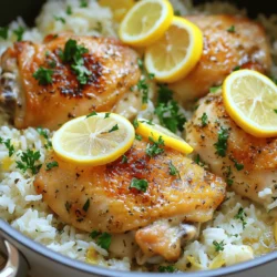 For this dish, you'll need: - 4 chicken thighs, skin-on and bone-in - 1 cup long-grain white rice - 2 cups chicken broth - 1 lemon, zested and juiced These main ingredients make the base of the dish. The chicken adds protein and flavor, while the rice absorbs all the tasty broth. To enhance the dish, gather these seasonings: - 4 cloves garlic, minced - 1 medium onion, chopped - 1 teaspoon dried oregano - 1 teaspoon dried thyme - 1 teaspoon paprika - ½ teaspoon salt - ¼ teaspoon black pepper - 2 tablespoons olive oil These seasonings provide depth. Garlic and onion work together to build flavor, while the herbs give a fresh, vibrant taste. Finally, for a beautiful finish, you will need: - Fresh parsley, chopped (for garnish) - Lemon slices (for garnish) Garnishes not only add color but also a burst of fresh flavor. The parsley adds a nice touch, and the lemon slices brighten every bite. For the full recipe, check out the detailed instructions on how to prepare this meal. Start by searing the chicken thighs. This step gives great flavor. Season the chicken with salt, pepper, paprika, oregano, and thyme. Heat olive oil in a large skillet over medium-high heat. When hot, place the chicken thighs skin-side down. Sear for 4-5 minutes until golden brown. Flip and sear for another 3-4 minutes. Remove the chicken and set it aside. This method locks in moisture and flavor. Next, add chopped onion and minced garlic to the same pan. The leftover oil and bits from the chicken add depth. Sauté for 2-3 minutes until the onions turn translucent and smell amazing. This step builds a strong base for your dish. The garlic and onion will mix well with the chicken and rice. Now it’s time to cook the rice. Add the long-grain white rice to the pan. Stir it with the onions and garlic for about 1 minute. This toasts the rice lightly. Then, pour in the chicken broth, lemon zest, and lemon juice. Mix well. Nestle the seared chicken back into the pan, skin-side up. Make sure it’s partially submerged in the broth. Bring everything to a simmer and cover. Reduce the heat to low and cook for 25-30 minutes. This method ensures the rice cooks perfectly, absorbing all the flavors. After cooking, let it rest for 5 minutes before fluffing the rice with a fork. For a fresh touch, garnish with parsley and lemon slices. Enjoy this comforting One-Pan Lemon Herb Chicken and Rice. You can find the Full Recipe for more details. To keep chicken thighs juicy, start with the right cut. I love using skin-on, bone-in thighs. These have more fat, which adds flavor. Sear them in hot olive oil. This locks in moisture and gives a nice, crispy skin. Cook them skin-side down first for about 4-5 minutes. Turn them to sear the other side for 3-4 minutes. This method helps keep the chicken tender and full of flavor. Want more flavor? Try adding fresh herbs. Basil, rosemary, or dill can work wonders. You can also mix in spices like cumin or coriander. These add depth and warmth to the dish. For a kick, use red pepper flakes. Just a pinch can elevate your meal. The lemon juice in the recipe brightens everything up, making it fresh and zesty. Cooking the rice well is key. Use a 2:1 ratio of broth to rice. This means 2 cups of chicken broth for 1 cup of rice. Make sure to stir the rice after adding the broth. This helps it absorb flavors. Cover the pan and cook on low heat for 25-30 minutes. Let it rest for a few minutes after cooking. This step makes the rice fluffy and perfect. For best results, fluff the rice gently with a fork before serving. Check out the Full Recipe for more details on how to create this delicious dish! {{image_2}} You can swap chicken thighs for chicken breasts if you prefer. Chicken breasts cook faster and have less fat. For grains, try quinoa or brown rice as a healthy option. Quinoa cooks quicker than brown rice, so adjust the liquid and time. These swaps keep the dish tasty and nutritious. Incorporating seasonal vegetables can brighten your dish. Try adding bell peppers, zucchini, or carrots. Chop them into small pieces and add them with the onion and garlic. This way, they cook evenly and absorb all the great flavors. You can also use green beans or peas for a pop of color. To create unique twists, play with spices and herbs. Add a pinch of cumin or coriander for a warm, earthy taste. Fresh herbs like rosemary or basil can give a fresh zing. You could also add a splash of soy sauce or hot sauce for extra depth. Experiment with these ideas to find your favorite flavor combination. For the full recipe, check out the detailed steps to make this delicious one-pan dish! After you make One-Pan Lemon Herb Chicken and Rice, let it cool. Store leftovers in an airtight container. It will stay fresh in the fridge for about 3 to 4 days. Make sure to label the container with the date. This helps you keep track of how long it’s been there. If you want to enjoy it later, refrigeration is key. To freeze this dish, first let it cool completely. Then, place it in a freezer-safe container or bag. Remove as much air as possible to prevent freezer burn. You can freeze it for up to 3 months. When you’re ready to eat, thaw it in the fridge overnight. This keeps the flavor and texture nice. Reheat your chicken and rice gently. You can use the microwave or a stove. If using the microwave, cover it with a lid or a damp paper towel. This helps keep it moist. If using the stove, add a splash of chicken broth or water. Heat it over low heat, stirring often. This way, it stays juicy and flavorful. This dish takes about 50 minutes in total. The prep time is around 10 minutes. Cooking the chicken and rice together requires about 30 minutes. This makes it a quick and easy weeknight meal. Yes, you can use boneless chicken. Boneless thighs will cook faster. If you use boneless breast, check the cooking time to avoid dry meat. Always ensure the chicken is fully cooked before serving. Many side dishes go well with this meal. Here are some ideas: - Steamed broccoli or green beans - A fresh garden salad - Roasted vegetables like carrots or zucchini - Garlic bread for a tasty twist These sides will balance the flavors and make your meal even better. Check out the Full Recipe for more details! In this blog post, we covered how to make One-Pan Lemon Herb Chicken and Rice. We shared key ingredients like chicken thighs and rice, along with herbs and spices for flavor. You learned step-by-step instructions for cooking juicy chicken and fluffy rice. Tips helped you enhance taste and achieve the best results. Overall, this dish is simple yet versatile. It’s perfect for weeknight dinners or cozy meals. Feel free to experiment with ingredients. Enjoy a tasty meal that’s easy to prepare and share!