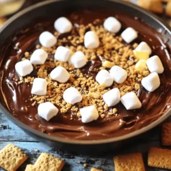 - 1 cup semi-sweet chocolate chips - 1 cup mini marshmallows - 1 cup graham cracker crumbs - 2 tablespoons unsalted butter, melted - 1 teaspoon vanilla extract - A pinch of sea salt - Extra graham crackers for dipping When I create my S'mores Dip, I focus on a few main ingredients. The semi-sweet chocolate chips give a rich, sweet base. Mini marshmallows add that classic fluff we all love. Lastly, graham cracker crumbs bring in that crunchy, buttery flavor. I also add a few extra ingredients to boost the flavor. Unsalted butter makes sure the chocolate mixes well and adds richness. Vanilla extract gives a warm, sweet note. A pinch of sea salt helps balance the sweetness. Don't forget the extra graham crackers; they are the perfect dippers for this treat. You can find the full recipe for this delightful dessert in the recipe section above. Enjoy making your S'mores Dip! - Preheat the oven to 400°F (200°C). - In a medium bowl, combine 1 cup of semi-sweet chocolate chips and 2 tablespoons of melted butter. Stir until smooth. This step is key. The butter helps the chocolate melt evenly, creating a creamy base. - Pour the chocolate mixture into a 9-inch oven-safe dish. - Spread it evenly. - Add 1 cup of mini marshmallows on top. - Sprinkle 1 cup of graham cracker crumbs over the marshmallows. Layering is important here. The marshmallows should cover the chocolate well. It ensures every bite has that perfect s'mores flavor! - Bake for 10-12 minutes or until the marshmallows turn golden brown. - Let the dip cool for a few minutes before serving. Cooling is crucial. This lets the dip set slightly, making it easier to scoop. For the full recipe, check out the details above. Enjoy this fun treat with friends or family! To make your S'mores Dip great, start with room temperature ingredients. This helps them mix well together. If you use cold ingredients, the chocolate and butter won't blend smoothly. Watch the dip closely while it bakes. Marshmallows can burn easily. You want them golden brown, not dark. Start checking around the 10-minute mark. I love to present my S'mores Dip right in the skillet. It looks fun and inviting! If you want a fancier touch, use a decorative dish. Pair the dip with assorted dippers. Fresh fruit slices, like strawberries or bananas, add a nice touch. You can also use extra graham crackers or even pretzels for a salty crunch. To make your S'mores Dip even better, add a splash of coffee or liqueur. This gives the dip extra depth and warmth. Don't be afraid to experiment with flavored chocolate. Try using dark chocolate or even mint chocolate. You can also add toppings like crushed nuts or candy for extra fun. For the full recipe, check back to the beginning of this article! {{image_2}} You can easily switch up your S'mores Dip with fun flavors. For a nutty twist, add chopped nuts like almonds or pecans. This gives a great crunch and extra taste. If you love peanut butter, mix in some creamy peanut butter. It adds a rich flavor that pairs well with chocolate. Not a fan of semi-sweet chocolate? No problem! You can use dark chocolate for a deeper taste. Milk chocolate offers a sweeter option if you like things on the sweeter side. Feeling adventurous? Try white chocolate for a unique treat. It’s creamy and adds a different flavor to your dip. Toppings can take your S'mores Dip to the next level. Crushed candy bars or toffee bits add sweetness and texture. You can also sprinkle a little sea salt on top. This enhances the chocolate flavor and balances the sweetness. Another fun option is cinnamon, which gives a warm, cozy taste. After enjoying your S'mores Dip, you might have some left. To keep it fresh, store it in an airtight container in the fridge. This will help keep the dip tasty for a few days. Just make sure the lid is tight to lock in the flavor. When you're ready to enjoy the dip again, you can reheat it. The best way to do this is in the oven or microwave. If using the oven, warm it at a low temperature. This will help keep the marshmallows soft. If you choose the microwave, do it in short bursts. This way, you avoid overheating it. Did you know you can freeze S'mores Dip? It’s true! If you want to enjoy it later, make sure to package it well. Use a freezer-safe container or bag. This will prevent freezer burn. When you’re ready to enjoy, let it thaw in the fridge overnight. Then reheat it as mentioned above. To make S'mores Dip in the oven, follow these steps. First, preheat your oven to 400°F (200°C). In a mixing bowl, combine 1 cup of semi-sweet chocolate chips and 2 tablespoons of melted butter. Stir until smooth. Add 1 teaspoon of vanilla extract and a pinch of sea salt. Mix well. Pour this chocolate mixture into a 9-inch oven-safe dish. Next, cover the chocolate with 1 cup of mini marshmallows. Sprinkle 1 cup of graham cracker crumbs on top. Bake for 10-12 minutes until the marshmallows are golden. Let it cool for a few minutes, and you’re ready to serve! You can find the step-by-step instructions in the Full Recipe. Yes, you can use various types of chocolate. Semi-sweet chocolate gives a classic flavor. Milk chocolate is sweeter and creamier. Dark chocolate adds a rich taste. Even white chocolate can create a unique twist. Each type can change the overall flavor, so feel free to experiment! You have many options for dippers! Graham crackers are a classic choice. Try fruit slices like apples or bananas for a fresh touch. Pretzels add a salty crunch. You can even use cookies for a fun twist. Mix and match to find your favorite pairings! To sum up, making S'mores Dip is easy and fun. Start with sweet chocolate chips, marshmallows, and graham crackers. Follow simple steps to bake and serve. Use my tips to enhance flavor and impress friends. Try different variations to keep it exciting. Your guests will love this treat! Enjoy sharing this classic comfort food at your next gathering.