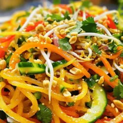 To make this spicy Thai noodle salad, you need the following items: - 200g rice noodles - 1 cup shredded carrots - 1 red bell pepper, julienned - 1 cucumber, thinly sliced - 1 cup bean sprouts - 1/4 cup fresh cilantro, chopped - 2 green onions, sliced - 1 red chili, finely chopped (adjust to taste) - 2 tablespoons sesame oil - 2 tablespoons soy sauce (low sodium) - 1 tablespoon lime juice - 1 tablespoon sugar or honey - 1 tablespoon crushed peanuts (for garnish) - Salt and pepper to taste You can swap some ingredients if you need. Here are a few ideas: - Rice noodles: You can use soba or udon noodles instead. - Red bell pepper: Try yellow or orange peppers for a sweeter taste. - Cucumber: Zucchini or yellow squash also work well. - Bean sprouts: You can use shredded cabbage for a crunch. - Peanuts: Sunflower seeds can replace peanuts if allergies are a concern. Fresh ingredients make the salad taste great. Here’s how to select the best: - Noodles: Choose rice noodles that feel firm and are not broken. - Vegetables: Look for bright colors and firm textures. Avoid soft spots. - Herbs: Use fresh cilantro with vibrant green leaves and no wilting. - Chili: Select chilies that are smooth and have a shiny skin. - Lime: Choose limes that feel heavy for their size and have a smooth skin. For the full recipe, refer to the detailed instructions provided earlier. Enjoy crafting this delicious salad! To start, you need to cook the rice noodles. First, bring a large pot of water to a boil. Once boiling, add the rice noodles. Cook them based on the package instructions, usually about 4 to 6 minutes. You want them to be tender, but still firm. When they are done, drain the noodles. Rinse them under cold water. This stops the cooking and keeps them from sticking. Set them aside for later. While the noodles cook, prepare your vegetables. Take the red bell pepper and slice it into thin strips, called julienne. Next, thinly slice the cucumber. For the carrots, use a grater or knife to shred them. Place all the cut vegetables into a large mixing bowl. This colorful mix will add great taste and crunch to your salad. Now, let’s make the dressing. In a small bowl, whisk together the sesame oil, soy sauce, lime juice, and sugar or honey. Add the finely chopped red chili to the mix. This will give your dressing a nice kick. Taste it, and if needed, add salt and pepper for more flavor. This dressing ties all the flavors together. With the noodles and vegetables ready, it’s time to combine them. In your mixing bowl, add the drained noodles to the vegetables. Pour the dressing over the top. Gently toss everything together. You want all the noodles and veggies to be well-coated with the dressing. This ensures every bite is full of flavor. For the final touch, transfer the salad to a serving platter or individual bowls. Top your spicy Thai noodle salad with fresh cilantro, sliced green onions, and crushed peanuts. The peanuts add a nice crunch. Serve this salad fresh for the best taste. Enjoy every spicy, crunchy bite! For the full recipe, check the details above. To enhance the flavor of your Spicy Thai Noodle Salad, use fresh ingredients. Fresh herbs like cilantro add a bright taste. Adding more lime juice can bring in a zesty kick. You can also mix in a splash of fish sauce for depth. If you love garlic, finely chop a clove and toss it in. Remember, balance is key. Adjust salt and sugar to suit your taste. You can make this salad ahead of time. Prepare the noodles and veggies, but keep the dressing separate. This way, the noodles don’t get soggy. When you’re ready to eat, mix everything together. The flavors will deepen as it sits. Store it in the fridge for up to two days. Just remember to add the toppings before serving. To adjust the spice levels, start with less chili. You can always add more if you want extra heat. If it’s too spicy, add more sugar or lime juice to balance it out. For a milder taste, consider using sweet chili sauce. This gives a nice flavor without too much heat. Always taste as you go. This helps you find your perfect spice level. For the full recipe, check out the detailed instructions provided above. {{image_2}} You can easily make this salad vegetarian or vegan. Just skip the fish sauce, which is not in the original recipe, and use more soy sauce instead. Add tofu for protein. Tofu absorbs flavor well. Use firm tofu, and grill or pan-fry it for a nice texture. Want to add protein? You have options! Grilled chicken is a great choice. Cook it with some spices for extra flavor. Shrimp is another tasty addition. Sauté shrimp until they turn pink. Tofu is perfect for a vegetarian meal. It adds protein and keeps the dish light. If you need a gluten-free option, use rice noodles made from brown rice. It's a healthy swap. Check labels for soy sauce that is gluten-free. You can also use tamari. This keeps your salad safe for gluten allergies while still being delicious. Store your spicy Thai noodle salad in an airtight container. This keeps it fresh and tasty. Make sure it cools down first if it’s warm. Place it in the fridge right away. The salad can last for about 2 to 3 days. If you have dressing left, store it separately. This keeps the noodles and veggies crisp. When reheating, I suggest using a pan on low heat. Add a splash of water or oil to help. This keeps the noodles from sticking together. Stir gently and heat until warm. Avoid using the microwave, as it can make the noodles mushy. Enjoy your salad warm, but cold is great too! The fresh veggies will last 3 to 5 days in the fridge. Store them in a cool place. Rice noodles can last months if kept dry. Check the package for best-by dates. After opening, use them within a few weeks. Peanut toppings should be fine for months when sealed well. If you can't find rice noodles, try using soba noodles, udon noodles, or even zoodles (zucchini noodles). Each will give a different taste and texture. Soba noodles have a nutty flavor, while udon noodles are chewy. Zoodles are a great low-carb option. Just make sure to cook or prepare them as needed. Yes, you can prepare this salad ahead. I recommend making the dressing and cutting the veggies a few hours before serving. Keep the noodles and dressing separate until you're ready to eat. This way, the noodles stay fresh and won’t get soggy. To reduce the heat, simply cut back on the red chili in the dressing. You can also replace it with a milder pepper, like a green bell pepper. Adding more sugar or honey can help balance the spice too. If you want extra crunch, add more veggies instead. Serve this salad chilled or at room temperature. It looks great in a big bowl or on individual plates. Top each serving with fresh cilantro, sliced green onions, and crushed peanuts for added flavor. This makes it fun and tasty for everyone! Yes, Spicy Thai Noodle Salad is quite healthy! It features fresh vegetables, which are full of vitamins. The rice noodles provide carbs for energy, while the dressing adds flavor without too many calories. You can make it even healthier by using less sugar and adding more veggies. For the full recipe, check out the link to create your own delicious version. We covered key ingredients for your Spicy Thai Noodle Salad, plus tasty substitutions. I shared tips for selecting fresh items and made your prep easy with step-by-step instructions. You can enhance the flavors and adjust spice levels to suit your taste. Whether you want veggie options or protein, there’s a version for everyone. Store leftovers properly to keep them fresh. Making this salad is simple and fun. Enjoy your delicious creation!