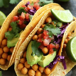 Let’s go over what you need to make these tasty crispy chickpea tacos. Each ingredient plays a vital role in building flavor and texture. Here’s the list: - 1 can (15 oz) chickpeas, drained and rinsed - 1 tablespoon olive oil - 1 teaspoon smoked paprika - 1 teaspoon cumin - 1/2 teaspoon garlic powder - 1/2 teaspoon onion powder - Salt and pepper to taste - 8 small corn or flour tortillas - 1 avocado, sliced - 1 cup shredded red cabbage - 1/2 cup pico de gallo (store-bought or homemade) - Fresh cilantro, for garnish - Lime wedges, for serving Using canned chickpeas is quick and easy. Rinsing them removes excess salt. Olive oil adds richness and helps the spices stick. Smoked paprika and cumin give that warm, earthy flavor. Garlic and onion powders add depth. For the tacos, you can choose between corn or flour tortillas. Both work well, but corn has a nice crunch. Don’t forget the toppings! Creamy avocado, crunchy cabbage, and fresh pico de gallo bring the dish together. Cilantro adds a fresh note, and lime juice brightens the flavors. For the full recipe, check out the details to make your tacos a hit! - Preheat the oven to 400°F (200°C). - Rinse and dry the chickpeas. - Mix chickpeas with olive oil and spices. To start, I preheat my oven to 400°F (200°C). This step is key for crispy chickpeas. Next, I rinse the chickpeas under cold water. After draining, I pat them dry with a paper towel. Removing moisture helps them crisp up nicely. In a bowl, I mix the chickpeas with olive oil and spices. I use smoked paprika, cumin, garlic powder, onion powder, salt, and pepper. This blend adds a great flavor. - Spread chickpeas on a baking sheet. - Roast for 25-30 minutes, stirring halfway. Next, I spread the chickpeas on a baking sheet. They should be in a single layer. Then, I roast them for 25 to 30 minutes. I stir them halfway through to ensure even cooking. When they are done, they should be golden brown and crispy. The aroma fills the kitchen, making it hard to wait! - Warm tortillas and fill with crispy chickpeas. - Add toppings and serve. While the chickpeas roast, I warm up my tortillas. I can use a skillet or a microwave. A quick minute on each side in a skillet works well. Once warm, I fill each tortilla with a scoop of crispy chickpeas. I top them with sliced avocado, shredded red cabbage, and pico de gallo. Fresh cilantro adds a nice touch. A squeeze of lime on top enhances the flavor. Enjoy these tacos as a vibrant and tasty meal! To make perfect crispy chickpeas, start by drying them well. Wet chickpeas won’t get crunchy in the oven. Use a paper towel to pat them dry. This step is key for great texture. Next, roast the chickpeas at 400°F (200°C). This hot temperature helps them get crispy. Roast them for about 25-30 minutes. Be sure to stir them halfway through. This ensures even cooking and browning. When done, they should be golden brown and crunchy. Spices can take your chickpeas to the next level. Try smoked paprika for a smoky taste. Cumin adds warmth, while garlic and onion powders boost flavor. Feel free to mix and match spices based on your taste. You can also use different oils for added flavor. Olive oil is great, but avocado or coconut oil works too. Each oil adds its own unique taste. Experiment to find your favorite combination! These tacos pair well with fresh sides. A simple salad or some rice can complement them nicely. You might also enjoy them with a side of beans. If you have leftovers, get creative! Use the crispy chickpeas in salads or grain bowls. You can even add them to soups for extra crunch. The possibilities are endless! For the full recipe, check out the main article. {{image_2}} You can switch up the protein in these tacos. Black beans make a great choice. They add a rich texture and taste. Lentils work well too. They are packed with nutrients and flavor. Tofu is another option. It adds protein and absorbs flavors well. Don't be afraid to get creative with sauces and toppings. Try spicy salsa or creamy dressing. You can also use seasonal veggies for a fresh twist. Think sweet corn in summer or roasted squash in fall. Each season brings new flavors to explore. If you need gluten-free options, try lettuce wraps. They add a nice crunch. You can also use different sizes of tortillas. Mini tortillas are fun for small bites. Bigger ones work well for generous fillings. Mix and match to find your favorite! To keep your leftover tacos fresh, store the crispy chickpeas and toppings separately. This helps maintain their texture. Use airtight containers for best results. Place the chickpeas in one container, and the avocado, cabbage, and pico de gallo in others. Store everything in the fridge. This way, your tacos stay tasty for up to three days. When reheating crispy chickpeas, use an oven or an air fryer. Set the oven to 350°F (175°C). Spread the chickpeas on a baking sheet and warm them for about 10 minutes. This keeps them crunchy. For tortillas, warm them in a skillet over medium heat for about 30 seconds on each side. You can also use a damp paper towel in the microwave for 20 seconds. Both methods work well without drying them out. Yes, you can freeze the chickpeas! Spread them on a baking sheet and freeze until solid. After that, transfer them to a freezer bag. This keeps them fresh for about three months. When you're ready to eat, reheat directly from frozen. Just add a few extra minutes to the oven time. Keep in mind, tortillas do not freeze well. It’s best to prepare them fresh. Yes, you can make these tacos in advance. Prep the chickpeas and store them. Roast them just before serving. Keep all toppings separate. This way, your tacos stay fresh and crunchy. Yes, these tacos work great for meal prep. The chickpeas last about five days in the fridge. Keep the tortillas and toppings separate. This helps them stay fresh longer. Absolutely! Canned chickpeas are perfect for this recipe. They save time and still taste great. Just make sure to rinse and dry them well. This helps get that crispy texture. If you don’t have avocado, try hummus or vegan sour cream. Both options add creaminess to the tacos. You can even use tahini for a unique taste. Yes, this recipe can be gluten-free. Look for corn tortillas or gluten-free flour tortillas. Brands like Mission and Udi's offer good options. Always check the labels for gluten-free certification. We explored how to create delicious crispy chickpea tacos. You learned about the key ingredients, preparation steps, and ways to enhance flavor. I shared tips for achieving the perfect crunch and ideas for storing leftovers. You have options, too! You can switch proteins, add seasonal veggies, or choose different tortillas. Enjoy making this nutritious meal that fits your lifestyle. These tacos are fun to prepare and even easier to share!
