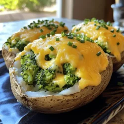 To make Broccoli Cheddar Stuffed Potatoes, gather the following items: - 4 large russet potatoes - 2 cups broccoli florets, chopped - 1 cup sharp cheddar cheese, grated - 1/2 cup sour cream - 1/4 cup milk (or plant-based alternative) - 2 tablespoons unsalted butter - 1 teaspoon garlic powder - 1/2 teaspoon onion powder - Salt and pepper to taste - Fresh chives or green onions for garnish You can swap some ingredients to fit your taste. For instance: - Use sweet potatoes instead of russets for a sweet twist. - Try a different cheese like mozzarella or gouda for varied flavor. - Replace sour cream with Greek yogurt for a tangy kick. - Opt for almond milk or oat milk if you need a dairy-free option. Each serving of these stuffed potatoes offers a good balance of nutrients. Here’s a quick look: - Calories: About 350 - Protein: 12 grams - Carbohydrates: 45 grams - Fat: 15 grams - Fiber: 5 grams These values can vary based on ingredient choices and portion sizes. Always check labels for specific numbers. For a full recipe, you can refer to the detailed instructions included above. Start by preheating your oven to 400°F (200°C). While it heats, scrub the russet potatoes under cold water. Dry them off well. Use a fork to prick each potato several times. This helps steam escape as they bake. Place the potatoes directly on the oven rack. Bake them for 45-60 minutes. You want the skin to be crispy and the inside to be soft. While the potatoes bake, it’s time to cook the broccoli. Bring a pot of salted water to a boil. Add the chopped broccoli florets and cook for about 3-4 minutes. You want them bright green and tender. Once done, drain the broccoli and cool it down with cold water. In a mixing bowl, combine the cooked broccoli with grated cheddar cheese, sour cream, milk, butter, garlic powder, onion powder, salt, and pepper. Stir until everything mixes well. After baking, remove the potatoes from the oven. Let them cool for a few minutes. Slice each potato lengthwise, but don’t cut all the way through. Carefully scoop out some of the inside, leaving room for the filling. Add the scooped potato flesh to the bowl with the broccoli mix. Stir everything together. Now, stuff each potato skin with the broccoli-cheddar mix. Pack it in well. If you like, sprinkle more cheese on top. Return the stuffed potatoes to the oven and bake for an extra 10-15 minutes. Look for the cheese to be melted and bubbly. Once done, take them out and let them cool slightly. Garnish with chopped chives or green onions. Enjoy your delicious Broccoli Cheddar Stuffed Potatoes! For the complete process, check the Full Recipe. To bake perfect potatoes, choose large russet potatoes. They have a fluffy inside. Scrub them well to remove dirt. Prick each potato with a fork to avoid bursting. Bake them at 400°F (200°C) for 45-60 minutes. The skin should be crispy, and the inside should feel soft. Check doneness by inserting a fork. If it goes in easily, they’re ready. For a creamy filling, use sour cream and butter. These ingredients add richness. Mix the cooked broccoli with grated sharp cheddar cheese. The cheese melts well and adds flavor. If you want extra creaminess, add more milk. Stir until everything is well combined. This step is key for that smooth texture. To get that perfect crispy skin, bake the potatoes directly on the oven rack. This helps circulate heat. After baking, let them cool for a few minutes. When you scoop out the flesh, leave some behind. This helps keep the skin sturdy. If you want extra crispiness, return the stuffed potatoes to the oven for 10-15 minutes. This browns the cheese and makes the skin delightful. For the full recipe, check out the detailed steps earlier. {{image_2}} You can change the cheese for a new taste. Try using gouda for a smoky flavor. Mozzarella gives a nice stretch. For a sharp kick, use pepper jack. If you like creaminess, go for cream cheese. These choices make your stuffed potatoes unique. Adding protein boosts the meal. Cooked chicken or turkey blends well with the filling. You could mix in crispy bacon for extra flavor. For a meat-free option, try chickpeas or lentils. These additions make your potatoes heartier and more filling. If you want a vegetarian twist, use ricotta instead of cheddar. For a vegan version, swap the cheese for a plant-based option. Use cashew cream for richness and a dairy-free sour cream. With these swaps, you keep the taste while making it friendly for all diets. After enjoying your Broccoli Cheddar Stuffed Potatoes, let any leftovers cool. Place them in an airtight container. Keep the container in the fridge. They should stay fresh for up to three days. Make sure you don't leave them out for too long. Bacteria can grow if food sits at room temperature. To reheat, use the oven for the best results. Preheat your oven to 350°F (175°C). Place the stuffed potatoes on a baking sheet. Cover them with foil to keep moisture in. Heat for about 15-20 minutes, or until warm. You can also use a microwave. Heat on medium for 2-3 minutes, but the potatoes may not be as crispy. If you want to save some for later, freezing is a great option. Wrap each stuffed potato in plastic wrap. Then, place them in a freezer-safe bag. They can last for up to three months in the freezer. When you're ready to eat, thaw them in the fridge overnight. Reheat as described above for a tasty meal. For the full recipe, visit the link provided. Broccoli Cheddar Stuffed Potatoes can last about 3 to 5 days in the fridge. Make sure to store them in an airtight container. This keeps them fresh and tasty. Always check for any signs of spoilage before eating. If they smell off or look strange, it's best to throw them away. Yes, you can make these stuffed potatoes in advance. Prepare the filling and stuff the potatoes. Then, cover them well and store in the fridge. You can bake them later when you are ready to eat. This saves time and is great for busy days. You can use many vegetables in your stuffing. Here are some tasty options: - Spinach - Cauliflower - Carrots - Peppers - Mushrooms Feel free to mix and match based on your taste. Just remember to chop them small so they blend well with the cheese. Each veggie adds a new flavor and texture to the dish. In this blog post, I covered how to make broccoli-cheddar stuffed potatoes. You learned the key ingredients, easy steps to prepare, and tips for perfect results. I shared ideas for different cheeses and proteins to customize your dish. Plus, you now know how to store leftovers and reheat them. These stuffed potatoes are tasty and filling. Enjoy your cooking and make this dish your own!