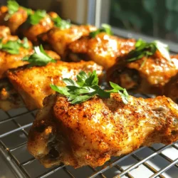 - Chicken Wings: 2 pounds of fresh or thawed chicken wings. - Baking Powder: 2 tablespoons for crispiness. - Salt: 1 teaspoon to enhance flavor. - Black Pepper: 1 teaspoon for a bit of spice. - Garlic Powder: 1 teaspoon for savory taste. - Onion Powder: 1 teaspoon for depth of flavor. - Smoked Paprika: 1 teaspoon for a smoky kick. - Cayenne Pepper: ½ teaspoon (or adjust for heat). - Olive Oil: 2 tablespoons to help spices stick. - Lime Juice: 1 tablespoon for a fresh zing. - Optional: Fresh herbs like parsley or cilantro for garnish. Getting the right mix of these ingredients is key. The baking powder helps achieve that golden and crispy skin. The spices add layers of flavor that make every bite delicious. If you want to change things up, fresh herbs can add a nice touch. You can find the [Full Recipe] to guide you through the steps. 1. Preheat your oven to 425°F (220°C). 2. Line a large baking sheet with aluminum foil. 3. Place a wire rack on top of the foil. This helps air flow for crispiness. 4. In a large bowl, mix the dry ingredients: - 2 tablespoons baking powder - 1 teaspoon salt - 1 teaspoon black pepper - 1 teaspoon garlic powder - 1 teaspoon onion powder - 1 teaspoon smoked paprika - ½ teaspoon cayenne pepper (adjust for heat preference) 5. Make sure to mix well so all spices blend evenly. 6. Pat the chicken wings dry with paper towels. This step is key for crispiness. 7. Add the wings to the bowl with the spice mix. 8. Drizzle 2 tablespoons of olive oil and 1 tablespoon of lime juice over the wings. 9. Toss the wings until every piece is coated in the spice blend. 1. Arrange the wings in a single layer on the wire rack. 2. Make sure the wings don't touch each other. This helps them cook evenly. 3. Bake in the preheated oven for 40-45 minutes. 4. Flip the wings halfway through cooking for even crispiness. 5. Once they turn golden brown and crispy, take them out of the oven. 6. Let the wings rest for a few minutes. This keeps them crispy. 7. Garnish with fresh herbs if you like. Serve hot with your favorite dip. For a full recipe, check the Crispy Baked Chicken Wings with Zesty Spice Blend. To get your wings super crispy, start by patting them dry. Use paper towels to soak up any moisture. If the wings are wet, they won’t crisp up well. This is a key step! Next, use baking powder wisely. It helps create that crunchy texture we all love. When mixed with the spices, it draws moisture out and makes the skin crisp. Just be sure to mix it evenly with your seasonings for the best result. For dipping sauces, try classic choices like ranch or blue cheese. You can also go for a spicy buffalo sauce if you like heat. These will enhance the flavor of your wings perfectly. Pair your wings with sides for a full meal. Celery sticks and carrot sticks are great for crunch. You can add a simple salad or fries for extra fun. This combo makes for a perfect game day feast or a cozy dinner at home. For the full recipe, check out the section above. {{image_2}} You can play with flavors to make your wings unique. For a sweet touch, try honey and soy sauce. Mix these in a bowl and toss your wings before baking. This adds a nice glaze. You can also use a dry spice rub. Combine different spices like cumin, turmeric, or lemon pepper for a zesty kick. After baking, toss your wings in sauce for more flavor. Classic choices include buffalo sauce, barbecue sauce, or teriyaki sauce. This adds moisture and a burst of taste. You can even mix sauces for a fun twist. Try a buffalo-barbecue blend for something special! Baking chicken wings gives a crispy texture while keeping them healthier. You can also fry or air fry them. Frying gives a crunchy texture but adds more fat. Air frying is a great middle ground. It cooks wings quickly and uses less oil. Adjust the cooking time, as air fryers often cook faster than ovens. If your oven runs hot or cold, check the temperature. Ovens can vary, so you might need to adjust by 5 to 10 degrees. Use an oven thermometer for the best results. This helps ensure your wings come out perfectly crispy every time. For the full recipe, check back to the cooking steps provided. To keep your leftover wings fresh, place them in an airtight container. This helps prevent sogginess. You can refrigerate them for up to three days. If you want to save them for longer, freezing is a great option. Place them in a freezer-safe bag. Remove as much air as possible. Frozen wings can last up to three months. To re-crisp your wings, use the oven. Preheat it to 400°F (200°C). Place the wings on a baking sheet. Bake for about 10-15 minutes. This will make them crispy again. You can also use a microwave, but it may change the texture. To keep some crispiness, place a paper towel on the plate. Heat them for short intervals, about 30 seconds at a time. Check them often, so they don't overcook. Wings can turn out soggy for several reasons. Here are some common mistakes to avoid: - Not drying the wings: Moisture prevents crispiness. Always pat the wings dry with paper towels. - Too much oil: Using too much oil can make wings greasy. Stick to the recipe for the right amount. - Overcrowding the pan: When wings touch, they steam instead of bake. Arrange them in a single layer. - Wrong baking temperature: Make sure your oven is set to 425°F (220°C). This high heat helps achieve that crispy skin. If you follow these tips, you’ll enjoy perfectly crispy wings every time! Yes, you can use frozen wings! Here’s how to prepare them: - Thawing: Always thaw wings in the fridge overnight. This keeps them safe and helps them cook evenly. - Cooking adjustments: If wings are still a bit frozen, add 5 to 10 extra minutes to the baking time. Just make sure they reach an internal temperature of 165°F (75°C). - Drying: After thawing, pat the wings dry. This step is still key for crispiness. So, feel free to grab those frozen wings and enjoy! A variety of sauces can enhance your baked wings. Here are some popular choices: - Buffalo Sauce: This classic adds a spicy kick. Mix hot sauce with melted butter for a simple recipe. - Ranch Dressing: Creamy and cool, ranch is a fan favorite. You can buy it or make your own using yogurt, herbs, and spices. - BBQ Sauce: Sweet and tangy, BBQ sauce is great for a different flavor. Try making a homemade version with ketchup, brown sugar, and vinegar. - Honey Mustard: This mix of sweet and tangy is easy to whip up. Just blend honey with mustard to taste. Explore these sauces to find your favorite pairing with crispy baked chicken wings! This blog post covered everything you need to make perfect baked chicken wings. We discussed the important ingredients and seasoning, simple steps to prepare and cook them, and helpful tips for achieving that perfect crunch. We also explored various flavor options, side dishes, and how to store leftovers properly. In the end, enjoying great wings is all about flavor and crispiness. With these guidelines, you can make delicious wings every time. Now, it's your turn to try them out!
