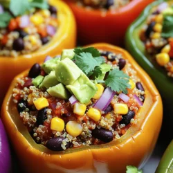 - 4 large bell peppers (any color) - 1 cup quinoa, rinsed - 2 cups vegetable broth - 1 can (15 oz) black beans, rinsed and drained - 1 cup corn kernels (fresh, frozen, or canned) - 1 small red onion, diced - 2 cloves garlic, minced - 1 teaspoon cumin - 1 teaspoon smoked paprika - 1 teaspoon chili powder - Salt and pepper to taste - 1 cup crushed tomatoes (canned or fresh) - 1 avocado, diced (for topping) - Fresh cilantro, chopped (for garnish) These ingredients make a vibrant and tasty meal. The bell peppers serve as a colorful shell. Quinoa adds protein and texture. Black beans give fiber and richness. Corn brings sweetness, while spices add warmth. The crushed tomatoes bind the filling together and add moisture. Fresh toppings like avocado and cilantro elevate the dish. This meal is packed with nutrients. Quinoa is a complete protein. Black beans are full of fiber, which keeps you full. Bell peppers are high in vitamins A and C. Corn adds antioxidants. Overall, this dish supports a balanced diet. You can whip up this meal in only 50 minutes. The prep time is 15 minutes, and cooking takes 35 minutes. This makes it a quick choice for dinner. You can enjoy a healthy, homemade meal without spending all evening in the kitchen. For the full recipe, check out the Vibrant Vegan Stuffed Bell Peppers. Start by preheating your oven to 375°F (190°C). Cut the tops off the bell peppers and remove the seeds. This step is key! You want the peppers to hold the filling well. Place them cut-side up in a baking dish, ready for stuffing. In a medium saucepan, bring 2 cups of vegetable broth to a boil. This adds great flavor! Once boiling, add 1 cup of rinsed quinoa. Lower the heat to a simmer and cover the pot. Let it cook for about 15 minutes. The quinoa is ready when it is fluffy, and all the liquid is absorbed. After cooking, remove it from heat and set aside. In a large skillet over medium heat, add a splash of water or olive oil. Sauté the diced red onion until it turns translucent, about 5 minutes. Then, add 2 cloves of minced garlic and sauté for one more minute until it smells great. Next, stir in 1 can of rinsed black beans and 1 cup of corn. Add 1 teaspoon of cumin, 1 teaspoon of smoked paprika, and 1 teaspoon of chili powder. Don’t forget to season with salt and pepper to taste. Mix everything well and let it cook for another 3-4 minutes. Now, add the cooked quinoa and 1 cup of crushed tomatoes to the skillet. Stir until all the ingredients blend well. This mixture will be the tasty filling for your peppers. Stuff the prepared bell peppers tightly with the quinoa mixture. Cover the baking dish with aluminum foil and bake for 25 minutes. After that, remove the foil and bake for an extra 10-15 minutes. The peppers should be tender and ready to serve! Let them cool slightly before topping with diced avocado and fresh cilantro. Enjoy your vibrant vegan stuffed bell peppers! For the complete recipe, check out the Full Recipe. To make stuffed peppers, pick fresh, colorful bell peppers. Cut off the tops and remove seeds. This step helps them cook evenly. Pre-cook the filling to add flavor. Mixing in spices boosts taste. Pack the filling tightly for a hearty bite. Bake until tender, but don’t overcook. The goal is a soft pepper with a warm, flavorful center. Use spices like cumin, chili powder, and smoked paprika. These add warmth and depth to your dish. Don’t be afraid to taste as you go. Adjust the salt and pepper to fit your taste. You can also mix in fresh herbs like cilantro or parsley for a fresh touch. You can add more veggies to the filling. Try diced zucchini, mushrooms, or spinach. These add texture and nutrients. Mixing in different colors makes your dish more appealing. You can also use leftover vegetables. Just chop them up and toss them in. Serve your stuffed peppers with a side salad for a fresh crunch. A dollop of vegan sour cream adds creaminess. You can also offer avocado slices on the side for healthy fats. Enjoy with crusty bread for a complete meal. For a twist, try topping with salsa or hot sauce. {{image_2}} When it comes to vegan stuffed bell peppers, the options are endless. You can switch things up to fit your taste or needs. Let's explore some variations. These stuffed peppers are great for gluten-free diets. The main filling uses quinoa, which is naturally gluten-free. Avoid any sauces or extras with gluten. This way, you keep your meal safe and tasty. If you miss cheese, try vegan cheese. It melts well and adds creaminess. You can fold it into the filling or sprinkle it on top before baking. Look for brands made from nuts or soy for a rich flavor. Want to switch up your grain? You can use farro, rice, or barley. Each grain has its own flavor and texture. This change can make your stuffed peppers unique each time. For a nutty taste, try farro. For a lighter option, use rice. Toppings can take your dish to the next level. Try adding fresh avocado on top for creaminess. Chopped cilantro adds a burst of flavor. You can also sprinkle some lime juice for a zesty kick. For extra crunch, add crushed tortilla chips or nuts. These toppings make your meal not only tasty but also beautiful. Explore these variations to find your favorite. You can mix and match until you create your perfect vegan stuffed bell peppers. For the full recipe, check the link above! After you enjoy your vegan stuffed bell peppers, let them cool down. Place any leftovers in an airtight container. They will stay fresh for up to four days in the fridge. If you want to keep them longer, freezing is a great option. To reheat, you can use the oven or microwave. For the oven, preheat it to 350°F (175°C). Place the stuffed peppers in an oven-safe dish and cover with foil. Heat for about 20 minutes, or until warm. In the microwave, place the peppers on a safe plate. Heat for 2 to 3 minutes, checking every minute to avoid overcooking. If you want to freeze your stuffed peppers, it’s best to do it before baking. After stuffing them, wrap each pepper in plastic wrap and then in foil. They can last in the freezer for up to three months. When you're ready to eat, thaw them overnight in the fridge. Bake them in the oven at 375°F (190°C) for about 30 to 35 minutes. Enjoy your meal from the freezer! For the full recipe, check out the details above. To make vegan stuffed bell peppers, you need to follow several steps. First, you prepare your bell peppers by cutting off the tops and removing the seeds. Then, cook quinoa in vegetable broth until fluffy. Next, sauté diced onion and minced garlic in a pan. Add black beans, corn, spices, and crushed tomatoes to the pan. Mix in the cooked quinoa. Stuff the bell peppers with this mixture. Bake them at 375°F until tender. For the full recipe, check above. Yes, you can use other vegetables! Zucchini, eggplant, or tomatoes work well. Just make sure they can hold the filling. Cut them in half or hollow them out. This way, you can enjoy the same tasty filling with a different veggie twist. Vegan stuffed bell peppers pair well with many sides. A simple green salad adds freshness. You can also serve quinoa or brown rice for extra carbs. Roasted vegetables or a light soup can round out the meal nicely. Choose sides that complement the flavors of the peppers. Cooked stuffed peppers can last about 3 to 5 days in the fridge. Store them in an airtight container to keep them fresh. If they start to smell or look strange, it’s best to throw them away. Absolutely! You can make the filling a day or two ahead. Just store it in the fridge until you’re ready to stuff the peppers. This saves time and makes meal prep easier. Just remember to let it cool before storing. In this blog post, we explored how to make delicious stuffed bell peppers using wholesome ingredients. We covered each step, from prepping the peppers to baking them to perfection. You learned about their nutritional benefits and tips for perfecting your dish. These stuffed peppers are versatile, tasty, and easy to customize. Enjoy making them for your next meal, and don’t forget to try different fillings and toppings. You’ll love the results and benefits they bring.