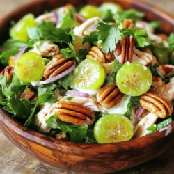 - 2 cups cooked chicken breast - 1/2 cup pecans - 1/2 cup green grapes - 1/4 cup celery - 1/4 cup red onion - 1/2 cup Greek yogurt (or mayonnaise) - 1 tablespoon apple cider vinegar - 1 tablespoon honey - Salt and pepper to taste - Fresh parsley for garnish In this recipe, the main ingredients shine bright. You start with cooked chicken. I often use rotisserie chicken for ease. The pecans add a great crunch. Toast them for more flavor. The green grapes bring a sweet touch. Their juiciness balances the dish. Next, we add some crunch and flavor with celery and red onion. They give texture and a nice bite. For the creamy part, we use Greek yogurt or mayonnaise. I love Greek yogurt for its tangy taste and health benefits. Now, the seasoning is key. The apple cider vinegar and honey create a nice balance. Salt and pepper enhance all the flavors. Fresh parsley adds a pop of color and freshness. For the full recipe, refer to the earlier section. Get ready to mix these tasty ingredients and create a delightful salad! Start by gathering your ingredients. In a large bowl, combine 2 cups of cooked chicken breast, 1/2 cup of toasted and chopped pecans, 1/2 cup of halved green grapes, 1/4 cup of finely chopped celery, and 1/4 cup of finely chopped red onion. This mix brings a nice crunch and flavor. Next, prepare the dressing. In a small bowl, whisk together 1/2 cup of Greek yogurt, 1 tablespoon of apple cider vinegar, 1 tablespoon of honey, and salt and pepper to taste. This dressing adds creaminess and a hint of sweetness. Pour the dressing over the chicken mixture. Toss gently until all ingredients are coated evenly. Cover the bowl with plastic wrap and refrigerate for at least 30 minutes. This allows the flavors to blend nicely. Before serving, give the salad a gentle stir. You can garnish it with fresh parsley if you like. For a beautiful presentation, serve the salad on a bed of mixed greens or in hollowed-out tomato cups. This makes the dish look fancy while keeping it simple. Enjoy your Pecan Chicken Salad! To make your pecan chicken salad shine, start by adjusting seasoning to your taste. A pinch of salt can bring out the flavors. You might also want to add a dash of pepper or a squeeze of lemon. Using freshly toasted pecans adds a warm, nutty flavor. Toast them in a pan for a few minutes. Just watch closely, so they don’t burn. This step makes a big difference in taste. Want a quick meal? Use rotisserie chicken instead of cooking your own. This saves time and still tastes great. Just shred or chop it before mixing. You can also pre-chop your ingredients. Doing this in advance helps you throw the salad together fast. Chop celery, onion, and grapes, and store them in the fridge. For deeper flavor, let your salad chill longer in the fridge. This helps all the ingredients blend well. If you can, let it sit for an hour or more. Don’t be afraid to experiment with herbs. Adding dill or tarragon can add a fresh twist. These herbs give the salad a bright, lively taste. Enjoy crafting your own unique version of this dish! {{image_2}} You can switch things up by using different fruits. If you don’t have grapes, try using apples or cranberries. Both add a nice crunch and a sweet taste. You can also slice strawberries and mix them in for a fresh twist. The bright color and flavor of strawberries can make your salad pop! If you want to change the nuts, walnuts or almonds work great. They add a different flavor and texture to the salad. For a nut-free option, consider using sunflower seeds. They still give you that crunch without any nuts. Feeling adventurous with your dressing? Swap Greek yogurt for sour cream. This change gives a creamier texture and a different taste. You can also try using various vinegars, like balsamic, to add a unique flavor. Each option brings its own special touch to the dish. For the full recipe of this delightful salad, check out the [Full Recipe]. To keep your pecan chicken salad fresh, store it in an airtight container. This helps keep the flavors and moisture locked in. The salad is best eaten within 3-4 days. After that, the texture may change, and flavors can fade. I do not recommend freezing chicken salad. Freezing changes the texture of the chicken and other ingredients. If you want to meal prep, store the ingredients separately. This way, you can mix them fresh when you are ready to eat. Always check your salad for off smells. If it smells strange, it is best to toss it. Also, look for changes in texture. If the salad seems slimy or dry, do not eat it. When in doubt about freshness, discard the salad. Your health is more important! Yes, it can be prepared a day in advance. This dish tastes even better when the flavors mix overnight. Just store it in the fridge. When you're ready to serve, give it a quick stir. You can serve Pecan Chicken Salad with many sides. Here are some ideas: - Mixed greens for a fresh crunch. - Whole-grain bread for a hearty touch. - Crackers for a fun snack. - Sliced veggies for a healthy option. Pecan Chicken Salad is quite healthy. It has lean protein from chicken and healthy fats from pecans. A serving usually has around 300 calories, but this can vary. The Greek yogurt adds protein and less fat than mayonnaise. Plus, the grapes and veggies give you vitamins and fiber. You can easily adjust the recipe for dietary needs. For a gluten-free option, skip the bread. Use gluten-free crackers or veggies instead. If you want a low-carb dish, reduce the grapes or leave them out. You can also swap Greek yogurt with a dairy-free alternative. This blog post covered how to make a delicious pecan chicken salad. We explored main and additional ingredients, seasoning tips, and easy steps for prep. You learned about storage and ways to add your twist. For a tasty and healthy dish, feel free to mix ingredients or adjust flavors. With these tips, you can create a salad that suits your taste perfectly. Enjoy your cooking and the tasty meals that follow!
