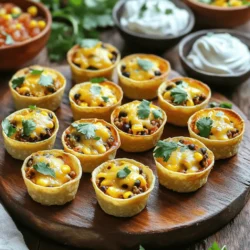 - 1 lb ground turkey or beef - 1 tablespoon olive oil - 1 small onion, finely chopped - 2 cloves garlic, minced - 1 packet taco seasoning - 1 cup black beans, drained and rinsed - 1 cup corn kernels (fresh or frozen) - 1 cup shredded cheese (cheddar or a blend) - Mini tortilla cups - Fresh cilantro, chopped - Sour cream and salsa To create Oven-Baked Taco Bites, you need simple, fresh ingredients. I love using ground turkey or beef for the filling. Ground turkey is leaner, while beef has a richer flavor. You can choose based on your taste. Olive oil gives a nice touch when you sauté the onions and garlic. The onion adds sweetness, and the garlic adds depth. These two work together like a dream, making your kitchen smell amazing! Taco seasoning is key here. It brings all the flavors together. I like to use a packet for convenience, but you can mix your own spices if you prefer. Black beans and corn add texture and nutrition. They make this snack hearty but still light. You can use fresh or frozen corn based on what you have. Finally, cheese! I like to use a blend of cheddar for its sharpness, but any shredded cheese works well. It melts beautifully and adds creaminess to each bite. For serving, mini tortilla cups are a must. They hold everything together and add a nice crunch. Don't forget fresh cilantro, sour cream, and salsa for garnishing. They add freshness and flavor to your Taco Bites. For the full recipe, you can check the detailed instructions above. - Preheat the oven to 375°F (190°C). - In a large skillet, heat 1 tablespoon of olive oil over medium heat. - Add 1 small onion, finely chopped. Sauté for about 3-4 minutes. - Stir in 2 cloves of minced garlic. Cook for 1 minute until fragrant. - Add 1 lb of ground turkey or beef to the skillet. - Cook until browned, breaking it apart, about 5-7 minutes. - Mix in 1 packet of taco seasoning, 1 cup of black beans, and 1 cup of corn. - Cook for another 3-4 minutes until everything is heated through. - Remove from heat and fold in half of the shredded cheese. - Place mini tortilla cups on a baking sheet. - Spoon the filling mixture into each cup, packing it gently. - Top each filled tortilla cup with the remaining cheese. - Bake in the preheated oven for 12-15 minutes until cheese is melted and bubbly. Follow these steps for a tasty treat! You can find the Full Recipe for more details. You can change the protein in this recipe. Try using chicken or a plant-based meat. Each option gives a new taste. To add some heat, sprinkle in chili powder or cayenne pepper. These spices wake up the flavors and make the bites exciting. For best results, make sure the meat browns evenly. This step helps lock in flavor. When filling the tortilla cups, don’t pack them too tightly. This allows the taco bites to cook evenly and stay crispy. Serve the taco bites warm. This way, the cheese melts and is gooey. Add fresh toppings like diced tomatoes, avocados, or shredded lettuce for extra crunch. For side dishes, consider serving with a simple salad or tortilla chips. These pair well and make for a fun meal. Enjoy your delicious taco bites! If you want to see the full recipe, check out the [Full Recipe]. {{image_2}} You can make Oven-Baked Taco Bites fit your diet. For gluten-free options, choose corn tortilla cups. They work great instead of regular flour ones. If you want a vegetarian version, use meat alternatives like lentils or textured vegetable protein. These swaps keep the taco bites tasty and satisfying. Feel free to play with the ingredients. You can use different types of cheese like pepper jack for a spicy kick. If you want to swap beans, try using pinto beans or chickpeas instead. These changes keep the recipe fresh and fun. Adding veggies to the filling can enhance taste. Consider bell peppers, zucchini, or spinach for extra crunch and nutrition. You can also experiment with different taco seasonings. Try spicy chipotle or smoky paprika to change the flavor profile. Each variation brings a new twist to your taco bites. For the full recipe, check out the earlier section. To store leftover taco bites, let them cool down first. Place them in an airtight container. This keeps them fresh and tasty. I recommend using glass or plastic containers with tight lids. They help avoid any unwanted odors in your fridge. Leftover taco bites can last for up to three days. If you want to freeze taco bites, first let them cool completely. Then, place them in a single layer on a baking sheet. Freeze them for about an hour. This step helps keep them from sticking together. After that, transfer the bites to a freezer-safe bag. Remove as much air as you can. Taco bites can stay good in the freezer for up to three months. When you're ready to eat them, you can use either the oven or microwave. The oven is best for keeping the bites crispy. Preheat your oven to 350°F (175°C). Place the taco bites on a baking tray and heat for about 10 minutes. If you use the microwave, heat them in 30-second bursts. This keeps them moist but may make them a bit soft. To keep the bites crispy, you can cover them with foil while reheating in the oven. For the full recipe, check out the earlier section. Oven-Baked Taco Bites stay fresh for about 3 to 4 days in the fridge. Store them in an airtight container to keep them tasty. If you want to save them longer, you can freeze them. In the freezer, they last for up to 3 months. Just make sure to wrap them well to avoid freezer burn. Yes, you can prep these bites ahead of time! You can cook the filling and store it in the fridge. Just keep it in a sealed container. You can also assemble the taco bites and place them on a baking sheet. Cover them with plastic wrap and store them in the fridge for up to a day. When you're ready, just pop them in the oven! If you can't find mini tortilla cups, don't worry! You can use small flour or corn tortillas. Cut them into smaller circles and then shape them into cups using a muffin tin. You can also use phyllo dough for a crispy twist. Another option is to serve the filling in lettuce cups for a fresh, low-carb choice. You now have a great recipe for Oven-Baked Taco Bites. We've covered the key ingredients, step-by-step cooking methods, and tips for serving. You can easily adjust this recipe to suit your needs or preferences. Whether you want to make it vegetarian or need gluten-free options, the possibilities are endless. Store leftovers properly for later enjoyment. Cooking can be fun and easy with this snack. Now, gather your ingredients and try making these bites today!