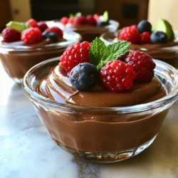 To make this rich and creamy dessert, gather these ingredients: - 2 ripe avocados, pitted and peeled - 1/2 cup unsweetened cocoa powder - 1/2 cup maple syrup (or agave syrup) - 1/4 cup almond milk (or any plant-based milk) - 1 teaspoon vanilla extract - Pinch of salt - 1/4 cup melted dark chocolate (dairy-free) - Fresh berries and mint leaves for garnish (optional) Each ingredient plays a key role in achieving the perfect texture and flavor. The avocados give creaminess, while cocoa powder gives that rich chocolate taste. When picking avocados, choose ripe ones that feel slightly soft when pressed. They should have smooth skin, free of dark spots. Quality cocoa powder truly elevates this pudding. Opt for unsweetened, high-quality cocoa for the best flavor. The maple syrup or agave syrup should be pure for a natural sweetness. If you can, use organic almond milk. It adds a nice touch to the pudding. You can easily swap some ingredients if needed. For example, if you don’t have maple syrup, agave syrup works great. You can also use any plant-based milk you prefer, like soy or oat milk. If you want a nut-free option, try coconut milk. For added flavor, you can use vanilla bean paste instead of extract. If you’re not a fan of dark chocolate, try using vegan chocolate chips. These simple swaps let you customize this vegan chocolate avocado pudding to your taste. For the full recipe, check out the detailed instructions. First, gather all your ingredients. You need ripe avocados, unsweetened cocoa powder, maple syrup, almond milk, vanilla extract, salt, and melted dark chocolate. Ripe avocados are key. They should be soft to the touch. This ensures a creamy pudding. Measure your ingredients carefully. This makes blending easier and faster. Now, it’s time to blend! Start by placing the avocados in your blender or food processor. Add in the cocoa powder, maple syrup, almond milk, vanilla extract, and a pinch of salt. Blend on high speed until the mixture is smooth and creamy. If your blender struggles, pause to scrape down the sides. This helps everything blend evenly. Once smooth, slowly pour in the melted dark chocolate. Blend again until it mixes well. Taste your pudding. If you want it sweeter, add a little more maple syrup. Blend for a few more seconds to combine. Transfer your luscious pudding into serving bowls. Cover them with plastic wrap or a lid. Place them in the fridge for at least 30 minutes. This chilling time helps the pudding thicken. When ready to serve, take them out. You can garnish with fresh berries or mint leaves for a pop of color. Enjoy your vegan chocolate avocado pudding! For the complete recipe, refer to the Full Recipe section above. To get a creamy and smooth pudding, start with ripe avocados. They should feel soft but not mushy. When you blend, use a high-speed blender or food processor. This helps break down the avocados well. If the mixture is too thick, add a little more almond milk. Blend again until it’s velvety. Taste is key! After blending, try a spoonful. If it needs more sweetness, add a bit more maple syrup. Blend again for a few seconds. Keep tasting until it feels just right. You can also swap maple syrup with agave syrup if you want a different flavor. Presentation makes dessert special. For this pudding, I love using fresh berries and mint leaves. They add color and freshness. You can also sprinkle some cocoa powder on top. Try adding a few dark chocolate shavings for extra flair. For the full recipe, visit [Full Recipe]. Enjoy making your vegan chocolate avocado pudding! {{image_2}} You can add fun flavors to your pudding. Try adding a shot of espresso for a rich coffee taste. You can also mix in spices like cinnamon or cayenne for a warm kick. A dash of sea salt can highlight the chocolate flavor nicely. Each tweak can make this dessert feel new and exciting. If you want to change the sweetener, maple syrup works great, but you can use agave syrup too. For a sugar-free option, try using stevia or monk fruit sweetener. When it comes to milk, almond milk is my go-to, but oat milk or coconut milk can be used instead. Each milk will change the taste a bit, so feel free to experiment! While serving in bowls is classic, you can get creative. Try using small cups or shot glasses for a fun twist. Layer the pudding in a parfait with granola or fruits. You can also pipe it into a pie crust for a unique dessert. The options are endless, and each presentation adds to the fun of enjoying this tasty treat. For the full recipe, check out [Full Recipe]. To keep your vegan chocolate avocado pudding fresh, store it in an airtight container. This helps prevent air from entering and keeps it creamy. Make sure to cover the surface with plastic wrap if you don't have a lid. This will stop the pudding from turning brown. You don’t need to reheat this pudding. It tastes best when chilled. If you want it warm, gently heat it in a saucepan over low heat. Stir it often to avoid cooking the pudding. This pudding lasts about 3 to 5 days in the fridge. If you want to store it longer, you can freeze it. Place it in a freezer-safe container. It will stay good for up to 3 months. When you want to eat it, thaw it overnight in the fridge. Stir well after thawing to regain the creamy texture. For the best results, enjoy it fresh. You can find the full recipe to make this delightful treat anytime. To make this pudding sugar-free, swap the maple syrup with a sugar-free sweetener. Options like stevia or erythritol work well. Start with a small amount and adjust to taste. Remember, the sweetness level may vary between sweeteners. Always blend until smooth to keep the creamy texture. Yes, you can make this pudding without a blender. Use a fork or potato masher to mash the ripe avocados until smooth. Then, mix in the cocoa powder, maple syrup, and almond milk. Stir well until everything is combined. It may take a bit longer, but it can still be delicious! You can use frozen avocados, but you must thaw them first. Place them in the fridge overnight or run them under warm water. Once thawed, drain any excess water. This will help keep the pudding smooth. Then, follow the recipe as usual for a tasty treat. For the complete recipe, check the Full Recipe section! This blog post covered how to make vegan chocolate avocado pudding. We explored the best ingredients, methods for prep, and blending tips. I shared ideas for flavor and sweetener swaps. I also included storage info and FAQs for common questions. With this pudding, you can enjoy a creamy and rich dessert without guilt. Remember, experimenting with spices or different milks can bring your creation to the next level. Enjoy your journey to making the perfect vegan treat!