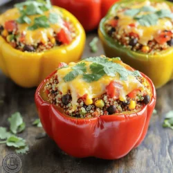 To make savory stuffed bell peppers, you need: - 4 large bell peppers (red, yellow, or green, tops cut off and seeds removed) - 1 cup cooked quinoa - 1 cup black beans, drained and rinsed - 1 cup corn (frozen or fresh) - 1 cup diced tomatoes (fresh or canned) - 1 small red onion, finely chopped - 2 cloves garlic, minced - 1 teaspoon ground cumin - 1 teaspoon smoked paprika - 1 teaspoon chili powder - 1 cup shredded cheese (cheddar or pepper jack) - Salt and pepper to taste - 2 tablespoons olive oil - Fresh cilantro or parsley for garnish You can change some ingredients if needed. Here are some ideas: - Instead of quinoa, use rice or couscous. - Use kidney beans or pinto beans instead of black beans. - Frozen corn works well, but you can also use peas. - If you don’t have fresh tomatoes, canned tomatoes are a great swap. - Any onion type works. Yellow or white onions are fine. - For cheese, try mozzarella or feta for a different taste. Each stuffed pepper is packed with nutrients. Here’s a quick look: - Calories: About 350 per pepper - Protein: Roughly 15 grams - Carbohydrates: Around 45 grams - Fiber: About 10 grams - Fat: Approximately 15 grams These peppers are not just tasty; they are also healthy. They offer protein, fiber, and vitamins. Enjoy a delicious meal without the guilt. For the full recipe, check out the steps to create these delightful stuffed bell peppers. First, gather your ingredients. You need bell peppers, quinoa, black beans, corn, diced tomatoes, red onion, garlic, spices, cheese, olive oil, and seasonings. Preheat your oven to 375°F (190°C). Next, cut the tops off the bell peppers and remove the seeds. Rinse the black beans and prepare your vegetables by chopping the onion and mincing the garlic. In a skillet, heat the olive oil over medium heat. Add the chopped onion and minced garlic. Sauté for about 3-4 minutes until the onion looks clear. In a large bowl, mix cooked quinoa, black beans, corn, diced tomatoes, and the onion-garlic mix. Add cumin, smoked paprika, chili powder, and half the cheese. Stir well and season with salt and pepper. Stuff each bell pepper with this tasty mixture. Pack it tightly to hold everything inside. Place the stuffed peppers upright in a baking dish. If they lean, trim the bottoms a bit. Cover your dish with foil and bake for 25 minutes. After that, take off the foil, add the rest of the cheese on top, and bake for another 10-15 minutes. The cheese should melt and the peppers should be soft. When done, take them out of the oven and let them cool. Garnish with cilantro or parsley. Enjoy this flavorful dish with family or friends! For the full recipe, check out the details above. To get the best peppers, choose ones that are firm and vibrant. Cut the tops off and remove the seeds. Next, cook them in boiling water for 3-5 minutes. This softens them and helps with even cooking. After boiling, put them in an ice bath to stop the cooking. This method keeps the peppers bright and fresh. Spice up your stuffed peppers with extra flavor. Add more spices like oregano or cilantro. You can also mix in some diced jalapeños for heat. If you want a savory kick, a splash of hot sauce works wonders. Don't forget to taste your filling before stuffing the peppers. Adjust salt and pepper as needed for the best taste. One common mistake is overcooking the peppers. This makes them mushy and unappealing. Also, don’t pack the filling too tightly. Leave some space for the filling to expand while cooking. Another mistake is skipping the cheese topping. It adds a delicious layer of flavor. Follow the Full Recipe to ensure you avoid these pitfalls. {{image_2}} You can customize your stuffed peppers with different fillings. For a meat option, use ground beef or turkey. Brown the meat in a skillet before mixing it with the other ingredients. For a vegetarian version, stick with quinoa, beans, and veggies. A vegan option can use plant-based proteins like lentils or tofu. Feel free to add spices and herbs to match your taste. Cheese adds creaminess and flavor. Cheddar is a classic choice that melts well. Pepper jack gives a spicy kick. You can also try mozzarella for a mild taste. For a dairy-free option, use vegan cheese made from nuts or soy. Just remember, the type of cheese can change the dish's texture and flavor. Seasonal ingredients can brighten your dish. In summer, add fresh basil, zucchini, or diced bell peppers to the filling. In fall, consider adding pumpkin or sweet potatoes to give a warm taste. You can also use seasonal herbs like sage or thyme. These changes can make your stuffed peppers unique and exciting! For the full recipe, check out the complete guide on making savory stuffed bell peppers. To store your savory stuffed bell peppers, let them cool first. Place them in an airtight container. Keep them in the fridge. They will stay fresh for about 3 to 5 days. If you want, you can also wrap them tightly in plastic wrap. This helps keep them moist. When you reheat your stuffed peppers, use the oven for the best results. Preheat your oven to 350°F (175°C). Place the peppers on a baking dish. Cover them with foil to keep them from drying out. Heat for about 20 minutes. You can also use the microwave. Just place one pepper on a plate and heat for 2 to 3 minutes. To freeze your stuffed bell peppers, let them cool completely. Wrap each pepper in plastic wrap. Then, place them in a freezer-safe bag. You can freeze them for up to 3 months. When you want to eat them, thaw them in the fridge overnight. Then, reheat them in the oven or microwave as mentioned above. Enjoy your meal anytime! For the full recipe, check the earlier section. To reheat stuffed peppers, place them in a baking dish. Preheat your oven to 350°F (175°C). Cover the dish with foil to keep the peppers moist. Bake for about 20 minutes. You can also use the microwave. Place the peppers on a microwave-safe plate. Heat them for about 2-3 minutes, checking for warmth. Both methods work well to keep flavors intact. Yes, you can make stuffed peppers ahead of time. Prepare the filling and stuff the peppers. Then, store them in the fridge for up to two days. You can also freeze them. Wrap each stuffed pepper tightly in plastic wrap. Place them in a freezer bag and freeze for up to three months. Just remember to thaw them in the fridge before baking. Savory stuffed bell peppers pair well with many sides. Here are some ideas: - A fresh green salad with lemon vinaigrette - Garlic bread for a crunchy texture - Rice or quinoa on the side for added carbs - Roasted vegetables for extra flavor - A dollop of sour cream for creaminess For the full recipe, visit the section above. You learned all about making stuffed peppers, from ingredients to cooking tips. You found ingredient swaps and nutritional info to customize your dish. Remember to follow the steps for perfect cooking and avoid common mistakes. Get creative with fillings and cheeses based on the season. Store leftovers properly to enjoy later. With the right approach, stuffed peppers can be a tasty and fun meal. Now it's time to cook and impress with your delicious creation.
