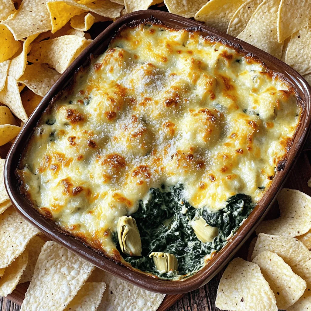 - 1 cup fresh spinach, chopped - 1 cup canned artichoke hearts, drained and chopped - 1 cup cream cheese, softened - 1/2 cup sour cream - 1/2 cup mayonnaise - 1 cup shredded mozzarella cheese - 1/4 cup grated Parmesan cheese - 2 cloves garlic, minced - 1 teaspoon onion powder - Salt and pepper to taste - Optional: sliced baguette or tortilla chips for serving Gathering your ingredients is the first step to making this creamy spinach artichoke dip. Fresh spinach gives a nice green color and a healthy touch. The artichoke hearts add a unique flavor and texture that pairs perfectly with the creamy base. For that rich and velvety texture, the cream cheese plays a vital role. Sour cream and mayonnaise enhance the creaminess, while mozzarella offers that stretchy, cheesy goodness. Don’t forget the Parmesan! It adds a sharp taste that balances all the flavors. Garlic and onion powder give it that savory kick. Finally, season with salt and pepper to bring everything together. If you want, serve it with sliced baguette or tortilla chips for dipping. You will find that these ingredients come together to create an irresistible cheesy treat. For the full recipe, check the details above! - Preheat your oven to 350°F (175°C). - In a large mixing bowl, combine cream cheese, sour cream, and mayonnaise. To start, preheating the oven helps your dip cook evenly. Mixing cream cheese, sour cream, and mayonnaise makes a smooth base. This blend gives the dip its creamy texture, which you will love. - Mix in shredded mozzarella and grated Parmesan cheese. - Add chopped spinach, artichoke hearts, minced garlic, onion powder, salt, and pepper. Next, adding mozzarella and Parmesan brings a cheesy flavor. These cheeses melt beautifully, making the dip extra rich. Stir in fresh spinach and artichoke hearts to add color and taste. Garlic and onion powder give it a nice kick. Be sure to season with salt and pepper for extra zing. - Transfer the mixture to a greased baking dish. - Bake for 25-30 minutes or until hot and bubbly. Now, pour the mixture into a greased baking dish. This step keeps it from sticking. Bake the dip for 25-30 minutes. You want it to be hot and bubbly, with a slightly golden top. This baking time allows the flavors to blend perfectly. For the full recipe, check out the details above. Enjoy your creamy spinach artichoke dip warm! To make the best creamy spinach artichoke dip, start with softened cream cheese. This step helps the cheese mix easily with other ingredients. If your cream cheese is cold, it will be hard to blend. Once mixed, stir the ingredients gently. This keeps the texture smooth and fluffy. Serving this dip warm makes it extra tasty. You can pair it with sliced baguette or fresh vegetable sticks. Both options let you scoop up every bit of cheese and flavor. For an extra touch, garnish your dip with more grated Parmesan. It adds a nice flavor boost and looks great. Want to change things up? Try adding red pepper flakes for a spicy kick. This little addition makes the dip more exciting. You can also use different cheese varieties like Gouda or Cheddar. This twist adds depth to the flavor and keeps things interesting. For the full recipe, check out the details above. {{image_2}} When you want to shake things up, try these tasty variations of creamy spinach artichoke dip. Each one adds a unique twist to the classic recipe. For this dip, swap out some spinach for sautéed mushrooms. The mushrooms add a rich, earthy flavor that blends nicely with the creamy texture. Just sauté about one cup of mushrooms in a bit of olive oil until soft. Then mix them in with the other ingredients. This will create a delightful new taste. Want a plant-based option? Use cashew cream and vegan cheeses. To make cashew cream, soak one cup of cashews in water for a few hours. Blend them with a little water until smooth. This creamy base works great in the dip. Use your favorite vegan cheeses to keep it cheesy and delicious. For a fun twist, add black beans and diced jalapeños. This gives the dip a spicy kick and a hearty texture. Just mix in one cup of drained black beans and one diced jalapeño before baking. This version is perfect for those who love bold flavors. These variations keep the essence of the original dip while adding new flavors. You can experiment with what you like best! To keep your creamy spinach artichoke dip fresh, cool it completely. Once cool, place it in an airtight container. This step helps keep it safe and tasty. When you’re ready to enjoy leftovers, you can reheat them easily. Use the oven or microwave. Heat until warm throughout. This will bring back that delicious cheesy goodness. If you want to save some dip for later, freezing is a great option. Freeze it in portions so you can thaw only what you need. When ready, thaw it in the refrigerator before heating. It’s that simple and convenient! Leftovers can be stored for up to 3 days in the refrigerator. This makes it easy to enjoy again. Just keep it in an airtight container. The dip stays tasty for a few days. Yes, prepare the dip and store it in the fridge. You can bake it before serving. This helps when you have guests. You can save time and still serve a hot dip. Best served with baguette slices, tortilla chips, or fresh veggies. These options add great flavor and crunch. You can mix and match to please everyone. Enjoy the dip with your favorite snacks! This blog post covered fresh and dairy ingredients for a delicious Spinach Artichoke Dip. I shared easy steps to prepare and bake your dip, plus tips for perfecting it. You can customize this dip with new flavors or make a vegan version. Remember to store leftovers properly to enjoy later. Overall, this dip is tasty and versatile, perfect for any gathering. Enjoy your cooking journey!