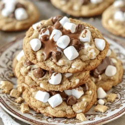 - 1 cup unsalted butter - 1 cup brown sugar, packed - 1/2 cup granulated sugar - 2 large eggs - 1 teaspoon vanilla extract - 2 1/4 cups all-purpose flour - 1 teaspoon baking soda - 1/2 teaspoon salt - 1 cup semi-sweet chocolate chips - 1 cup mini marshmallows - 1 cup crushed graham crackers The key ingredient here is unsalted butter. Browning this butter gives the cookies a rich, nutty flavor. Brown sugar adds moisture and a deeper taste. The chocolate chips and marshmallows bring that classic s'mores vibe. The graham crackers add crunch and a delightful texture. You can use gluten-free flour if you need a gluten-free option. Almond flour or coconut flour can work well. For dairy-free needs, try using coconut oil instead of butter. Dairy-free chocolate chips are also great alternatives. Just check the labels to ensure they're truly dairy-free. For those who prefer grams, here are some handy conversions: - 1 cup unsalted butter = 227 grams - 1 cup brown sugar = 220 grams - 1/2 cup granulated sugar = 100 grams For accurate measurements, use a kitchen scale. It ensures you get the right amount each time. Make sure to level off your measuring cups for dry ingredients to avoid overpacking. This helps your cookies turn out just right! To brown the butter, start by melting it in a medium saucepan. Use medium heat for best results. Stir the butter constantly as it melts. Watch closely until it turns a golden brown color. This takes about 5 to 7 minutes. You will smell a nutty aroma when it’s ready. Remove it from the heat right away to avoid burning. If it burns, you need to start over. Next, mix the wet ingredients. In a large bowl, whisk the browned butter with brown sugar and granulated sugar. Blend them until the mixture is smooth. Add in eggs one at a time, then pour in the vanilla extract. Mix until everything is well combined. In another bowl, whisk together the dry ingredients. This includes flour, baking soda, and salt. Slowly add the dry mixture to the wet ingredients. Stir until just combined. Be careful not to over-mix. Chilling the cookie dough is very important. Cover the bowl with plastic wrap and place it in the fridge. Chill for at least 30 minutes to 1 hour. This helps the cookies hold their shape when baked. Preheat your oven to 350°F (175°C). Line two baking sheets with parchment paper for easy clean-up. Use a cookie scoop or tablespoon to portion the dough. Place the dough on the baking sheets, leaving about 2 inches between each cookie. Bake the cookies for 10 to 12 minutes. Look for the edges to be lightly golden, while the centers remain soft. This is the sign that your cookies are perfectly baked. Once done, cool the cookies on the baking sheets for 5 minutes. Then, transfer them to wire racks to cool completely. You can find the full recipe for these delightful treats in the earlier sections. Chilling the dough is key. It helps the cookies hold their shape. I like to chill mine for at least an hour. This gives you a chewy center and crisp edges. For chewier cookies, you want to bake for less time. If you prefer them crispier, let them bake a bit longer. A sprinkle of sea salt can really boost the flavor. It adds a nice contrast to the sweet chocolate and cookies. You can also mix in different types of chocolate. Try dark chocolate or even white chocolate for a fun twist. Each type brings its own taste and feel to your cookies. Avoid over-mixing your dough. This can make your cookies tough instead of soft. Another common problem is underbaking. If the cookies look too soft, give them a minute more. Lastly, watch your oven temperature. An oven that is too hot can burn the edges while leaving the middle raw. For the complete steps, check out the Full Recipe and get baking! {{image_2}} You can make your Brown Butter S'mores Cookies even more exciting with different mix-ins. Try using various types of chocolate, like white chocolate or dark chocolate. Each type adds its own unique flavor. If you love nuts, consider adding chopped walnuts or pecans. They add a nice crunch and depth to the cookie. Dried fruits like cranberries or cherries can also work well. They bring a sweet and tangy twist. Seasonal flavors can give your cookies a fun twist. For fall, try pumpkin spice. Just add pumpkin puree and a mix of warm spices. During winter, peppermint can create a cheerful holiday treat. Crush peppermint candies and mix them into the dough for a refreshing flavor. You can create themed cookies for any occasion, making them perfect for parties or gatherings. Want to make a lighter version? You can reduce the sugar in the recipe. Use less brown sugar and granulated sugar without losing flavor. Another idea is to add healthy ingredients like oats. Oats not only boost nutrition but also add texture. You can swap some of the flour for oats to keep the cookies chewy. This way, you can enjoy a treat that feels a bit healthier. Check out the Full Recipe for more details on how to make these tasty cookies! To keep your Brown Butter S'mores Cookies fresh, use an airtight container. These cookies taste best when soft and chewy. You can also layer them with parchment paper to avoid sticking. Store them at room temperature for a week. For extra softness, add a slice of bread to the container. The bread will help keep the cookies moist. You can freeze both unbaked and baked cookies. For unbaked cookies, scoop the dough onto a baking sheet. Freeze the dough for about an hour, then transfer the balls to a zip-top bag. For baked cookies, let them cool completely before freezing. Wrap each cookie in plastic wrap, then place them in a bag. To thaw, just leave the cookies at room temperature for about 30 minutes. For baked cookies, you can also warm them in the oven at 350°F for a few minutes. Brown Butter S'mores Cookies last up to a week at room temperature. After that, they may start to lose their flavor and texture. Look for signs like a dry or hard texture. If they smell off or have visible mold, it’s best to toss them. Enjoy these delightful treats while they are at their best! Yes, you can make these cookies ahead of time. Here’s how: - Chill the Dough: After mixing, chill the dough for 30 minutes. - Shape and Freeze: Scoop the dough into balls and freeze them. - Bake Later: When ready, bake straight from the freezer. Just add a minute or two to the baking time. If you want a different texture, try these options: - Toasted Coconut: It gives a nice chewiness and flavor. - Caramel Bits: They add sweetness and a gooey texture. - Meringue Cookies: Use these for a crunch that mimics the fluffiness of marshmallows. Look for these signs: - Edges: They should be lightly golden. - Centers: They should still look soft and slightly underbaked. - Touch: Gently press the center, and it should spring back. Absolutely! Here are some fun ideas: - Peanut Butter: Add a swirl of peanut butter for a rich flavor. - Mint Extract: A few drops can make a refreshing twist. - Espresso Powder: This adds depth and enhances chocolate flavor. For the complete recipe, check the Full Recipe. You learned how to make delicious Brown Butter S'mores Cookies. We covered key ingredients and swaps, plus tips for perfect texture and flavor. Now, you can create variations to suit your taste. Remember to store them well to keep them fresh. With these methods, you can bake amazing cookies every time. Enjoy your baking journey and share your tasty treats with others!