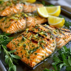 To make Lemon Herb Grilled Salmon, gather these key ingredients: - 4 salmon fillets (about 6 ounces each) - 1 lemon (zested and juiced) - 3 tablespoons olive oil - 2 cloves garlic, minced - 1 teaspoon dried oregano - 1 teaspoon dried thyme - 1 teaspoon dried parsley - Salt and black pepper to taste These ingredients create a bright and fresh flavor. Salmon is the star here, while lemon adds a nice zing. Garlic and herbs bring depth to each bite. You can enhance this dish with these optional ingredients: - Fresh herbs for garnish (like dill or basil) - A pinch of red pepper flakes for heat - Honey for a touch of sweetness Adding fresh herbs as a garnish can make your dish pop. A bit of red pepper can give it a kick, and honey balances the tartness if you prefer. Salmon is not just tasty; it is also good for you. Here are some health benefits: - Rich in omega-3 fatty acids, which support heart health - High in protein, helping to build and repair tissues - Loaded with vitamins like B12 and D, important for energy and bones Eating salmon regularly can improve your well-being. It supports your heart, brain, and overall health. Plus, it pairs well with the bright flavors in this dish. For the full recipe, check out the instructions above. To start, gather your ingredients. You need lemon juice, lemon zest, olive oil, garlic, and herbs. Combine these in a bowl. Mix well to blend all the flavors. This marinade adds a bright taste to the salmon. The lemon gives it a fresh kick. The herbs bring depth and aroma. This step is key to making your salmon flavorful. Next, take your salmon fillets. Place them in a shallow dish. Pour the marinade over the fish, making sure it covers each piece. Cover the dish with plastic wrap. Now, let the salmon rest in the fridge. Aim for at least 30 minutes. If you have time, go for 2 hours. A longer marinate time deepens the flavor. When it’s time to grill, preheat your grill to medium-high heat. If you use a grill pan, place it on medium heat. Remove the salmon from the marinade. Let any extra marinade drip off. Place the salmon skin-side down on the grill. Grill for about 5-7 minutes on each side. The exact time will depend on the thickness of your fillets. You want the salmon to be cooked through and flaky. Use a fork to check. It should easily break apart. For the full recipe, refer to the earlier section. Enjoy your delicious Lemon Herb Grilled Salmon! To get great grill marks, start with a hot grill. Preheat it to medium-high. Make sure to oil the grill grates lightly. This helps prevent sticking. Place the salmon skin-side down on the grill. Do not move it for the first few minutes. This allows the fish to sear and form marks. After about five minutes, you can check for grill marks. If they look good, flip the salmon. Cook it for another five minutes to finish. One common mistake is not marinating long enough. For the best flavor, marinate for at least 30 minutes. Another mistake is flipping the salmon too often. This can cause it to break apart. Also, do not overcook your salmon. It should be moist and flake easily. A quick check with a fork can help you see if it’s done. Lastly, avoid using a cold grill. Starting with a cold grill can lead to uneven cooking. To know if your salmon is cooked, use a fork. Gently press the top; it should flake easily. If it still feels tough, give it more time. Another way is to check the color. Cooked salmon will change from a bright pink to a lighter shade. The center should still be slightly translucent. If you have a thermometer, aim for an internal temperature of 145°F. This ensures it is safe to eat. For more details on making this dish, check the Full Recipe. {{image_2}} You can switch up the flavors of your lemon herb grilled salmon with different seasonings. Try using fresh dill or basil for a bright taste. You can also add a splash of soy sauce or honey for a sweet twist. If you like heat, add red pepper flakes to the marinade. Each of these options brings a new layer of flavor to the dish. Choosing the right side dish can enhance your meal. Fresh, crunchy salads go well with the salmon. Consider a simple cucumber and tomato salad. You can also serve it with roasted vegetables like asparagus or zucchini. Quinoa or rice can add a hearty touch. These sides balance the light, zesty flavors of the fish. Grilling is fun, but you can cook salmon in other ways too. Baking in the oven is easy. Simply place the marinated salmon on a baking sheet and cook at 400°F (200°C) for about 12-15 minutes. The air fryer is another great option. Cook the salmon at 375°F (190°C) for about 8-10 minutes. Each method gives you a delicious meal while keeping it simple. For the full recipe, check out the details above. After you enjoy your Lemon Herb Grilled Salmon, store any leftovers right. Place the salmon in an airtight container. This helps keep it fresh. You can store it in the fridge for up to three days. Make sure to let it cool completely before you seal the container. This keeps moisture from building up inside. When you're ready to eat the leftovers, reheat them gently. The best way to do this is in the oven. Preheat your oven to 275°F (135°C). Place the salmon on a baking sheet. Cover it with foil to keep it moist. Heat it for about 10-15 minutes, or until warm. This method helps keep the salmon tender and tasty. You can also use a microwave, but it may dry out the fish. If you use the microwave, cover the salmon with a damp paper towel to keep it moist. If you have more salmon than you can eat, freezing is a good option. Wrap each salmon fillet tightly in plastic wrap. Then, place the wrapped fillets in a freezer bag. Make sure to remove as much air as possible. You can freeze the salmon for up to three months. To use frozen salmon, thaw it in the fridge overnight before cooking. This helps it maintain its flavor and texture. For quick thawing, you can also place it in a sealed bag under cold running water for about an hour. You should marinate the salmon for at least 30 minutes. This time allows the flavors to sink in. If you have more time, marinate it for up to 2 hours. This longer time gives the salmon an even richer taste. Yes, you can use frozen salmon. Just make sure to thaw it before cooking. You can thaw it in the fridge overnight or place it in cold water. Using thawed salmon gives better flavor and texture for grilling. Lemon Herb Grilled Salmon pairs well with many sides. Here are some ideas: - Steamed asparagus - Roasted potatoes - Quinoa salad - Mixed greens with vinaigrette These sides balance the flavors and add nutrients to your meal. To prevent sticking, follow these tips: - Preheat the grill before placing the salmon on it. - Oil the grill grates lightly. You can use a paper towel soaked in oil. - Make sure the salmon skin is down first. This method helps it release easily and keeps it intact. If you want a more detailed guide, check the Full Recipe. Lemon herb grilled salmon is simple and tasty. We explored key ingredients, including optional ones for extra flavor and their health benefits. You learned step-by-step instructions for marinade, grilling, and cooking tips. We also shared variations and storage methods for leftovers. In the end, grilling salmon can be easy and fun. With practice, you'll perfect your dish and impress your friends. Enjoy your cooking journey!