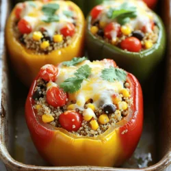 - 4 large bell peppers (any color) - 1 cup quinoa, rinsed - 2 cups vegetable broth - 1 can (15 oz) black beans, drained and rinsed - 1 cup corn kernels (fresh, frozen, or canned) - 1 small red onion, finely chopped - 2 cloves garlic, minced - Spices: cumin, smoked paprika, chili powder - Salt and pepper to taste - ½ cup cherry tomatoes, halved - 1 tablespoon olive oil - Fresh cilantro, chopped (for garnish) - ½ cup shredded cheese (optional, for topping) When it comes to making stuffed bell peppers, the ingredients are key. You want fresh, vibrant bell peppers. They add color and crunch. I love using a mix of colors for a fun look. Quinoa is my star here. It’s a great source of protein and cooks fast. Rinsing it helps remove the bitter taste. Vegetable broth adds flavor. It gives the quinoa a warm, savory base. Black beans bring protein and texture. They blend well with the other ingredients. Corn adds sweetness and a pop of color. Onions and garlic bring depth to the dish. Their aroma fills your kitchen. Spices like cumin and smoked paprika give a warm, earthy taste. A pinch of chili powder adds heat. Don't forget salt and pepper for balance. Cherry tomatoes add freshness and juiciness. You can top your peppers with cheese. It melts beautifully and adds creaminess. For garnish, fresh cilantro brings a bright flavor. This mix of ingredients creates a hearty and satisfying meal. For the full recipe, check out the Colorful Quinoa-Stuffed Bell Peppers. - Combine quinoa and vegetable broth in a saucepan. - Bring to a boil, then simmer until liquid is absorbed. To cook the quinoa right, I always start with rinsing it under cold water. This removes any bitterness. After this, the vegetable broth adds a great flavor. Boil the mixture, then reduce the heat. Cover the saucepan and let it simmer for about 15 minutes. When done, fluff it with a fork and set it aside. - Cut tops off and remove seeds. - Lightly brush with olive oil. Next, I focus on the bell peppers. I choose large ones that are firm and colorful. I cut the tops off and scoop out the seeds and membranes. This creates a nice space for the filling. After that, I brush the outside with olive oil. This step helps them roast nicely in the oven. - Sauté onions and garlic in a skillet. - Mix in quinoa, black beans, corn, tomatoes, and spices. Now comes the fun part—making the filling. I heat olive oil in a skillet over medium heat. I add the chopped onions and minced garlic and sauté them until the onions turn clear. This takes about 3-4 minutes. Then, I mix in the cooked quinoa, black beans, corn, halved cherry tomatoes, and spices. I stir it all together and let it heat for another 5 minutes. The smell is amazing! - Pack quinoa mixture into prepared peppers. - Add cheese on top if desired. Once the filling is ready, I start stuffing the peppers. I pack the quinoa mixture tightly into each pepper. It helps to press down a bit so they fit well. If I want, I sprinkle cheese on top for extra flavor. - Cover with foil and bake at 375°F. - Remove foil and bake until tender. I place the stuffed peppers upright in a baking dish. I cover the dish with foil and bake them at 375°F for 25 minutes. After that, I remove the foil and bake for another 10-15 minutes. This makes the peppers soft and the cheese bubbly. They are now ready to enjoy! For the full recipe, check out the details provided above. When choosing bell peppers, look for vibrant colors. Pick ones with firm skin. Avoid any that have spots or blemishes. Fresh peppers will give your dish a bright look and taste. Rinse quinoa thoroughly before cooking. This step helps reduce its natural bitterness. After cooking, fluff the quinoa with a fork. This will give it a light and airy texture that mixes well with other ingredients. Get creative with your filling! Add diced vegetables like zucchini or carrots for extra flavor. You can also toss in fresh herbs like parsley or basil. If you want a leaner option, substitute beans for meat. This keeps the dish healthy while adding protein. The beauty of stuffed peppers is their versatility! Feel free to mix and match ingredients to suit your taste. For the full recipe, check the earlier section. {{image_2}} For a vegan twist, simply omit the cheese. Use vegetable broth instead of chicken broth. This keeps the dish plant-based and still full of flavor. You won’t miss the cheese at all! The quinoa and veggies provide great taste and nutrition. If you need a gluten-free dish, make sure all your ingredients are certified gluten-free. Quinoa is naturally gluten-free, making it a perfect base. Just check the labels on your broth and beans to be safe. Enjoy a worry-free meal that everyone can savor. Want to change things up? You can create different flavor profiles with your stuffed peppers. Try Mediterranean flavors by adding olives and feta cheese. This gives a fresh and tangy taste. For a Mexican twist, mix in jalapeños and salsa. This adds heat and a burst of flavor. You can also play with spices like taco seasoning. Each variation opens up new possibilities for this tasty dish. You can keep your stuffed bell peppers in the fridge. Store them in an airtight container. They will stay fresh for up to 4 days. If you want to save them for later, freeze the stuffed peppers. First, prepare and cool them completely. Then, place them in a freezer-safe container before baking. This keeps them fresh for a long time. To reheat, you have two easy options. Bake them straight from frozen or thaw them overnight in the fridge. For a quick option, use the microwave. Heat them until warm, checking often to avoid overcooking. For the complete recipe, visit the Full Recipe. Stuffed bell peppers last up to 4 days if stored properly. Make sure to keep them in an airtight container to maintain freshness. Yes, you can prep and store them ahead of baking. This makes dinner easy on busy days. Just keep the stuffed peppers in the fridge until you're ready to bake. You can substitute quinoa with rice, farro, or couscous. Each option gives a different taste and texture. Experiment to find your favorite! Absolutely! Stuffed peppers can also be grilled for a smoky flavor. Just watch them closely to avoid burning. Yes, they are nutrient-dense and packed with vegetables, fiber, and protein. They make a great meal for those who want to eat healthy and feel full. Stuffed bell peppers with quinoa are tasty and healthy. You can mix flavors to suit your taste. Remember to pick fresh peppers and store leftovers properly. You can even freeze them for later. This fun meal is easy to prepare and offers many options. Enjoy creating your own versions of these stuffed delights. Try out the tips and tricks to make them your best dish yet!