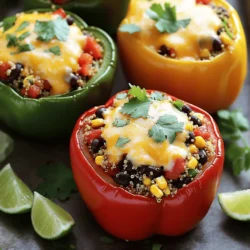 To make the stuffed bell peppers with quinoa, you will need: - 4 large bell peppers (any color) - 1 cup quinoa, rinsed - 2 cups vegetable broth - 1 can (15 oz) black beans, drained and rinsed - 1 cup corn kernels (fresh or frozen) - 1 medium onion, diced - 2 cloves garlic, minced - 1 tablespoon olive oil - 1 teaspoon cumin - 1 teaspoon smoked paprika - Salt and pepper to taste - 1 cup diced tomatoes (fresh or canned) - 1/2 cup shredded cheese (cheddar or Monterey Jack) - Fresh cilantro, for garnish These stuffed peppers are not just tasty; they are healthy too! Each serving offers a good amount of protein and fiber. Quinoa is a great source of complete protein, which means it has all nine essential amino acids. Black beans add even more protein and fiber. Here’s a quick look at the nutrition per serving: - Calories: 350 - Protein: 15g - Carbohydrates: 55g - Fiber: 10g - Fat: 10g If you want to change things up, there are many options: - Quinoa: Try brown rice or farro for a different grain. - Black beans: You can use kidney beans or chickpeas instead. - Corn: If you don't like corn, you can skip it or add peas. - Cheese: For a dairy-free option, leave out the cheese or use a vegan cheese. These substitutes can help you customize the dish. You will still enjoy a filling and flavorful meal. For the complete recipe, check out the Full Recipe. First, gather your ingredients. You will need: - 4 large bell peppers (any color) - 1 cup quinoa, rinsed - 2 cups vegetable broth - 1 can (15 oz) black beans, drained and rinsed - 1 cup corn kernels (fresh or frozen) - 1 medium onion, diced - 2 cloves garlic, minced - 1 tablespoon olive oil - 1 teaspoon cumin - 1 teaspoon smoked paprika - Salt and pepper to taste - 1 cup diced tomatoes (fresh or canned) - 1/2 cup shredded cheese (cheddar or Monterey Jack) - Fresh cilantro, for garnish Next, preheat your oven to 375°F (190°C). This heat will help cook your peppers perfectly. Now, rinse your quinoa under cold water. This step removes any bitter taste. In a medium saucepan, bring the vegetable broth to a boil. Add the rinsed quinoa. Lower the heat and cover the pot. Let it simmer for about 15 minutes. The quinoa will be fluffy and the liquid will be absorbed. While the quinoa cooks, heat olive oil in a large skillet over medium heat. Add the diced onion and minced garlic. Sauté for about 3-4 minutes. You want the onion to look clear. Next, stir in the black beans, corn, diced tomatoes, cumin, smoked paprika, salt, and pepper. Cook for another 5 minutes. This step lets the flavors mix well. Once the quinoa is ready, fluff it with a fork. Add it to the skillet with the vegetable mix. Stir everything until it is well mixed. Now, take your bell peppers. Carefully cut the tops off and remove the seeds. Stand the peppers upright in a baking dish. Stuff each one generously with the quinoa mix. Press down gently to pack it in well. Top each pepper with shredded cheese. Cover the baking dish with foil. Bake for 25 minutes. After that, remove the foil. Bake for another 10-15 minutes. You want the cheese to melt and bubble. When done, let the peppers cool a bit before serving. Garnish with fresh cilantro. For the full recipe, check the section above. Enjoy your colorful and tasty meal! To make the best stuffed peppers, choose firm bell peppers. Look for ones with bright colors and smooth skin. When you cut the tops, do it carefully. A sharp knife helps keep the edges neat. Make sure to remove all seeds. This way, your filling gets packed tight. Pre-cook your quinoa in vegetable broth for extra flavor. This step adds depth to the dish. Mix in your veggies while the quinoa cooks. This saves time and keeps the flavors fresh. Always taste your filling before stuffing. Adjust spices to your liking for a burst of flavor. You only need a few tools to make this dish. A medium saucepan is key for cooking quinoa. A large skillet helps you sauté the veggies well. Use a baking dish to hold your stuffed peppers. If you have a sharp knife, it will make cutting easier. An oven mitt is a must for handling hot dishes. For a fun twist, serve your stuffed peppers on a colorful platter. Add fresh cilantro on top for a pop of color. A wedge of lime gives a zesty touch when squeezed over the peppers. Pair them with a light salad or some crusty bread for a full meal. You can also serve with a side of salsa for an extra kick. For the full recipe, check out the Quinoa Delight Stuffed Bell Peppers . {{image_2}} You can easily make these stuffed bell peppers vegetarian or vegan. To go vegan, skip the cheese or use a plant-based cheese. You can also add more veggies. Try zucchini, mushrooms, or spinach. This makes the dish colorful and healthy. You still get lots of flavors and texture without meat or cheese. Want more protein? You can add cooked chicken, turkey, or beef to the quinoa mix. Just brown the meat in the skillet before you add the veggies. For a plant-based option, try adding lentils or chickpeas. Both are great sources of protein. They will fill you up and add richness to the dish. If you like spice, add chopped jalapeños or a pinch of cayenne pepper. These will give the dish a nice kick. For a milder version, stick with sweet spices like smoked paprika or cumin. Adjust the spices to fit your taste. Each level of spice can change the whole flavor. Enjoy experimenting with different heat levels! To keep your stuffed bell peppers fresh, store them in an airtight container. Make sure to let them cool completely before sealing. Place the peppers in the fridge if you plan to eat them within three days. For longer storage, consider freezing them. To reheat stuffed bell peppers, preheat your oven to 350°F (175°C). Place the peppers in a baking dish and cover with foil. Bake for about 20 minutes. If you prefer a microwave, heat on high for 2-3 minutes. Make sure they are hot throughout before serving. To freeze stuffed bell peppers, wrap each one in plastic wrap. Then place them in a freezer-safe bag or container. They can last up to three months in the freezer. When ready to eat, thaw in the fridge overnight before reheating. This keeps the flavor and texture just right. For the full recipe, check the details above. You can skip the cheese easily. Just follow the recipe as is, but leave out the cheese. You still get a great flavor from the spices and veggies. To add creaminess, try adding avocado on top after baking. You can also mix in some nutritional yeast for a cheesy taste. This way, you keep it healthy and still delicious. Yes, you can prepare stuffed bell peppers ahead of time. You can stuff the peppers and store them in the fridge for one day. Make sure to cover them tightly with plastic wrap or foil. When ready, just pop them in the oven. If you freeze them, wrap each pepper well. They can last up to three months in the freezer. Just thaw overnight in the fridge before baking. Stuffed bell peppers are tasty on their own, but you can add sides for more fun. A fresh salad works well, maybe with a light vinaigrette. You can also serve rice or quinoa on the side for more texture. For a crunchy touch, try tortilla chips or garlic bread. If you want a dip, salsa or guacamole is a great choice. This adds a nice kick to your meal. Stuffed peppers are a tasty dish you can easily make at home. We covered the right ingredients, nutrient facts, and good substitutes. The step-by-step guide helped you understand how to prepare, cook, and bake them. I shared tips to perfect your dish and different ways to serve it. Remember, you can try veggie options or adjust spice levels for variety. Finally, good storage and reheating tips ensure you enjoy leftovers. Now it's time to explore your own ideas and enjoy this delicious meal!