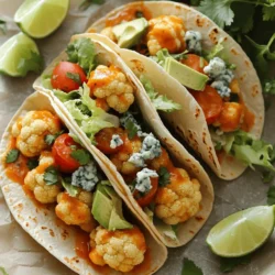 To make these tasty Buffalo Cauliflower Tacos, you need a few simple items. Here’s what you should gather: - 1 medium cauliflower head, cut into bite-sized florets - 1 cup all-purpose flour - 1 cup milk (or plant-based milk) - 1 teaspoon garlic powder - 1 teaspoon onion powder - ½ teaspoon paprika - Salt and pepper to taste - 1 cup buffalo sauce - 8 small corn or flour tortillas - 1 cup shredded lettuce - ½ cup diced tomatoes - ½ cup crumbled blue cheese (or dairy-free alternative) - ¼ cup chopped cilantro - 1 avocado, sliced - Lime wedges for serving These ingredients come together to create a meal that bursts with flavor. The cauliflower becomes crispy and spicy, making it the star of your taco. You can make your tacos even better with some fun garnishes. Here are some ideas to try: - Sliced jalapeños for extra heat - Sour cream or a vegan alternative for creaminess - Fresh lime juice for a zesty kick - Sliced radishes for crunch - Extra cilantro for fresh flavor These toppings add color and taste, making your tacos look and taste amazing. If you can’t find some ingredients, don't worry. Here are some easy swaps: - Use chickpea flour instead of all-purpose flour for a gluten-free option. - Almond milk or soy milk can replace regular milk. - If you don’t like buffalo sauce, try barbecue sauce for a sweeter flavor. - Use feta cheese instead of blue cheese if you prefer. These substitutes help you make the recipe your own while keeping it delicious. You can find the Full Recipe to see how everything comes together beautifully. Start by preheating your oven to 425°F (220°C). This will help the cauliflower get crispy. Next, line a baking sheet with parchment paper. This makes clean-up easy. In a mixing bowl, whisk together the flour, milk, garlic powder, onion powder, paprika, salt, and pepper. The batter should be thick but pourable. It should coat the florets well. Dip each cauliflower floret into the batter. Make sure they are fully coated. Place them on the baking sheet in a single layer. Bake for 25 to 30 minutes. Flip the florets halfway through for even cooking. They should turn golden brown and crispy. Once done, take them out and toss the florets in the buffalo sauce until they are well coated. This step brings the heat and flavor to the dish. To make the tacos, warm the tortillas in a dry skillet over medium heat. This will make them soft and easier to fold. Place a generous amount of buffalo cauliflower in the center of each tortilla. Add shredded lettuce, diced tomatoes, crumbled blue cheese, and avocado slices on top. Finally, garnish with chopped cilantro. Serve with lime wedges for a fresh touch. For the full recipe, check out the detailed instructions. To boost the taste of your tacos, add spices. You can mix in cumin or chili powder. These spices add warmth and depth. Try marinating the cauliflower in buffalo sauce for a few hours. This step infuses the cauliflower with more flavor. If you like heat, add more buffalo sauce or a dash of hot sauce. Pair it with a squeeze of lime for a fresh kick. Fresh herbs like cilantro or parsley also brighten up the dish. To achieve that perfect crunch, ensure your cauliflower is dry before battering. Excess moisture can lead to soggy florets. Bake at a high temperature to get a crispy exterior. Flipping the cauliflower halfway through cooking helps it brown evenly. For extra crunch, consider a second coating of batter. You can also try adding breadcrumbs to the batter for a crunchier texture. Let the cauliflower cool slightly before tossing it in the buffalo sauce. You can make this dish healthier by using whole wheat flour. This adds fiber and nutrients. Swap out regular milk for almond or oat milk if you prefer dairy-free options. Consider using less buffalo sauce or a lighter version to cut down on calories. Load up your tacos with fresh veggies like spinach, bell peppers, or corn. These additions boost nutrition and add color. You can even skip the cheese or use a low-fat alternative. For a lighter meal, serve with a side salad instead of tortillas. {{image_2}} You can easily make gluten-free Buffalo cauliflower tacos. Simply swap the all-purpose flour for a gluten-free blend. This change keeps the batter tasty and crispy. You can also use gluten-free tortillas. Many brands now offer soft corn tortillas that are both delicious and gluten-free. If you want to make these tacos vegan, just replace the milk with plant-based milk. Almond or oat milk works well. For the blue cheese, try a dairy-free alternative. You can also leave it out if you prefer. The other toppings, like lettuce and tomatoes, add great flavor without any dairy. Experimenting with sauces can elevate your tacos. While buffalo sauce is a favorite, try using barbecue sauce or a chipotle sauce for a smoky twist. You can also add toppings like pickled onions or jalapeños for more flavor. Fresh herbs, like parsley or mint, give a nice touch too. Get creative and find what you love! Check the Full Recipe for more ideas. After enjoying your tasty Buffalo Cauliflower Tacos, you may have some left. Store the leftovers in an airtight container. Place them in the fridge for up to three days. Keep the fillings separate from the tortillas for the best taste. To reheat your tacos, use a skillet over medium heat. Warm the tortillas for about 30 seconds on each side. For the cauliflower, add it to the skillet for four to five minutes until hot. This helps keep everything crispy and fresh. You can freeze the buffalo cauliflower for later use. First, let the cauliflower cool completely. Place it in a freezer-safe bag or container. Store it in the freezer for up to three months. When ready to enjoy, thaw it overnight in the fridge before reheating. You can serve many tasty sides with Buffalo cauliflower tacos. Some great options include: - Mexican rice - Refried beans - Corn salad - Fresh guacamole - Salsa or pico de gallo These sides will add flavor and texture to your meal. You could also serve a simple green salad for some crunch. If you want to change the spice level, you have a few choices. To make it milder, use less buffalo sauce. You can also mix in some honey or maple syrup to tone it down. If you like more heat, try adding extra buffalo sauce or a sprinkle of cayenne pepper to the batter. Yes, you can prepare the full recipe ahead of time. You can make the buffalo cauliflower and store it in the fridge for up to three days. Reheat it in the oven to keep it crispy. You can also prepare the toppings and tortillas in advance. Just warm the tortillas before serving for the best taste. We covered everything you need for amazing Buffalo Cauliflower Tacos. You learned about key ingredients, optional toppings, and substitutes. Step-by-step, I showed you how to prepare, cook, and assemble them. With tips for flavor, crunch, and health, you'll enjoy every bite. Explore variations, storage methods, and answers to common questions. Enjoy these tacos for any meal. You will impress friends and family with your cooking skills!