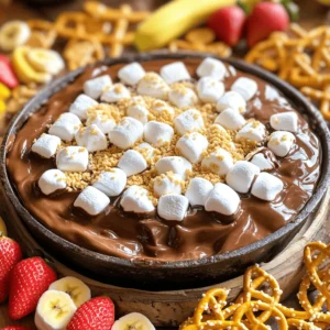 - 1 cup semi-sweet chocolate chips - 1 cup mini marshmallows - 1 tablespoon unsalted butter - 1/2 teaspoon vanilla extract - 1/4 cup crushed graham cracker crumbs These simple ingredients make S'mores Dip easy and fun. First, you need chocolate chips. They give the dip its rich taste. Then, mini marshmallows add that sweet, gooey texture we all love. The butter helps everything melt smoothly together. Don’t forget the vanilla extract for a hint of flavor. Finally, crushed graham cracker crumbs provide a great crunch on top. - Graham crackers - Pretzels - Fruit slices (strawberries, bananas) Now, let’s talk about what to dip! Graham crackers are classic and perfect for this dip. They soak up the chocolate and marshmallow goodness. Pretzels offer a fun twist. Their salty crunch complements the sweet dip well. If you want something fresh, try fruit slices. Strawberries and bananas add a nice, fruity bite. You can mix and match these options for a great snack. For the full recipe, check out S'mores Dip Delight. First, preheat your oven to 350°F (175°C). This step ensures your dip bakes evenly. While the oven warms up, choose the right baking dish. I like to use a medium oven-safe skillet. It makes serving easy and keeps the dip warm. Next, melt the butter in your skillet over medium heat. Once it’s nice and melted, remove the skillet from heat. Now, add 1 cup of semi-sweet chocolate chips. Stir until the chocolate is smooth and fully melted. This is where the magic happens! To enhance the flavor, mix in 1/2 teaspoon of vanilla extract. This gives the dip a lovely depth. Now for the fun part! Evenly spread 1 cup of mini marshmallows over the melted chocolate mixture. Make sure they cover the chocolate well for that gooey texture. Then, sprinkle 1/4 cup of crushed graham cracker crumbs on top. This adds a delightful crunch. Place the dish in your preheated oven and bake for about 10-12 minutes. You want the marshmallows to turn golden and slightly toasted. Keep an eye on them; they can brown quickly! Once done, let it cool for a minute. Serve it hot with graham crackers, pretzels, or fruit slices. Enjoy this warm and gooey treat! For the full recipe, check out the section above. To make the best S'mores dip, focus on the consistency. You want it smooth and creamy. Melt the chocolate chips and butter together well. Stir until it is silky and free of lumps. This step is key to a great dip. For the marshmallows, an even toast makes a big difference. Spread them out evenly on top of the chocolate. This way, they all brown nicely. If you pile them too high, some may burn while others stay white. Serving this dip can be fun! You can use a cast-iron skillet for a rustic look. It keeps the dip hot longer. If you want something fancier, use a decorative bowl. This adds charm to your table. Get creative with garnishes, too! Try adding a drizzle of chocolate syrup on top. Some crushed graham crackers can also add texture. Fresh berries or mint leaves can brighten up the look. Watch out for overbaking the dip. Keep an eye on the marshmallows. They should turn golden brown, not burnt. If you leave them in too long, they can harden and lose their gooeyness. Also, be careful with your ingredient ratios. Too much chocolate can make it too sweet. If you don't use enough marshmallows, the dip won't have that classic S'mores taste. Stick to the Full Recipe for the best results. {{image_2}} You can change up the flavor of your S'mores dip easily. Adding peanut butter or Nutella gives it a rich, creamy taste. Just swirl it into the melted chocolate for a fun twist. You can also use different types of chocolate. Milk chocolate is sweet, while dark chocolate offers a deeper flavor. White chocolate makes it extra creamy and sweet. If you need gluten-free options, look for gluten-free graham crackers. Many brands now offer these. You can still enjoy the same great taste without gluten. For vegan substitutions, use dairy-free chocolate and marshmallows. Coconut oil works great instead of butter. These swaps let everyone enjoy the dip. You can make your S'mores dip fit the seasons. In the fall, add pumpkin spice for a cozy flavor. Just mix some pumpkin spice into the melted chocolate. During the holidays, try using peppermint extract. This adds a festive touch that everyone will love. These twists keep the dip exciting all year round. If you have leftover S'mores dip, don't worry! You can save it for later. First, let the dip cool down to room temperature. Then, scoop it into an airtight container. Make sure the lid seals tightly. This helps keep moisture in and air out. Store it in the fridge for up to three days. If you want to keep it longer, you can freeze it. Just remember to use a freezer-safe container. It can last for about a month in the freezer. When it's time to enjoy your dip again, reheating it is easy. The best way is to use the oven. Preheat your oven to 350°F (175°C). Transfer the dip to an oven-safe dish if needed. Cover it with foil to keep it from drying out. Bake for about 10 minutes or until warm. You can also use the microwave. Just heat it in short bursts of 20 seconds. Stir in between to keep the dip smooth. Enjoy the gooey goodness again! Yes, you can prepare S'mores Dip ahead of time! To do this, follow these steps: - Prep the dip: Make the dip up to the baking step. - Cool it down: Let the dip cool completely. - Store it: Cover it well and place it in the fridge for up to 24 hours. - Bake before serving: When ready, bake it at 350°F (175°C) for about 10-12 minutes. This way, you save time and enjoy warm dip when guests arrive! If you need alternatives to graham crackers, here are some tasty options: - Pretzels: Their salty crunch pairs well with sweet dip. - Fruit slices: Strawberries and bananas add a fresh twist. - Cookies: Try chocolate chip or digestive biscuits for extra flavor. These options give a fun twist to your S'mores experience! S'mores Dip can last in the fridge for about 3 days. Here are some tips for storage: - Use an airtight container: This keeps the dip fresh longer. - Check for freshness: If it smells off or looks strange, throw it away. Always ensure food safety to enjoy your dip safely! In this post, we explored how to make a delicious S'mores dip. We covered the key ingredients, step-by-step instructions, and tips for a perfect result. Remember to choose your dips wisely and avoid common mistakes. Get creative with flavors and storage methods, and you'll have a crowd-pleaser. Making this dip can be fun and rewarding. Enjoy the process and share your tasty creation with friends and family. It's a treat everyone will love!