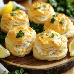Here’s a list of what you need for this tasty crab stuffed cheddar bay biscuit recipe: - 2 cups all-purpose flour - 1 tablespoon baking powder - ½ teaspoon garlic powder - ½ teaspoon onion powder - 1 teaspoon salt - ½ teaspoon black pepper - ½ cup cold unsalted butter, cubed - 1 cup shredded sharp cheddar cheese - ¾ cup buttermilk - 1 cup lump crab meat, picked for shells - ⅓ cup cream cheese, softened - 1 tablespoon lemon juice - 2 tablespoons chopped fresh parsley - 1 tablespoon Old Bay seasoning Each ingredient plays a key role in creating the perfect balance of flavor and texture. The flour and baking powder give the biscuits their rise, while the sharp cheddar adds a rich taste. The crab meat brings a sweet, ocean flavor that pairs perfectly with the spices. Cream cheese adds creaminess, and lemon juice brightens everything up. Fresh parsley gives a burst of color and freshness. Using quality ingredients is important. Fresh crab meat will elevate your dish. Make sure to check for shells when you pick through it. Enjoy making this dish as much as you will enjoy eating it! For the full recipe, check the detailed steps below. - Preheat your oven to 425°F (220°C) and line a baking sheet with parchment paper. - In a large bowl, whisk together 2 cups of all-purpose flour, 1 tablespoon of baking powder, ½ teaspoon of garlic powder, ½ teaspoon of onion powder, 1 teaspoon of salt, and ½ teaspoon of black pepper. - Use a pastry cutter or your fingers to mix in ½ cup of cold unsalted butter. Aim for a crumbly texture that resembles coarse sand. - In a separate bowl, combine 1 cup of lump crab meat, ⅓ cup of softened cream cheese, 1 tablespoon of lemon juice, 2 tablespoons of chopped fresh parsley, and 1 tablespoon of Old Bay seasoning. - Gently mix the ingredients together, being careful to keep the crab pieces intact for the best texture. - On a lightly floured surface, roll out the biscuit dough to about ¾-inch thick. - Use a round cutter, about 3 inches in diameter, to cut out the biscuits. Place half of the biscuits on the prepared baking sheet. - Spoon a generous tablespoon of crab filling onto the center of each biscuit. Top with the remaining biscuit rounds and gently press the edges to seal them well. - Bake the biscuits in the oven for 15-18 minutes or until the tops turn golden brown. - If you like, brush the tops with melted butter as soon as you take them out of the oven. This adds extra flavor and shine. For the complete recipe, check the Full Recipe section. - Using cold ingredients: Cold butter and buttermilk keep your biscuits flaky. Chilling helps create steam during baking. This steam makes the biscuits rise and stay light. - Avoid overmixing the dough: Mix the dough just until it comes together. Overmixing makes biscuits tough. Gentle handling is key for soft, fluffy results. - Presentation tips for serving: Serve the biscuits warm on a pretty platter. Stack them high for a fun look. Add a sprinkle of fresh parsley on top for color. - Best pairings for crab biscuits: Pair these biscuits with a fresh salad or a light soup. They also go great with garlic butter or a zesty dipping sauce. - Overfilling biscuits: Use just a tablespoon of crab mixture per biscuit. Too much filling can make them hard to seal and bake evenly. - Not sealing edges properly: Press the edges well to seal them. If not sealed, the filling can leak out during baking. This can lead to messy biscuits. Remember, for more on making these tasty treats, check the Full Recipe! {{image_2}} You can boost the taste of your crab stuffed cheddar bay biscuits with a few tweaks. Try using different types of cheese. Here are some great options: - Gouda - Pepper Jack - Creamy Brie These cheeses add unique flavors and textures. You can also spice things up with seasonings. Adding a pinch of cayenne pepper brings heat. For a fresh twist, consider adding fresh dill or chives. These herbs complement the crab well. If you need gluten-free options, swap the all-purpose flour for a gluten-free blend. Many blends work well in this recipe. For a vegetarian version, replace the crab with a mix of sautéed mushrooms and spinach. You can also use artichoke hearts for a tasty filling. These options keep your dish flavorful and satisfying. Crab stuffed cheddar bay biscuits can shine as an appetizer or a main dish. For an appetizer, serve smaller biscuits with a side of lemon butter. This adds a nice dip. If you want them as a main dish, pair them with a salad. A light green salad balances the richness of the biscuits. You can stack the biscuits high on a platter for a fun presentation. Garnish with extra parsley and lemon wedges for a pop of color. Feel free to check out the Full Recipe for more details! To keep your crab stuffed cheddar bay biscuits fresh, use proper refrigeration. Place them in an airtight container. This keeps moisture in and helps avoid drying out. You can also wrap them tightly in plastic wrap. Make sure to store them in the fridge. They taste best within three days. Reheating is easy, and you want to do it right. The best method is using the oven. Preheat it to 350°F (175°C). Place the biscuits on a baking sheet. Cover them with foil to retain moisture. Heat for about 10-15 minutes until warm. You can also reheat them in a microwave. Just use a microwave-safe dish and cover it. Heat in short bursts to prevent drying out. Enjoy your leftovers with a squeeze of lemon for extra flavor! You can freeze these biscuits before or after baking. If you freeze them before baking, cut out the biscuits and place them on a baking sheet. Freeze until solid, then transfer to a freezer bag. When you’re ready to bake, just add a few minutes to the baking time. If you freeze after baking, let them cool completely first. Store them in an airtight container. When you're ready to enjoy, thaw in the fridge overnight. Reheat in the oven as mentioned earlier. This way, you can enjoy fresh-tasting biscuits any day! For the full recipe, check out the complete guide. Cheddar Bay Biscuits are soft, flaky biscuits with a cheesy flavor. They often have a hint of garlic and are usually served warm. The addition of cheddar cheese gives them a rich taste. People love them for their buttery texture and golden color. They pair perfectly with seafood dishes. Yes, you can prepare the biscuit dough ahead of time. Make the dough and wrap it tightly in plastic wrap. Keep it in the fridge for up to 24 hours. When ready to bake, simply roll it out and fill with the crab mixture. They are best fresh, but this saves time! To make fluffier biscuits, use cold ingredients. Cold butter and buttermilk help create steam during baking. This steam makes the biscuits rise. Also, avoid overmixing the dough. Mix just until combined for light, airy biscuits. Absolutely! You can add shrimp or scallops to the crab filling. Just make sure to chop them into small pieces. This adds extra flavor and texture to your biscuits. Feel free to mix and match your favorite seafood. These biscuits pair well with a light salad or soup. A seafood chowder or a fresh garden salad complements their rich taste. You can also serve them with a side of lemon garlic butter for dipping. For a fun twist, try them with a spicy remoulade sauce. If you're curious about the full recipe, check out the Crab Stuffed Cheddar Bay Biscuits recipe for all the details! The crab stuffed cheddar bay biscuits blend flavors and textures in a unique way. You learned about the key ingredients, like crab meat and sharp cheddar, and the steps to create them. Remember to keep your dough cold and avoid overmixing for the best results. In the end, enjoy these biscuits fresh or try the variations. They make a delightful dish for any meal. Your next bake can impress family and friends while you share this tasty recipe!