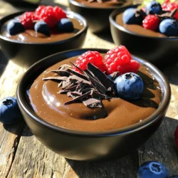 The star of this recipe is the ripe avocados. They bring a creamy texture and healthy fats. Avocados provide vitamins and minerals like potassium and vitamin E. They also help keep your heart healthy. Next, we have high-quality cocoa powder. It adds rich chocolate flavor without added sugar. Choose unsweetened cocoa to keep it healthy. The better the cocoa, the more chocolatey your pudding will taste. For sweeteners, I recommend pure maple syrup or honey. Both options give a natural sweetness. You can adjust the sweetness based on your taste. Also, you can use almond milk or any milk you like. Almond milk makes it dairy-free, while whole milk adds creaminess. For this recipe to shine, accurate measurements matter. Use the following amounts for best results: - 2 ripe avocados - 1/4 cup unsweetened cocoa powder - 1/4 cup pure maple syrup or honey - 1/4 cup almond milk or preferred milk - 1 teaspoon vanilla extract - A pinch of sea salt If you need dietary swaps, you can replace maple syrup with agave nectar. For a nut-free option, use oat milk instead of almond milk. Toppings can elevate your pudding to a new level. Here are some tasty ideas: - Shaved dark chocolate adds a rich touch. - Fresh berries bring bright flavor and color. - Chopped nuts give a satisfying crunch. These toppings also add nutrients. Berries provide antioxidants, while nuts offer healthy fats and protein. Feel free to mix and match to create your perfect dessert. For the complete recipe, check out the Full Recipe. Enjoy making your chocolate avocado pudding! To make the best chocolate avocado pudding, start by choosing ripe avocados. Look for ones that feel soft but not mushy. The skin should be dark green or almost black. Next, cut the avocado in half lengthwise. Twist the halves to separate them. To remove the pit, carefully use a knife to tap the pit and twist it out. Be careful not to cut yourself. Scoop the creamy flesh into your food processor. Now, it’s time to blend! Add the avocado, cocoa powder, maple syrup, almond milk, vanilla extract, and sea salt into the processor. Blend them together in this order to ensure even mixing. Blend until the mixture is smooth and creamy. If it looks chunky, keep blending. You can scrape the sides to make sure everything mixes well. Taste the pudding and adjust the sweetness if needed. Add more maple syrup for extra sweetness. Chilling the pudding is key for the best texture. It helps the flavors come together and makes the pudding firm. After blending, transfer it to serving bowls and cover with plastic wrap. Refrigerate the pudding for at least 30 minutes. This will give you a rich and creamy dessert. For the best results, chill it longer if you can. Enjoy this healthy delight! For the complete recipe, check out the Full Recipe section. To get the right texture for your chocolate avocado pudding, adjust the consistency as needed. If your pudding is too thick, add a little almond milk. Blend it again until smooth. If it’s too thin, just add more cocoa powder or avocado. Avoid common blending mistakes by ensuring all ingredients are fresh. Always scrape down the sides of your blender to mix evenly. You can enhance the flavor with a few additions. Try adding a pinch of cinnamon or a splash of espresso. These add warmth and depth. To balance the sweetness, taste your pudding before serving. If it’s too sweet, mix in a little more cocoa powder or a squeeze of lemon juice. This gives a nice contrast to the sweet flavor. For plating, use small glasses for a beautiful presentation. Layer the pudding with whipped coconut cream and top with shaved dark chocolate. This looks appealing and adds texture. You can also pair it with fresh berries or nuts. These will bring in extra flavors and nutrients, making your dessert even better. {{image_2}} You can easily change the flavor of your chocolate avocado pudding. Adding spices like cinnamon or chili can give it warmth and depth. For a nutty twist, try mixing in your favorite nut butter. Almond butter or peanut butter works well. These additions make the pudding richer and more satisfying. You can make this pudding vegan-friendly by using maple syrup instead of honey. If you want to cut down on sugar, use a sugar substitute like stevia or erythritol. These options keep the pudding sweet while being healthier. Transform the pudding into a parfait by layering it with yogurt and granola. This creates a fun dessert that looks beautiful. You can also use the pudding in other dessert recipes, like filling for cakes or as a dip for fruits. The creamy texture makes it a versatile treat. Try the full recipe to explore all these variations! To keep your chocolate avocado pudding fresh, first, let it cool after making it. Once cool, place it in an airtight container. This helps stop air from getting in and causing spoilage. I recommend using glass jars or plastic containers with tight lids. These options keep the pudding creamy and delicious. You can store chocolate avocado pudding in the fridge for about 3 to 5 days. After this time, it may start to lose flavor and texture. Look for signs of spoilage, such as a change in color, sour smell, or watery texture. If you spot any of these signs, toss it out. If you have leftover pudding, don’t waste it! You can use it in many fun ways. Try adding a scoop to your morning smoothie for a creamy boost. You can also layer it in desserts, like parfaits, with fruits or granola. It makes a tasty snack or dessert that is healthy and satisfying. Chocolate avocado pudding is not just tasty; it is also packed with health benefits. Avocados are rich in healthy fats, especially monounsaturated fats. These fats are good for your heart. They help lower bad cholesterol and boost good cholesterol. Avocados also provide fiber, which aids digestion and keeps you full longer. Plus, they contain vitamins like C, E, K, and B6. This makes them a great choice for overall health. Yes, you can make chocolate avocado pudding ahead of time! This makes it a great option for busy days. Prepare the pudding and store it in airtight containers. You can keep it in the fridge for up to three days. If you want to enjoy it later, try covering the surface with plastic wrap. This helps prevent browning. You can easily adjust the sweetness to fit your taste! Start with the recipe's suggested amount of maple syrup or honey. After blending, taste the pudding. If you want it sweeter, add more sweetener, a little at a time. Blend again after each addition. This way, you can find the perfect balance for your sweet tooth. For a different flavor, consider using agave syrup or stevia as well. Check out the Full Recipe if you want to make this creamy delight! In this article, we explored how to make chocolate avocado pudding. We discussed key ingredients like ripe avocados and quality cocoa. Accurate measurements and creative toppings are vital for success. You learned the steps for preparing avocados, blending, and chilling for the best texture. Remember, you can adjust flavors and make dietary changes. Enjoy your delicious pudding, and don’t hesitate to experiment. Happy cooking!