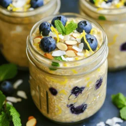 - 1 cup rolled oats - 2 cups unsweetened almond milk - 1 cup fresh blueberries - 1 tablespoon chia seeds - Zest of 1 lemon - 2 tablespoons maple syrup (or honey) - Sliced almonds - Coconut flakes - Extra lemon zest To make Blueberry Lemon Overnight Oats, you need simple ingredients. Rolled oats serve as the base. They soak up the almond milk and become soft and creamy overnight. Unsweetened almond milk gives a nice flavor. You can use any milk you like, such as cow's or oat milk. Fresh blueberries add sweetness and a burst of color. They also offer many health benefits. Chia seeds help thicken the mixture and add fiber. Lemon zest brightens the oats and gives them a fresh taste. Maple syrup or honey adds sweetness, but you can adjust it to your liking. For toppings, you can get creative. Sliced almonds add a nice crunch. Coconut flakes give a tropical twist. A sprinkle of extra lemon zest brings out the flavors even more. This recipe is not only healthy but also easy to prepare. Check out the Full Recipe for more details! First, grab a large mixing bowl. Add 1 cup of rolled oats. Then, pour in 2 cups of unsweetened almond milk. Next, add 1 tablespoon of chia seeds, the zest of 1 lemon, 2 tablespoons of maple syrup, and 1/2 teaspoon of vanilla extract. Finally, sprinkle in a pinch of salt. Whisk everything together until it is well mixed. This helps the oats absorb the flavors. Now, take 1 cup of fresh blueberries. Gently fold them into your oat mixture. Be careful not to crush them. Save a handful of blueberries for topping later. This adds a nice touch and keeps your oats looking pretty. Next, divide the oat mixture into mason jars or airtight containers. Seal each jar tightly and place them in the refrigerator. Let them chill overnight. This soaking time lets the oats soften and absorb all the flavors. In the morning, just stir them up and enjoy! For the full recipe, check out the details above. To get the best texture, let your oats soak overnight. This helps them soften and absorb all the tasty flavors. If you’re short on time, soak them for at least 4 hours. If your oats feel too thick in the morning, just add a splash more almond milk. This will help you reach your perfect creaminess. For the best taste, use fresh blueberries when they are in season. They are juicy and sweet, adding great flavor. If fresh blueberries aren’t available, frozen ones work too. They can add a nice chill to your oats. When it comes to sweeteners, maple syrup is my favorite. Honey is a good choice too. Adjust the sweetness to your liking. Serve your overnight oats in clear jars. This makes them look colorful and fun. You can see the blueberries and lemon zest, which is appealing. For a nice touch, add a sprig of fresh mint on top. It adds color and a hint of freshness. Enjoy your oats cold, or warm them in the microwave if you like. {{image_2}} You can switch up the fruit in your oats. Strawberries or raspberries work well. Just chop them up and fold them in. Fresh fruits add a nice burst of flavor. You can also use seasonal fruits for variety. In summer, try peaches or cherries. In winter, consider apples or pears. Each fruit brings its unique taste to your dish. Want to spice things up? Add a dash of cinnamon or nutmeg. These spices enhance the flavor without adding calories. If you love nut butter, mix in some almond or peanut butter. It adds creaminess and healthy fats. You can even add a swirl on top for a nice touch. Experiment with different flavors to find your favorite combination. If you follow a vegan diet, use plant-based milk. Almond, oat, or coconut milk all work great. Make sure to select gluten-free oats if you need them. Some brands offer certified gluten-free options. This ensures that your breakfast stays safe and tasty. You can enjoy these oats without worry, no matter your dietary needs. For the [Full Recipe], check the original ingredients and instructions. For the best results, use airtight containers or mason jars. These keep your oats fresh and tasty. Store them in the fridge after making. They last about 3 to 5 days. This is perfect for meal prep! You can freeze blueberry lemon overnight oats too. Just pour them into freezer-safe containers. Make sure to leave space at the top for expansion. They can last up to 3 months in the freezer. When you’re ready to eat, thaw them in the fridge overnight. After thawing, give them a good stir before serving. If you want to warm your oats, use the microwave. Heat them in short bursts of 30 seconds. Stir in between to avoid hot spots. If the oats become too thick, add a splash of almond milk. This helps reach your preferred consistency. Enjoy your delicious breakfast warm or cold! You can make these oats vegan by using plant-based milk. Almond milk works great, but you can also try oat milk or coconut milk. Just replace dairy milk with your choice of plant milk. This change keeps the recipe creamy and delicious without any animal products. Yes, you can use quick oats. Quick oats cook faster and absorb liquid quickly. However, they will give your overnight oats a softer texture. Rolled oats are thicker and provide a chewier bite. I prefer rolled oats for their texture, but quick oats work well too. If you don't have chia seeds, you can use flaxseeds. Ground flaxseeds will add a similar texture and thickness. You can also use unsweetened yogurt or a mashed banana for creaminess. Each option gives a different taste, so choose what you like best! There are endless ways to customize your oats! You can add nuts like walnuts or almonds for crunch. Try different fruits like strawberries or raspberries for variety. You can also mix in spices like cinnamon or vanilla for extra flavor. Get creative with your toppings! These oats are healthy and filling. They are high in fiber and antioxidants from the blueberries. A serving typically has about 250-300 calories, depending on the toppings. They provide energy to start your day right. Plus, they keep you full until lunch! For the full recipe, check out the detailed instructions above. You learned how to make delicious Blueberry Lemon Overnight Oats. We covered key ingredients, like rolled oats and fresh blueberries. You saw step-by-step instructions to ensure the best flavor and texture. Remember, you can customize with fruits and toppings you love. Store leftovers properly, or freeze them for later. Blueberry lemon oats are easy to make and healthy. Enjoy a tasty breakfast that fuels your day. Dive in and try different variations to find your favorite! Your morning routine will thank you.