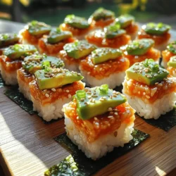 For Crispy Rice and Spicy Tuna Bites, you will need: - 1 cup sushi rice - 1 ¼ cups water - 2 tablespoons rice vinegar - 1 tablespoon sugar - 1 teaspoon salt - 1 tablespoon sesame oil - 8 ounces sushi-grade tuna, diced - 1 tablespoon sriracha (adjust to taste) - 1 teaspoon soy sauce - 1 avocado, thinly sliced - 1 green onion, finely chopped - Sesame seeds for garnish - Seaweed sheets, cut into small squares (optional) These ingredients come together to create a dish with bold flavors and a fun texture. The sushi rice forms the crispy base, while the spicy tuna adds a kick. Using sushi-grade tuna is key for safety and flavor. This fish is top quality and perfect for raw dishes. The sriracha gives your bites a nice heat. Adjust the amount if you like it milder or hotter. Sesame oil adds a nutty taste, enhancing the overall dish. To make your bites look even better, consider adding garnishes. Chopped green onions add color and crunch. Sesame seeds give a nice finish. If you're feeling creative, place your bites on small squares of seaweed. This adds a fun touch and more flavor. For a beautiful presentation, arrange the bites on a platter. Enjoy the tasty flavor treat of Crispy Rice and Spicy Tuna Bites! For the full recipe, check out [Full Recipe]. To make great sushi rice, start by rinsing the rice. Place the rice in a bowl and cover it with cold water. Gently stir the rice with your hand. Drain the water and repeat this process until the water runs clear. This removes excess starch and makes the rice less sticky. Next, cook the rice. In a medium saucepan, combine 1 cup of rinsed sushi rice and 1 ¼ cups of water. Bring the water to a boil over medium heat. Once boiling, reduce the heat to a simmer. Cover the pot and cook for about 18-20 minutes. The rice should be tender and the water fully absorbed. While the rice cooks, prepare the sushi vinegar dressing. In a small saucepan, mix 2 tablespoons of rice vinegar, 1 tablespoon of sugar, and 1 teaspoon of salt. Heat it over low heat. Stir until the sugar and salt dissolve. Set this mixture aside. Once the rice cooks, take it off the heat and let it cool slightly. Fluff the rice with a fork and stir in the vinegar mixture. This adds flavor and helps cool the rice to room temperature. For the spicy tuna, start with 8 ounces of sushi-grade tuna. Dice the tuna into small cubes. In a bowl, combine the diced tuna with 1 tablespoon of sriracha, 1 teaspoon of soy sauce, and 1 tablespoon of sesame oil. Mix all the ingredients well. Taste the mixture to adjust the spice level. If you want more heat, add more sriracha. This step lets you control how spicy the bites will be. Now, let's put it all together. Take a small scoop of the cooled sushi rice and shape it into a compact rectangle or square in your hand. This forms the base of your bite. Place a slice of avocado on top of each rice bite. Then, add a spoonful of the spicy tuna mixture. This creates a delicious layer of flavor. For a fun touch, you can use small squares of seaweed. Place the rice bites on these squares for added taste. Finally, garnish each bite with chopped green onions and a sprinkle of sesame seeds. This adds color and crunch. For the full recipe, refer to the section above. Enjoy your tasty flavor treat! To get that perfect crispy rice, start with the right cooking method. After cooking the rice, let it cool a bit. This helps it firm up. Next, heat some oil in a pan. Add the cooled rice in a single layer. Cook it on medium heat until the bottom turns golden brown. Flip the rice and repeat for the other side. This way, you get a nice crunch without burning it. Cooling your rice is key, but you don’t want it to dry out. Spread the rice on a baking sheet to cool faster. This prevents the rice from getting too sticky. If you want to speed things up, place the baking sheet in the fridge for a few minutes. To boost flavors, consider adding spices like smoked paprika or garlic powder. These will add depth to your bites. You could also mix in a splash of lime juice for a zesty kick. For sauces, try teriyaki or wasabi cream for an extra layer of flavor. Pair your crispy rice and spicy tuna bites with chilled sake or a light beer. These drinks complement the dish well. If you prefer something non-alcoholic, try a sparkling water with lemon. Presentation makes your dish stand out. To plate your bites, stack them neatly on a serving platter. Use seaweed sheets to add color and flavor. Cut the seaweed into small squares and place them under each rice bite. You can also use garnishes like microgreens or edible flowers for a pop of color. Sprinkle sesame seeds on top for added texture. This makes your dish look more appealing and gourmet. {{image_2}} If you want to switch up the protein, salmon works great. It has a rich flavor, just like tuna. You can also use tofu for a vegetarian option. Firm tofu soaks up flavors well. Just marinate it in soy sauce or sriracha before mixing. Try different sauces to make these bites unique. Teriyaki sauce adds a sweet twist. Wasabi gives a spicy kick that pairs well with fish. You can also add crunchy toppings like fried onions or crispy shallots. They add texture and flavor to each bite. Seasonal fruits and vegetables can add a fresh touch. In summer, try sliced mango or cucumber for crunch. In fall, roasted pumpkin seeds can add a warm flavor. For holidays, use festive colors in your garnishes. This makes your dish look inviting and fun. For the complete recipe, check the Full Recipe section. After you enjoy your Crispy Rice and Spicy Tuna Bites, store any leftovers in the fridge. Place them in an airtight container to keep them fresh. This helps avoid drying out or getting soggy. Try to eat them within two days for the best taste. You can layer parchment paper between bites to prevent sticking. To reheat your bites, use a toaster oven or a pan. Avoid using a microwave, as it makes the rice soggy. If you use a pan, heat on low and cover it with a lid. This method helps keep the bites crispy. You can also add a tiny bit of oil to the pan for extra crunch. You can freeze Crispy Rice and Spicy Tuna Bites, but it's best to do so before adding toppings. To freeze, place the rice bites on a baking sheet lined with parchment paper. Once frozen, transfer them to a freezer bag. When you're ready to eat, thaw them in the fridge overnight. Reheat as mentioned above for the best texture. For this recipe, I recommend using sushi-grade tuna. Sushi-grade tuna is safe to eat raw and has the best taste. Look for varieties like yellowfin or ahi tuna. These types are fresh and have a firm texture. When sourcing high-quality fish, visit a trusted fish market or a reputable grocery store. Ask the staff if the tuna is sushi-grade. Freshness is key, so choose tuna that has a bright color and a clean smell. Yes, you can make Crispy Rice and Spicy Tuna Bites ahead of time. Prepare the rice and tuna mixture a few hours before serving. Store them separately in the fridge. This keeps them fresh and tasty. For serving suggestions, you can assemble the bites right before your guests arrive. This ensures the rice stays crispy and the tuna is cold and fresh. If you need gluten-free options, use tamari instead of soy sauce. Tamari is a great substitute with a similar flavor. For low-carb modifications, skip the rice and use cauliflower rice instead. This keeps the taste while reducing carbs. For allergies or intolerances, make sure to check the ingredients in your sauces. Avoid any known allergens. You can also swap out the tuna for cooked shrimp or crab for different flavors. Now you know how to make Crispy Rice and Spicy Tuna Bites at home. Remember to use fresh ingredients and follow the steps for the best results. Experiment with flavors and presentation to make your dish unique. Don't forget the tips for storing leftovers and reheating. These bites are perfect for gatherings or a fun meal. Enjoy your cooking journey and share your tasty results!