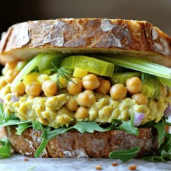 To make a tasty vegan chickpea salad sandwich, gather these key items: - 1 can (15 oz) chickpeas, drained and rinsed - 1/4 cup vegan mayonnaise - 1 tablespoon Dijon mustard - 1 tablespoon lemon juice - 2 celery stalks, finely chopped - 1/4 cup red onion, finely diced - 1/4 cup dill pickles, chopped - 1/4 teaspoon garlic powder - Salt and pepper to taste - Whole grain bread or wraps - Fresh greens (like spinach or lettuce) for serving These ingredients come together to create a creamy, flavorful salad that packs a punch. The chickpeas provide protein and fiber, making this meal filling and healthy. You can add your own twist to this salad with these optional items: - Sliced tomatoes - Avocado for creaminess - Fresh herbs like dill or parsley - Spices like paprika or cayenne for heat Feel free to mix and match! Each addition can enhance flavor and make the sandwich uniquely yours. This chickpea salad sandwich is not only delicious but also nutritious. Each serving contains: - Calories: Approximately 250 - Protein: 10 grams - Carbohydrates: 30 grams - Fiber: 8 grams - Fat: 10 grams This meal is a great option for lunch or a light dinner. It provides a balance of nutrients to keep you satisfied. For the full recipe, check out the details above. First, take a large bowl. Open the can of chickpeas and drain them well. Rinse them under cold water. Then, use a fork or potato masher to mash the chickpeas. Aim for a slightly chunky texture. You want some whole pieces for crunch. Next, add the vegan mayonnaise, Dijon mustard, and lemon juice. Mix everything well until smooth. Now, chop the celery, red onion, and dill pickles. Stir these into the chickpea mix along with garlic powder, salt, and pepper. Taste the salad and adjust the seasoning if needed. This step is key for a delicious flavor! Now it's time to build your sandwich! Grab your whole grain bread or wraps. Take a generous scoop of the chickpea salad and place it on one slice of bread. Spread it evenly. Add a layer of fresh greens on top. If you want, you can also add sliced tomatoes or avocado. This adds freshness and color. Finally, place another slice of bread on top. Press down gently to hold it together. If you want, cut it in half for easier eating. For the best taste, chill the chickpea salad. Let it sit in the fridge for about 15-20 minutes. This helps the flavors blend together nicely. When serving, you can wrap your sandwich in parchment paper. This makes it easy to take on the go. Enjoy it as a quick lunch or a light dinner. If you want to explore more, check out the Full Recipe for more tips! To make your chickpea salad great, start with well-drained chickpeas. Rinse them to remove excess salt. Mash them lightly; you want some chunks. This adds a nice texture. Use fresh ingredients for the best flavor. Fresh celery and red onion brighten the dish. Don’t skip the lemon juice; it adds a zing. Mix the ingredients well, but don’t over-mix. You want a good blend without turning it into mush. One common mistake is using dry chickpeas. Canned chickpeas are quick and easy. Make sure you rinse them well. Another mistake is forgetting to taste your salad. Always check the seasoning before serving. If it lacks flavor, add more salt or lemon juice. Also, avoid using too much mayo; it can overpower the salad. Lastly, don’t skip the chill time. Letting it sit enhances the flavors. To boost flavor, consider adding fresh herbs like parsley or dill. They add brightness and freshness. You can also mix in spices, like cumin or paprika, for a twist. For a kick, add a dash of hot sauce or chopped jalapeños. If you like crunch, try adding sunflower seeds or nuts. Don’t forget to experiment with toppings like sliced tomatoes or avocado. These add color and taste to your sandwich. For the full recipe, check out the Chickpea Delight Salad Sandwich. {{image_2}} You can swap out the bread or wrap to suit your taste. Whole grain bread is a great choice. It adds fiber and nutrients. You can also try: - Gluten-free bread for a gluten-free option. - Pita pockets for a fun twist. - Lettuce wraps for a low-carb meal. - Tortillas for a quick hand-held snack. Each option changes the flavor and texture. Experiment to find your favorite! To make your chickpea salad even better, you can add more ingredients. Here are some great add-ins: - Chopped bell peppers for crunch and color. - Shredded carrots for sweetness and nutrition. - Fresh herbs like parsley or cilantro for freshness. - Nuts or seeds for extra protein and healthy fats. These add-ins boost flavor and make your meal more filling. You can mix and match based on what you have at home. Toppings can take your sandwich to the next level. Here are some vegan-friendly options: - Avocado slices for creaminess and healthy fats. - Sliced tomatoes for freshness and juiciness. - Pickled onions for a tangy kick. - Sprouts for added crunch. These toppings add more flavor and texture. You can customize your sandwich each time you make it. For the full recipe, be sure to check out the details provided earlier. To store leftover chickpea salad, place it in an airtight container. Make sure the lid seals well to keep the salad fresh. You can keep it in the fridge for up to three days. If you notice any change in smell or texture, it's best to toss it. When making sandwiches, I suggest you assemble them just before serving. If you prepare them too early, the bread may get soggy. To avoid this, store the chickpea salad and bread separately. You can keep the salad in the fridge, and the bread in a cool, dry place. Assemble your sandwich when you are ready to eat. You can freeze chickpea salad for later use. First, place it in a freezer-safe bag. Remove as much air as possible before sealing. The salad can last up to three months in the freezer. When ready to eat, let it thaw in the fridge overnight. After thawing, mix it well before using it in a sandwich. Freezing may change the texture a bit, but it will still taste great. For best results, do not freeze the bread. Use fresh bread when you assemble your sandwich. For the full recipe, check out the Chickpea Delight Salad Sandwich 🥗. Yes, you can use canned chickpeas. They save time and are easy to find. Just make sure to drain and rinse them well. This removes excess sodium and improves taste. Canned chickpeas work great for a quick and tasty meal. You can use mashed avocado or tahini instead of vegan mayonnaise. Both add creaminess and flavor. Greek yogurt is another option if you are not strict on vegan. These substitutes keep the salad rich and delicious. The chickpea salad lasts about 3 to 5 days in the fridge. Store it in an airtight container. Make sure to check for freshness before eating. If it looks or smells off, it's best to toss it. Yes, this chickpea salad is gluten-free if you use gluten-free bread or wraps. The salad itself contains no gluten. Just be careful with the bread choice. Always check labels to ensure they meet your dietary needs. To spice up your sandwich, add diced jalapeños or a dash of hot sauce. You can also mix in a pinch of cayenne pepper. These additions will give your salad a nice kick. Adjust the spice level to your liking for the perfect sandwich. You can check the full recipe for more details on making this delightful meal. In this post, I covered how to make a tasty vegan chickpea salad sandwich. I shared the key ingredients and tips for preparation. You can customize the salad with optional add-ins for more taste and texture. Remember to store leftovers properly and avoid common mistakes. This recipe offers a healthy meal that's easy to prepare. Enjoy your delicious vegan sandwich and feel proud of your cooking!