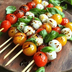 - Cherry tomatoes - Mozzarella balls (bocconcini) - Fresh basil leaves First, I love using fresh cherry tomatoes. Their sweet and juicy flavor really shines. Mozzarella balls, or bocconcini, provide a creamy texture that balances the tomatoes. Fresh basil leaves add a fragrant, herbal note. Together, they form the classic Caprese flavor you crave. - Balsamic glaze - Olive oil - Salt and pepper Next, seasoning makes a big difference. Balsamic glaze enhances the sweetness of the tomatoes. A little olive oil adds richness. Salt and pepper bring out all the flavors. I recommend mixing olive oil with salt and pepper for a simple dressing. - Wooden or metal skewers - Bowls for mixing To assemble these skewers, gather your tools. You need either wooden or metal skewers for threading. Small bowls help mix your olive oil and seasonings. Keeping your workspace organized makes the process easier and more fun. For the full recipe, check out the detailed steps. Gather all your ingredients and prepare your workspace. This helps keep things neat. Halve the cherry tomatoes with care. If your mozzarella balls are in water, drain them well. This step is key to keep the skewers from getting soggy. Take a skewer and start threading a cherry tomato onto it. Follow this with a fresh basil leaf, then add a mozzarella ball. This creates a tasty layer. Repeat this pattern until the skewer is full. You can fit three or four sets of tomato, basil, and mozzarella on each skewer. Just leave space at the ends for easy handling. In a small bowl, mix olive oil with a pinch of salt and pepper. This blend adds flavor to your skewers. Once the skewers are ready, place them on a serving platter. Drizzle the olive oil mixture over them. Finish by adding a generous drizzle of balsamic glaze for a touch of sweetness. Optionally, sprinkle some extra salt and freshly cracked pepper on top for an added kick. Enjoy your Easy Caprese Salad Skewers! For a detailed recipe, check the Full Recipe. To make your Easy Caprese Salad Skewers stand out, think about how you serve them. You can arrange the skewers standing in a jar. This method not only looks great but also makes grabbing a skewer easy. Another idea is to serve them flat on a platter. Add some extra basil leaves around the skewers for a fresh touch. This simple addition makes the dish more inviting. Want to add a twist to your skewers? Try adding different herbs like oregano or mint. These herbs can give a new flavor to your dish. You can also experiment with flavored balsamic glazes. A fig or raspberry glaze can take your skewers to another level. Just drizzle it on top before serving. These skewers are perfect for parties and gatherings. They’re easy to eat and look appealing. You can pair them with other appetizers like bruschetta or meatballs. They also go well with cocktails, adding a fun touch to your drinks. Whether it's a casual get-together or a fancy dinner, these skewers fit right in. For the full recipe, check out the Easy Caprese Salad Skewers. {{image_2}} You can easily switch up the cheese in your skewers. Try using feta or goat cheese for a tangy twist. These cheeses add a rich flavor that pairs well with tomatoes and basil. Adding vegetables can also amp up your skewers. Bell peppers bring a sweet crunch, while cucumbers add a refreshing bite. Both are colorful and make your dish more vibrant. Make your skewers more fun by creating themed versions. For a Mediterranean style, add olives and artichokes to your mix. These ingredients will transport your taste buds to sunny shores. If you want a Caprese with a twist, add slices of avocado. The creaminess of avocado complements the other flavors beautifully. You get rich texture and a new taste experience. Switching herbs can change the vibe of your skewers. In summer, fresh basil shines bright. In winter, try using parsley or oregano for different tastes. Using seasonal vegetables can also enhance your dish. In fall, roasted squash pairs well with tomatoes. In spring, fresh asparagus adds a lovely crunch. Each season brings new flavors to explore. For more ideas, check out the Full Recipe and get inspired! After your guests enjoy these tasty skewers, store any leftovers in the fridge. Place them in a covered container. They taste best when eaten within one day. This keeps the tomatoes fresh and the cheese creamy. If you want to save time, prepare the ingredients ahead. Store the cherry tomatoes, mozzarella, and basil in separate airtight containers. This way, you can assemble the skewers later. It makes meal prep easy and fun! You don’t need to reheat these skewers. They taste great cold. If you prefer, let them sit out for a while. This brings them to room temperature and enhances their flavor. Yes, you can prepare Easy Caprese Salad Skewers ahead of time. If you want to make them a few hours before your event, it works well. Assemble the skewers and place them in the fridge. You can store them for up to four hours. This helps keep the cheese fresh and the tomatoes firm. For best taste, I recommend serving them within a few hours of making them. You can mix things up with various ingredients for your skewers. Here are some tasty ideas: - Use different cheeses like feta or goat cheese. - Add veggies like bell peppers or cucumbers. - Try a Mediterranean twist with olives or artichokes. - Swap the basil for fresh spinach or arugula for a new flavor. To keep your Caprese skewers fresh, store them in an airtight container. Place a damp paper towel inside the container to help maintain moisture. Make sure to keep them in the fridge. Avoid stacking them too tightly to prevent squishing. If you want to eat them later, try to consume them within one day for the best taste. In this blog post, we explored making Easy Caprese Salad Skewers. We covered fresh ingredients like cherry tomatoes, mozzarella, and basil. I shared simple steps for assembly and shared tips for a great presentation. Plus, we looked at fun variations and storage tips to keep your skewers fresh. Remember, creativity defines this dish. Use different cheeses, herbs, or veggies to make it your own. Enjoy serving these colorful skewers at your next gathering!