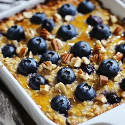 To make a delicious Blueberry Oatmeal Bake, you will need: - 2 cups rolled oats - 1 cup fresh or frozen blueberries - 1 medium banana, mashed - 2 cups almond milk (or milk of choice) - 1/4 cup maple syrup (or honey) - 1/4 cup almond butter (or peanut butter) - 2 teaspoons baking powder - 1 teaspoon vanilla extract - 1 teaspoon cinnamon - 1/4 teaspoon salt - 1/4 cup chopped nuts (walnuts or pecans) for topping (optional) - Extra blueberries for garnish (optional) Feel free to mix in some nuts or seeds for added crunch. This recipe is flexible, so you can swap the toppings based on your taste. This recipe serves six people. If you want to make more or less, you can adjust the ingredients. For example, if you want to serve four, use: - 1 1/3 cups rolled oats - 2/3 cup blueberries - 1 medium banana, mashed - 1 1/3 cups almond milk - 3 tablespoons maple syrup - 3 tablespoons almond butter - 1 1/3 teaspoons baking powder - 2/3 teaspoon vanilla extract - 2/3 teaspoon cinnamon - A pinch of salt - 1/3 cup nuts for topping (optional) - Extra blueberries for garnish (optional) If you have dietary restrictions, here are some easy swaps: - Use oat milk for a nut-free option. - Swap almond butter with sunflower seed butter for nut allergies. - Replace maple syrup with agave nectar if needed. These alternatives keep the recipe tasty while meeting your needs. 1. Preheat your oven to 350°F (175°C). This is key for even baking. 2. Grease a 9x9 inch baking dish with coconut oil or cooking spray. This keeps the bake from sticking. 3. In a large mixing bowl, combine the rolled oats, baking powder, cinnamon, and salt. 4. Stir until well mixed. This step helps the flavors blend nicely. 1. In another bowl, whisk together the mashed banana, almond milk, maple syrup, almond butter, and vanilla extract. 2. Make sure it is smooth. This creates a creamy base for your bake. 3. Pour the wet mixture into the dry ingredients. 4. Mix until just combined. Don’t over-mix; we want a nice texture. 5. Gently fold in the blueberries. This adds bursts of flavor in each bite. 1. Pour the mixture into the prepared baking dish. 2. Spread it evenly. This ensures even cooking throughout. 3. If using, sprinkle chopped nuts on top for added crunch. 4. Bake in the preheated oven for 30-35 minutes. 5. Check for doneness by inserting a toothpick in the center. It should come out clean. 6. Allow it to cool for about 10 minutes before slicing into squares. You can enjoy this Blueberry Oatmeal Bake warm, with extra blueberries on top and a drizzle of maple syrup. To make your blueberry oatmeal bake perfect, avoid a few common mistakes: - Use the right oats: Rolled oats work best. Instant oats can turn mushy. - Do not overmix: Mix until just combined. Overmixing can make it dense. - Watch your baking time: Keep an eye on it. Ovens vary, so check for doneness early. For the perfect texture: - Add enough liquid: The mixture should be moist but not watery. - Cool before slicing: Let it sit for ten minutes after baking. This helps it set. - Use ripe bananas: The riper the banana, the sweeter the bake. For a complete meal, pair your blueberry oatmeal bake with: - Yogurt: A dollop of Greek yogurt adds creaminess and protein. - Maple syrup: Drizzle some on top for extra sweetness. - Fresh fruit: Serve with sliced bananas or more blueberries for color and flavor. If you have leftovers, try these creative ways to serve them: - Breakfast parfait: Layer bake pieces with yogurt and fruit in a glass. - Smoothie bowl: Blend with almond milk and top with nuts and seeds. - Snack bites: Cut into squares and pack them for an on-the-go snack. For more details, be sure to check out the Full Recipe. {{image_2}} You can make this blueberry oatmeal bake even more fun by changing the fruits. Try using raspberries or strawberries instead of blueberries. Each fruit brings its unique taste. You can also mix different fruits for a burst of flavor. Changing spices can add depth to your dish. For a warm twist, use nutmeg. You can even try ginger for a zing! Experimenting with flavors keeps this bake exciting. If you need a gluten-free option, substitute rolled oats with gluten-free oats. This swap keeps the bake tasty without gluten. For a vegan alternative, use plant-based milk and maple syrup. Skip the almond butter or replace it with sunflower seed butter. These simple changes make the bake suitable for everyone. Explore these variations to match your taste and dietary needs! Check out the Full Recipe for more details. To keep your blueberry oatmeal bake fresh, store it properly. After it cools, cut it into squares. Place the squares in an airtight container. It will stay fresh in the fridge for about 3 to 5 days. If you want to save some for later, freezing is a great option. Wrap each square in plastic wrap. Then, put them in a freezer-safe bag. This way, they can last for about 2 to 3 months. When you're ready to eat, just thaw them in the fridge overnight. To enjoy your blueberry oatmeal bake again, reheating is easy. The best method is to use an oven or microwave. For the oven, preheat it to 350°F (175°C). Place the squares on a baking sheet. Heat for about 10 to 15 minutes, or until warm. This method helps keep the texture nice. If you choose the microwave, place a square on a plate. Heat it for about 30 to 60 seconds. Keep an eye on it to avoid overheating. The goal is to warm it up without drying it out. Enjoy your delicious bake again! How to know when it’s fully baked? You can check if your bake is done by inserting a toothpick in the center. If it comes out clean, it’s ready! The top should also look golden brown. Let it cool for about 10 minutes before slicing. This helps it set well. Can I use instant oats instead of rolled oats? You can use instant oats, but the texture will change. Instant oats cook faster and may make the bake softer. Rolled oats give a nice chewiness. For best results, stick with rolled oats. Caloric content per serving Each serving of this Blueberry Oatmeal Bake has around 180 calories. This can vary based on the toppings you choose. It’s a filling dish that keeps you satisfied! Health benefits of the ingredients used Blueberries are packed with antioxidants. They help fight inflammation and improve heart health. Oats provide fiber, which aids digestion. Almond milk is lower in calories and great for those who are lactose intolerant. What can I use if I don’t have almond butter? If you don’t have almond butter, you can use peanut butter. Sunflower seed butter works too. These options will give a different flavor but still taste great in the bake. Can I make this recipe without bananas? Yes, you can skip the bananas. You can replace them with unsweetened applesauce. This keeps the moisture and adds a nice sweetness without the banana flavor. The Blueberry Oatmeal Bake is simple and tasty. We covered key ingredients, helpful measurements, and preparation steps. You learned about baking time and the best texture. I shared tips for success, tasty variations, and how to store it. This dish is great for breakfast or a snack. Experiment with fruits and toppings to make it your own. Enjoy the ease of preparing a healthy meal that suits your needs!