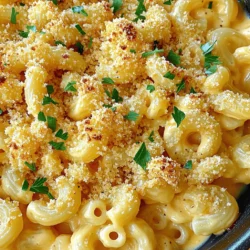 To make baked macaroni and cheese, gather these key ingredients: - 2 cups elbow macaroni - 4 cups shredded sharp cheddar cheese - 1 cup shredded mozzarella cheese - 1/2 cup grated Parmesan cheese - 4 tablespoons unsalted butter - 1/4 cup all-purpose flour - 4 cups milk (whole or 2%) - 1 teaspoon garlic powder - 1 teaspoon onion powder - 1/2 teaspoon smoked paprika - Salt and pepper to taste - 1 cup breadcrumbs (preferably Panko for extra crunch) - 2 tablespoons fresh parsley, chopped (for garnish) These ingredients create a creamy, cheesy dish that everyone loves. When selecting cheese, focus on flavor and meltability. Sharp cheddar gives a strong taste. It balances well with mozzarella, which melts beautifully. Parmesan adds a nice salty touch. Always buy cheese in blocks rather than pre-shredded. Block cheese melts better and has more flavor. Aged cheeses can also add depth. Remember, the better the cheese, the tastier the dish. You can customize your mac and cheese with fun add-ins. Try mixing in cooked bacon or ham for a savory boost. For veggies, add steamed broccoli or sautéed mushrooms. If you want heat, toss in jalapeños or hot sauce. You can even stir in some crumbled blue cheese for a gourmet twist. These options make your mac and cheese unique and exciting. For the full recipe, check out the details above! To start, preheat your oven to 350°F (175°C). This step warms the oven for baking. Next, boil a pot of salted water. Add the elbow macaroni and cook as the package says, usually about 7-8 minutes. You want the pasta to be al dente, which means it should be firm but not hard. After cooking, drain the macaroni and set it aside. Now, let’s make the cheese sauce. In a large saucepan, melt 4 tablespoons of unsalted butter over medium heat. Once the butter is melted, add 1/4 cup of all-purpose flour. Stir it for about a minute to make a roux, which helps thicken the sauce. Slowly pour in 4 cups of milk while whisking continuously. Keep whisking for about 5-7 minutes until it thickens. Lower the heat and add 3 cups of sharp cheddar cheese, 1 cup of mozzarella cheese, and 1/2 cup of grated Parmesan cheese. Stir until the cheese melts. This is where the magic happens! Season with garlic powder, onion powder, smoked paprika, salt, and pepper. Now, combine the cooked macaroni with the cheese sauce. Mix well to coat each piece of pasta. Pour the mixture into a greased 9x13 inch baking dish. Top it with the remaining 1 cup of cheddar cheese and 1 cup of breadcrumbs for a lovely crunch. Bake in the preheated oven for 25-30 minutes. You’ll know it’s ready when the top is golden brown and bubbly. Let it cool for a few minutes after baking. Garnish with fresh parsley, and then serve. Enjoy your cheesy comfort food! For a complete recipe, check out the Full Recipe. To get that perfect creamy texture, use whole milk or 2% milk. The fat in the milk helps create a rich sauce. When you heat the milk, do it slowly. This way, it warms up without burning. Add cheese in small amounts. Stir well after each addition. This helps the cheese melt smoothly into the sauce. A grainy cheese sauce can spoil your mac and cheese. To avoid this, always use fresh cheese. Packaged pre-shredded cheese often has additives that cause graininess. Grate your own cheese instead. One secret is to add a little cornstarch to the cheese before mixing it in. This keeps the sauce smooth and creamy. Lastly, keep the heat low once you add the cheese. High heat can cause the cheese to clump and become grainy. Leftover mac and cheese can be just as good! Store it in an airtight container in the fridge. To reheat, add a splash of milk. This helps bring back the creamy texture. Heat it slowly in the microwave or on the stove. Stir often to keep it smooth. You can also bake leftovers. Just add some cheese and breadcrumbs on top, then bake until bubbly. Enjoy your cheesy comfort food even on day two! {{image_2}} You can switch up the cheeses for your baked macaroni and cheese. Sharp cheddar adds a strong flavor, while mozzarella gives it a nice stretch. Try gouda for a smoky taste or fontina for a creamy texture. Mixing different cheeses can make your dish more exciting. Aim for a blend of at least two or three cheeses to find your favorite combo. Adding protein or veggies boosts flavor and nutrition. Consider cooked chicken, bacon, or even sausage for heartiness. If you want more veggies, stir in steamed broccoli, spinach, or roasted bell peppers. These ingredients not only taste great but also add color to your dish. You can sneak in healthy food without losing the comfort you crave. Want to spice things up? Add a pinch of cayenne pepper for heat or jalapeños for a kick. For gourmet touches, mix in truffle oil or add a layer of caramelized onions. You can also top your mac and cheese with crumbled blue cheese or crispy prosciutto. These little changes can transform a simple dish into something special. Explore these options to impress your guests or treat yourself! For a full recipe, check out the Cheesy Comfort Mac & Cheese . To store leftover baked macaroni and cheese, let it cool down first. Once cooled, place it in an airtight container. Make sure to cover it tightly. This helps keep it fresh. Store it in the fridge for up to three days. You can also use a glass dish with a lid for easy storage. When you’re ready to enjoy your leftovers, reheating is key. Preheat your oven to 350°F (175°C). Place the macaroni and cheese in an oven-safe dish. Add a splash of milk to help it stay creamy. Cover the dish with foil to prevent drying out. Bake for about 20 minutes or until hot. Stir halfway through for even heating. You can also use the microwave, but it may not keep the same texture. Freezing baked macaroni and cheese is simple. After cooking, let it cool completely. Then, divide it into portion-sized servings. Use freezer-safe bags or containers. Make sure to remove as much air as possible. Label them with the date. It can last in the freezer for about three months. When ready to eat, thaw it in the fridge overnight. Reheat it as mentioned before for the best taste. Enjoy this cheesy delight anytime! I recommend using elbow macaroni for baked mac and cheese. It holds cheese sauce well. You can also try cavatappi or shells. Both have ridges that trap more cheese. This makes every bite extra tasty! Yes, you can make baked mac and cheese ahead of time! Prepare it fully and store it in the fridge. Just cover it tightly with plastic wrap or foil. When you are ready to bake, let it sit out for about 30 minutes. Then bake it as usual until bubbly and golden. Baked mac and cheese is great for meal prep! You can portion it into containers for easy meals later. It reheats well, so you can enjoy it all week. Just follow the instructions for storing and reheating. You will have delicious meals ready to go! Check out the Full Recipe for more details on how to make it. Baked macaroni and cheese brings joy with its creamy texture and rich flavor. We discussed key ingredients, tips for choosing cheese, and optional mix-ins. I provided step-by-step instructions for making the perfect dish. You learned how to keep it creamy and prevent graininess. We explored exciting variations and best ways to store leftovers. This dish is simple and fun to make, with endless ways to enjoy it. Embrace your creativity and make baked mac and cheese your own. Enjoy each cheesy bite!
