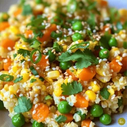 - 1 medium head of cauliflower, riced (or 4 cups pre-riced cauliflower) - 1 cup mixed vegetables (carrots, peas, corn) - 3 green onions, sliced - 2 cloves garlic, minced - 2 large eggs, beaten - 3 tablespoons soy sauce (or tamari for gluten-free) - 1 tablespoon sesame oil - 1 tablespoon olive oil or avocado oil - Salt and pepper to taste - Optional: 1 teaspoon grated fresh ginger - Optional: Fresh cilantro or sesame seeds for garnish When I make cauliflower fried rice, I love to keep it simple yet tasty. The main star is the cauliflower. It gives you that rice-like texture without the carbs. You can use a whole head or grab some pre-riced cauliflower. The mixed veggies add color and crunch. You can pick whatever you like—carrots, peas, and corn work great! For a flavor boost, I often toss in garlic and ginger. The eggs add a nice protein touch. Soy sauce brings umami, while sesame oil gives it a lovely finish. Finally, a sprinkle of green onions and some cilantro or sesame seeds on top makes it look pretty. Each serving has about 150 calories. This dish is low in carbs and high in fiber. Cauliflower is a fantastic vegetable. It is low in calories and rich in vitamins. It can help with digestion and may reduce the risk of some diseases. You get all these benefits while enjoying a delicious meal. - Large skillet or wok - Food processor (if ricing cauliflower) - Wooden spoon or spatula - Measuring cups and spoons For this recipe, a large skillet or wok is key. It helps you stir-fry everything evenly. I prefer using a non-stick skillet for easy cleanup. A food processor makes ricing cauliflower quick and easy. A good wooden spoon or spatula will help you mix everything perfectly. I recommend durable brands like T-fal or Cuisinart. They last long and make cooking fun. To make cauliflower rice, start by cutting the cauliflower into florets. Place these florets in a food processor. Pulse them until they look like rice grains. This process is quick and easy. If you prefer, you can use pre-riced cauliflower. This saves time and effort. Look for it in the fresh or frozen section of your grocery store. Just make sure it’s not soggy or wet. Now, let’s cook our dish. Heat 1 tablespoon of olive oil in a large skillet over medium heat. Add minced garlic to the hot oil. Sauté it for about 30 seconds until it smells great. Next, add 1 cup of mixed vegetables. Stir-fry them for 3-4 minutes. They should become tender but still crisp. Move the vegetables to one side of the skillet. Pour the beaten eggs into the empty side. Scramble the eggs until they're fully cooked. Then, mix them with the vegetables. Add the riced cauliflower to the skillet next. Stir everything together. Cook for an additional 5-7 minutes. This allows the cauliflower to soften and get some color. Pour 3 tablespoons of soy sauce and 1 tablespoon of sesame oil over the mixture. Stir well to coat everything evenly. Season with salt and pepper to taste. For the final touch, sprinkle sliced green onions on top. Mix gently to combine all the flavors. Serve your cauliflower fried rice hot. You can garnish it with fresh cilantro or sesame seeds for a nice look. This makes the dish even more appealing. You’ll find the full recipe linked above for your convenience! To make your cauliflower fried rice burst with flavor, use spices and seasonings. - Ginger: Add fresh ginger for a warm, spicy touch. - Garlic: Always use fresh garlic to boost the taste. - Soy sauce: This gives an umami flavor. Use low-sodium soy sauce for a healthier option. For protein, you can add cooked chicken, shrimp, or tofu. If you prefer a vegan dish, skip the eggs and add chickpeas or edamame for protein. This keeps it nutritious and filling. Many people overcook cauliflower. This leads to mushy rice. To avoid this, stir-fry on high heat for a short time. Another mistake is not properly draining the cauliflower after ricing. Excess moisture can make the dish soggy. Ensure you pat it dry with a towel. If your fried rice tastes bland, it may need more seasoning. Start with a little salt and pepper, and adjust to your taste. Cauliflower fried rice pairs well with many dishes. Try serving it with grilled chicken or fish for a hearty meal. For a light meal, enjoy it alone or with a side salad. This dish is great for lunch, dinner, or meal prep. It is easy to store and reheat, making it perfect for busy days. Feel free to check out the Full Recipe for a complete guide! {{image_2}} You can change up your cauliflower fried rice with many vegetables. Try adding bell peppers, zucchini, or broccoli for color and taste. You can also use leafy greens like spinach or kale for added nutrients. Each vegetable brings its own flavor and texture. For sauces, you can swap soy sauce for coconut aminos if you want a sweeter taste. You might try teriyaki sauce for a richer flavor. Adding a splash of rice vinegar can brighten the dish. Feel free to experiment with different dressings to keep things fresh. This dish is naturally gluten-free if you use tamari instead of soy sauce. Other options include using a gluten-free stir-fry sauce or making your own from scratch. For low-carb variations, stick to the cauliflower and avoid high-carb veggies like corn and peas. You can use extra green onions and mushrooms to add bulk without adding carbs. This way, you keep the dish light but still filling. For an Asian twist, add sesame seeds and fresh ginger to boost flavor. You can also toss in some edamame for protein. To give it a Mediterranean flair, include olives, sun-dried tomatoes, or artichoke hearts. Use olive oil and fresh herbs like basil or oregano for a unique taste. Each twist changes the dish while keeping it fun and healthy. For the full recipe, check out the detailed instructions above. To store leftovers, let the cauliflower fried rice cool down. Place it in an airtight container. This keeps moisture locked in and prevents odors. Refrigerate your dish for up to four days. If you want to enjoy it later, make sure it is sealed well. To freeze, wait until the rice is cool. Use freezer-safe bags or containers. Remove as much air as possible. This helps avoid freezer burn. You can freeze it for up to three months. When ready to eat, thaw it in the fridge overnight. For reheating, the best method is using a skillet. Heat it over medium heat, add a splash of oil, and stir. This keeps the rice from getting soggy. You can also use a microwave. Just cover it with a damp paper towel to retain moisture. Always check that it’s heated through. Safety is key! Cauliflower fried rice is a low-carb dish that swaps rice for riced cauliflower. This meal is tasty and healthy. Cauliflower is rich in vitamins and fiber. It helps you feel full without many calories. This dish is also gluten-free, making it great for many diets. You can add your favorite veggies and proteins for more flavor. To make cauliflower fried rice taste great, use fresh garlic and ginger. These add a strong, nice flavor. You can also add soy sauce or tamari for a salty kick. Try using sesame oil, too; it gives a rich taste. Cook everything on high heat to get that fried rice texture. Don't forget to finish with green onions for freshness. Yes, you can make cauliflower fried rice ahead of time. Cook it and let it cool down. Then, store it in an airtight container in the fridge. It will last for about 3 to 4 days. When you are ready to eat, just reheat it in a skillet. You can also freeze it for longer storage. Just make sure to thaw before reheating. For more details, check the Full Recipe. In this article, we explored how to make cauliflower fried rice. We covered key ingredients, including optional flavors and their health benefits. You learned useful cooking tools and precise steps for preparation. We shared tips for enhancing flavor, avoiding common mistakes, and serving suggestions. Finally, we highlighted important storage info and variations for dietary needs. Now, you have the tools to enjoy a delicious, healthy dish anytime. Happy cooking!