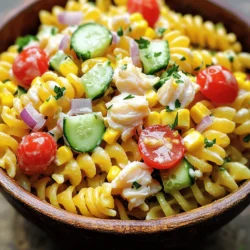 - 8 oz (about 2 cups) rotini pasta - 1 cup cooked crab meat (can be fresh or canned) - 1/2 cup cherry tomatoes, halved - 1/2 cup sweet corn (canned or frozen) - 1/2 cup diced cucumber - 1/4 cup red onion, finely chopped - 1/4 cup mayonnaise - 1 tablespoon Dijon mustard - 1 tablespoon lemon juice - Salt and pepper to taste - Fresh parsley or dill for garnish If you cannot find crab meat, try using shrimp or canned tuna. For a vegan option, replace crab with chickpeas or tofu. You can use gluten-free pasta if needed. Just make sure to check the brand for gluten-free labeling. Quality crab meat makes a big difference. Look for lump crab meat for the best flavor. Choose ripe cherry tomatoes for sweetness. Fresh herbs like parsley or dill can enhance the taste. Always check for firm and crisp cucumbers to add crunch. For the full recipe, check out the details above. To make the crab pasta salad, start by cooking the rotini pasta. 1. Boil Water: Fill a large pot with water. Add salt to enhance flavor. Bring this water to a boil. 2. Cook Pasta: Add the rotini pasta. Cook it according to the package instructions. This usually takes about 8-10 minutes. 3. Drain and Cool: Once cooked, drain the pasta in a colander. Rinse the pasta under cold water to stop the cooking and cool it down. Set it aside for later. Next, prepare the vegetable mixture to add fresh flavors. 1. Chop Ingredients: Take your cherry tomatoes, cucumber, and red onion. Dice them into small pieces. This helps with even mixing and keeps the texture nice. 2. Mix Gently: In a large mixing bowl, combine the cooked crab meat, chopped tomatoes, sweet corn, diced cucumber, and red onion. Stir gently to mix. Be careful not to break the crab meat too much. Now, let's make a tasty dressing that brings everything together. 1. Combine Ingredients: In a smaller bowl, whisk together mayonnaise, Dijon mustard, and lemon juice. Mix until smooth. 2. Season: Add salt and pepper to taste. Make sure to adjust the seasoning to your liking. This will enhance the overall flavor of the salad. Once everything is ready, you're set to combine the pasta, vegetables, and dressing. This simple process makes a fresh and flavorful meal that shines on any table. For the full recipe, check out the detailed instructions provided earlier. Chilling your crab pasta salad is key. It helps the flavors mix well. I suggest letting it chill for at least 30 minutes. This allows the dressing to soak into the pasta and veggies. Balancing seasoning is also important. Start with a little salt and pepper, then taste. You can always add more but can’t take it away! A beautiful salad makes a meal more fun. You can serve the salad in a large bowl or individual cups. For a pop of color, add fresh herbs on top. Chopped parsley or dill works great. You can also slice some lemon wedges for a nice touch. They look pretty and add a fresh smell. If you're short on time, use pre-chopped veggies. Most stores offer these, and they save you effort. You can also cook the pasta a day in advance. Just cool it and store it in the fridge. This way, you can mix everything fast when you're ready to eat. {{image_2}} You can make this salad even better by adding fun ingredients. Consider mixing in: - 1 avocado, diced - 1 bell pepper, chopped - 1/2 cup olives, sliced These additions bring new tastes and textures. Avocado adds creaminess, while bell peppers give a nice crunch. Olives add a salty kick that many enjoy. If you follow a special diet, you can still enjoy this crab pasta salad. Here are some ideas: - Keto-friendly: Use zucchini noodles or cauliflower pasta instead of rotini. - Low-carb: Stick to the crab and veggies, skipping the pasta. - Allergy-friendly: Replace mayonnaise with a vegan alternative or yogurt for a lighter option. These swaps keep the salad tasty and suitable for everyone. Explore global flavors by changing the dressing style. Here are some great ideas: - Italian: Use olive oil, balsamic vinegar, and Italian herbs for a fresh taste. - Asian: Mix soy sauce, sesame oil, and ginger for an exciting twist. - Mexican: Combine lime juice, cilantro, and a bit of chili powder for a zesty kick. These twists add personality to your crab pasta salad and make it unique. For the full recipe, check out the Super Easy Crab Pasta Salad. To keep your crab pasta salad fresh, store it in an airtight container. Refrigerate leftovers right away. This helps prevent sogginess. Make sure the salad is completely cool before sealing the container. If you have extra dressing, store it separately. This keeps your pasta salad crisp and tasty. I do not recommend freezing crab pasta salad. The texture will change after thawing. If you must freeze it, use a freezer-safe container. Make sure to use it within a month. Thaw it in the fridge overnight when you're ready to eat. This way, it stays safe and tasty. You can keep crab pasta salad in the fridge for up to three days. After that, check for signs of spoilage. If you see any mold or an off smell, it is best to discard it. Also, if the pasta salad becomes too watery, it’s time to throw it away. Freshness matters for taste and safety. You can keep crab pasta salad in the fridge for up to three days. Make sure to store it in an airtight container. After three days, the salad may lose its taste and crispness. If you notice any strange smells or changes in color, it's best to throw it out. Always check for freshness before serving. Yes, you can use different types of pasta for this crab pasta salad. Rotini works well, but you can also try penne, fusilli, or even farfalle. Each pasta shape adds its own texture. Just make sure whatever pasta you choose cooks well and holds the dressing nicely. For extra crunch, consider adding diced bell peppers, shredded carrots, or chopped celery. These vegetables add a fresh bite. You can also sprinkle some toasted nuts or seeds on top. They give a great texture and flavor boost to your salad. This crab pasta salad blends fresh ingredients and easy steps for great flavor. Key substitutes and tips can help you customize this dish to fit your needs. Chilling enhances taste, while presentation makes it more inviting. You can even adapt it for specific diets or add fun twists. Remember to store it properly for later enjoyment. Use this guide to create a delicious crab pasta salad everyone will love. Enjoy your cooking journey!