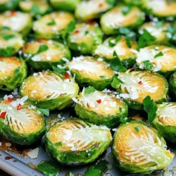 - 1 lb Brussels sprouts, trimmed and halved - 4 cloves garlic, minced - 3 tablespoons olive oil - 1/2 cup grated Parmesan cheese - 1 teaspoon garlic powder - 1/2 teaspoon red pepper flakes (optional) - Salt and pepper to taste - Fresh parsley for garnish (optional) Garlic Parmesan Roasted Brussels Sprouts is a simple yet tasty dish. Each ingredient plays a special role. The Brussels sprouts bring a slight bitterness that balances well with the garlic and cheese. The garlic adds a nice punch, while the olive oil helps everything roast perfectly. Parmesan cheese gives the dish its cheesy goodness. Garlic powder enhances the garlic flavor, while red pepper flakes can add a spicy kick. Salt and pepper help bring out all the flavors. Fresh parsley adds a pop of color and fresh taste at the end. Using fresh ingredients makes a big difference. Fresh Brussels sprouts are crisp and vibrant. They should be firm and bright green. Try to select the best ones for the best flavor. For the full recipe, you can check the section above. This delightful dish is easy to make and perfect for any meal. - Preheat the oven to 400°F (200°C). - In a large bowl, combine the trimmed and halved Brussels sprouts with minced garlic, olive oil, garlic powder, red pepper flakes, salt, and pepper. Toss until the sprouts are well coated. To start, getting the oven hot is key. This helps the sprouts roast perfectly. Next, you mix the Brussels sprouts and spices in a big bowl. Make sure every sprout gets a nice coat of flavor. This step is fun and easy! - Spread sprouts on a baking sheet and roast for 20 minutes. - After 20 minutes, remove the baking sheet and sprinkle the grated Parmesan cheese evenly over the Brussels sprouts. Return to the oven and roast until golden brown. Once your sprouts are well coated, lay them flat on a baking sheet. This gives them room to roast evenly. Set a timer for 20 minutes. When time is up, the sprouts will be tender. Then, sprinkle the Parmesan cheese on top. Put them back in the oven so the cheese can melt and turn crispy. - Cool slightly before garnishing with parsley. When the sprouts are golden and crispy, take them out. Let them cool for a couple of minutes. This helps keep them crunchy. If you want to add color, sprinkle fresh parsley on top. It makes a lovely finish! For the full recipe, check out the details above! To get the best crispy Brussels sprouts, start by preheating your oven to 400°F (200°C). The high heat works wonders for crisping. Cut your Brussels sprouts in half. This helps them cook evenly and get that nice, crispy edge. When you mix them with the garlic and olive oil, make sure they are coated well. This helps them brown nicely. Spread the sprouts on a baking sheet in a single layer. Avoid stacking them; this way, they roast, not steam. For extra flavor, consider mixing different types of cheese. You can use Pecorino Romano for a sharper taste. If you want something milder, go for mozzarella. Add fresh herbs like thyme or rosemary for a tasty twist. You can also play with spices. Try cumin or smoked paprika to bring a new flavor profile. A pinch of lemon zest adds brightness and freshness. These simple changes can make your Garlic Parmesan Roasted Brussels Sprouts even more delightful. For the full recipe, check out the instructions provided. {{image_2}} You can switch up the cheese in this dish. Feta adds a tangy twist. Cheddar gives a rich flavor. Both make great choices. You can also change the oil. Instead of olive oil, use avocado oil. It has a light taste and is good for roasting. For a lighter meal, try low-fat cheese. It cuts calories but keeps flavor. You can also make a low-carb version. Use cauliflower instead of Brussels sprouts. It roasts well and tastes good with garlic. Want to add more texture? Toss in some nuts or seeds. Almonds or sunflower seeds work well. They give a nice crunch. You can also mix in other roasted veggies. Carrots or bell peppers pair nicely with Brussels sprouts. They add color and flavor to your dish. For the complete recipe, check out the [Full Recipe]. To keep your Garlic Parmesan roasted Brussels sprouts fresh, use an airtight container. Store them in the fridge right after they cool. They stay good for about three days. If you want to keep them longer, consider freezing them. They can last up to three months in the freezer. Just remember to let them cool completely before freezing. When it comes to reheating, the oven is your best friend. Preheat it to 350°F (175°C). Spread the sprouts on a baking sheet and heat for about 10-15 minutes. This keeps them crispy. You can also use the microwave, but it may make them a bit soggy. If you use the microwave, heat in short bursts to avoid overcooking. Enjoy your tasty leftovers! Can I make Garlic Parmesan Roasted Brussels Sprouts ahead of time? Yes, you can prepare them in advance. Just roast the sprouts and let them cool. Then, store them in an airtight container. When you're ready to serve, reheat in the oven for a few minutes. What can I serve with Garlic Parmesan Roasted Brussels Sprouts? These sprouts pair well with many dishes. Try them with grilled chicken, steak, or fish. They also complement pasta and grain bowls nicely. How can I adjust the recipe for dietary restrictions? To make it dairy-free, use nutritional yeast instead of Parmesan cheese. For a lower-fat option, reduce the olive oil. Always check for allergies related to any ingredients. What are the nutritional benefits of Brussels sprouts? Brussels sprouts are packed with vitamins. They are high in vitamin K and C. They also provide fiber, which is good for digestion. Plus, they have antioxidants that help fight disease. What is the best way to prepare Brussels sprouts? The best way is to roast them. Roasting brings out their natural sweetness and creates a crispy texture. Make sure to trim and halve them for even cooking. Are Brussels sprouts healthy? Yes, they are very healthy! They are low in calories and high in nutrients. Eating them can boost your immune system and support heart health. How to choose fresh Brussels sprouts at the store? Look for sprouts that are firm and vibrant green. Avoid those with yellowing leaves or soft spots. Fresh sprouts should feel heavy for their size. This blog post showed you how to make Garlic Parmesan Roasted Brussels Sprouts. I covered ingredients, step-by-step instructions, and helpful tips for perfect roasting. You learned about variations and healthy options too. Keep these ideas in mind to enjoy a tasty vegetable dish. With these easy steps, you can impress anyone with your cooking skills!