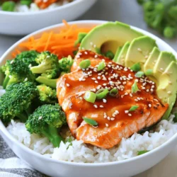 To make a tasty teriyaki salmon bowl, gather these main ingredients: - 2 salmon fillets (about 6 oz each) - 1/4 cup low-sodium soy sauce - 2 tablespoons honey or maple syrup - 1 tablespoon rice vinegar - 1 tablespoon sesame oil - 1 teaspoon freshly grated ginger - 2 garlic cloves, minced - 1 cup cooked jasmine rice - 1 cup steamed broccoli florets - 1/2 cup shredded carrots - 1 avocado, sliced - 1 tablespoon sesame seeds for garnish - 2 green onions, chopped for garnish These ingredients blend to create bold flavors. The salmon stands out with a sweet and salty glaze. The vegetables add color and crunch, making each bite fun. You can make your teriyaki salmon bowls unique by adding these optional ingredients: - Edamame for extra protein - Cucumber slices for a fresh taste - Spinach or kale for greens - Pickled ginger for a tangy kick - Seaweed salad for an umami boost Feel free to mix and match these options. They can enhance flavor, texture, and nutrition. When picking salmon, focus on quality. Here are some tips: - Look for bright, vibrant color. Fresh salmon should not appear dull. - Check for firmness. Press gently; it should spring back. - Smell the fish. Fresh salmon should have a light, ocean scent, not a strong fishy odor. - Ask your fishmonger about the source. Wild-caught salmon often tastes better than farmed. Choosing fresh salmon makes a big difference in your meal. It adds depth and richness to your teriyaki salmon bowls. For the full recipe, follow the steps laid out in the earlier sections. Start by gathering your ingredients. You will need low-sodium soy sauce, honey or maple syrup, rice vinegar, sesame oil, fresh ginger, and garlic. In a small bowl, whisk these ingredients together. Mix them until they blend well. This sauce adds a sweet and salty flavor to the salmon. Next, take your salmon fillets. Place them in a shallow dish. Pour half of the teriyaki sauce over the fillets. Make sure they are well-coated. Cover the dish and let it sit in the refrigerator. Marinate the salmon for at least 15 minutes. This step helps the salmon absorb the delicious flavors. Heat a non-stick skillet or grill pan over medium-high heat. Take the salmon out of the marinade and discard the leftover sauce. Once your pan is hot, place the salmon fillets in it. Cook each side for about 4 to 5 minutes. You want the salmon to flake easily with a fork. This means it's perfectly cooked. Now it’s time to put everything together! In serving bowls, scoop in the cooked jasmine rice as your base. Top the rice with steamed broccoli, shredded carrots, and sliced avocado. Place a salmon fillet on top of the veggies in each bowl. Drizzle any remaining teriyaki sauce (not used for marinating) over everything for extra flavor. Finally, sprinkle sesame seeds and chopped green onions on top. This adds a nice crunch and fresh taste to your meal. For the full recipe, click [Full Recipe]. You can cook salmon in many ways. Grilling gives a nice char. Baking keeps it moist and tender. Pan-searing is quick and easy. I love using a non-stick skillet. It makes flipping the fillets simple. Ensure your skillet is hot before adding the salmon. This way, you get a nice crust. To boost your teriyaki sauce, try adding extra garlic or ginger. A splash of orange juice can add zest. If you like heat, add a dash of chili flakes. Let the sauce simmer to deepen the flavors. Always taste as you go. This way, you can adjust to your liking. For a full meal, pair your salmon bowl with fresh veggies. Steamed broccoli and shredded carrots are great choices. You can also add sliced cucumbers or snap peas. A sprinkle of sesame seeds adds crunch. Serve with a wedge of lime for extra brightness. Check out the Full Recipe for detailed steps. {{image_2}} If you want to switch things up, consider using chicken, shrimp, or tofu. Chicken thighs work well with teriyaki sauce, giving a juicy taste. Cook them just like the salmon. For shrimp, sauté them for about 3-4 minutes until they turn pink. Tofu is a great plant-based option. Press it to remove extra water, then cook until golden brown. Each protein adds its flavor, making your bowl unique. For a vegetarian twist, try using tempeh or mushrooms. Tempeh gives a nice texture and absorbs flavors well. Marinate it like salmon, then grill or pan-fry until crispy. Mushrooms, especially portobello, can stand in for meat. Sauté them until tender and use in your bowl. You can also add more veggies like bell peppers or snap peas for extra crunch. Teriyaki sauce can be adjusted to your taste. Want it spicier? Add a dash of sriracha or red pepper flakes. If you like it sweeter, mix in more honey or maple syrup. For a tangy kick, add some lime juice or orange zest. You can also experiment with different oils, like coconut or chili oil. Each change can make your teriyaki sauce special. For the full recipe, check out the [Full Recipe]. Store leftover salmon bowls in an airtight container. This keeps the food fresh. Let the bowls cool down first. You can keep them in the fridge for up to three days. If you think you won’t eat them soon, consider freezing them. To reheat, use the microwave or a pan on low heat. If using a microwave, cover the bowl with a damp paper towel. This keeps the salmon moist. If using a pan, add a splash of water or broth. Heat gently to keep the salmon tasty. You can freeze salmon and other ingredients, too. For salmon, wrap each piece tightly in plastic wrap. Place it in a freezer bag. For rice and veggies, let them cool before freezing. Store them in separate bags or containers. They last for up to three months. When ready to eat, thaw in the fridge overnight. Then reheat as you like. For the full recipe, check out the section above. You can make Teriyaki Salmon Bowls healthier by using less honey or maple syrup. Try using brown rice instead of jasmine rice. You can also add more veggies. Options like bell peppers or snap peas work well. Consider using baked or grilled salmon instead of pan-fried. This reduces extra oil and calories. Yes, you can use other fish for your bowls. Options like tuna, trout, or cod are great choices. Each fish gives a different taste and texture. Just adjust cooking times based on the fish you choose. For instance, tuna cooks faster than salmon. You can serve Teriyaki Salmon Bowls with a variety of sides. Steamed edamame or a fresh salad make good options. You might also add some pickled vegetables for a tangy bite. If you want more carbs, serve with rice noodles or quinoa. The best Teriyaki sauce balances sweet and salty flavors. Use low-sodium soy sauce for less salt. Honey or maple syrup adds sweetness. Fresh ginger and garlic enhance the taste. You can also add a splash of sesame oil for a nutty flavor. Yes, you can prepare the bowls in advance. Cook the salmon and rice, then store them separately. Keep the veggies fresh in the fridge. When ready to eat, assemble and warm up. This saves time on busy days. Check out the Full Recipe for details on how to make this meal. This guide shows you how to make Teriyaki Salmon Bowls from scratch. You learned about key ingredients, steps for cooking, and tips for storing leftovers. Customize your bowl with alternative proteins or flavors. Remember, cooking is about making it fun and tasty. Enjoy this simple yet delicious meal that you can share with family and friends. Now, go on, create your own Teriyaki Salmon Bowl masterpiece!