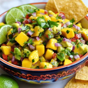To make this refreshing Mango Salsa with Avocado, you need fresh, simple ingredients. Each one plays a role in creating the perfect balance of flavor. Here’s what you’ll need: - Ripe mango - Ripe avocado - Red onion - Red bell pepper - Jalapeño pepper - Fresh cilantro - Lime juice - Olive oil - Salt and pepper Using ripe mango and avocado is key. Their sweetness and creaminess make the salsa shine. The red onion and red bell pepper add crunch and color. The jalapeño gives a nice kick, but you can adjust it to your taste. Fresh cilantro brings brightness, while lime juice and olive oil add zest and richness. Finally, salt and pepper enhance all the flavors. For the full recipe, click [Full Recipe]. Now, let’s gather these ingredients and get ready to make a fresh, vibrant salsa! To make delicious mango salsa with avocado, follow these simple steps. - Dice mango and avocado: Start by peeling the mango. Cut it into small pieces. Then, take the avocado and cut it the same way. This gives nice bites in the salsa. - Chop red onion and red bell pepper: Next, take a small red onion. Chop it finely. Then, dice the red bell pepper. Make sure to keep the pieces small for even flavor. - Mince jalapeño pepper: If you like some heat, grab a jalapeño. Remove the seeds and chop it very finely. This will add a nice kick to your salsa. - Combine ingredients in a bowl: Now, take a medium bowl. Add the diced mango, avocado, chopped onion, diced bell pepper, and minced jalapeño. Gently mix them together. Be careful not to mash the avocado. - Mix lime juice and olive oil: In a small bowl, squeeze the juice from two limes. Add one tablespoon of olive oil. Whisk them together until well blended. Once you finish these steps, pour the lime and oil mix over the salsa. Add salt and pepper to taste. Toss it all gently for the best flavor. Let it sit for 15 minutes before serving. This is important because it lets the flavors come together beautifully. For the full recipe, check out the details above. Choosing ripe mango and avocado is key for great flavor. A ripe mango should feel slightly soft when you gently press it. Look for a bright color, too. For avocados, check for a dark skin. It should yield a bit when pressed. If they're hard, give them a few days to ripen. Chopping is an art. Use a sharp knife for smooth cuts. Start by slicing the mango and avocado in half. Remove the pit safely. Then, dice them into small cubes. For onion and bell pepper, chop them finely. This helps blend the flavors nicely. Allowing flavors to meld makes a big difference. After mixing all your ingredients, let your salsa sit for at least 15 minutes. This resting time allows the lime juice to soak in. The taste will be more vibrant and refreshing! For the full recipe, check out the details above. Enjoy your fresh and flavorful salsa! {{image_2}} Mango salsa with avocado is already a hit, but you can make it even better! Here are some fun ideas to mix things up. - Adding pineapple for sweetness: Pineapple adds a nice touch. It makes the salsa sweeter and more tropical. Just chop some ripe pineapple and mix it in. The sweetness of pineapple balances the heat from the jalapeño. - Incorporating black beans for protein: Want to make your salsa heartier? Add black beans! They bring protein and fiber. Rinse a can of black beans and stir them in. This twist makes the salsa filling and great for a meal. - Using different herbs like mint or basil: Want a fresh taste? Try using mint or basil instead of cilantro. Both herbs add unique flavors. Mint gives a cool touch, while basil adds a sweet note. Just chop your chosen herb and mix it in for a new twist. Feel free to try these variations and find your favorite! For the full recipe, check out the delicious Mango & Avocado Fiesta Salsa. To keep your salsa fresh, store it in a tight container. It’s best to refrigerate it right after making it. This keeps all the flavors bright and tasty. - Best practices for refrigerating: Place your mango salsa in an airtight container. This helps prevent air from getting in. The salsa will stay fresh for about 3 days in the fridge. After that, the ingredients may lose their crunch. - Freezing mango salsa: You can freeze your salsa if you want to keep it longer. Use a freezer-safe container and leave some space at the top. Salsa expands when it freezes. It stays good for up to 3 months. When you're ready to eat it, let it thaw in the fridge overnight. - Shelf life of ingredients: Each ingredient has a different shelf life. Fresh mango and avocado are best eaten quickly. They can spoil fast. Red onion and bell pepper last longer. They can stay fresh for about a week in the fridge. Keep an eye on them to enjoy the best taste. For a full recipe, check out the [Full Recipe]. Mango Salsa with Avocado can be mild or spicy. The heat comes from the jalapeño pepper. If you want less heat, remove the seeds and ribs from the jalapeño. For more spice, add more jalapeño or use a hotter pepper. This salsa is fresh and bright, not overpowering. Yes, you can make this salsa ahead of time. However, I recommend making it no more than a few hours before serving. The avocado can brown if left too long. To slow browning, squeeze extra lime juice over the avocado. This helps keep the color bright and fresh. Mango Salsa pairs well with many foods. Serve it with tortilla chips for a tasty snack. It also goes great on fish or chicken for a flavorful meal. Try it on tacos or salads for extra zing. You can even add it to sandwiches for a fresh twist. For the full recipe, check out the details above! In this blog post, we explored how to make delicious mango salsa with avocado. We went over the key ingredients, preparation steps, and helpful tips. You can add creative twists, like pineapple or black beans, to make it your own. Storing your salsa properly keeps it fresh longer. Remember, this tasty dish is easy to prepare and perfect for any occasion. Try it out and enjoy the bright flavors! You won’t be disappointed.