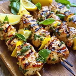 To make Lemon Basil Chicken Skewers, you will need: - 1 lb (450g) boneless chicken thighs, cut into 1-inch pieces - 1/4 cup fresh basil leaves, finely chopped - Zest and juice of 1 lemon - 3 tablespoons olive oil - 2 cloves garlic, minced - 1 teaspoon honey - Salt and pepper to taste - Skewers (metal or soaked wooden) These ingredients combine to create a bright, fresh flavor that makes each bite delightful. If you cannot find fresh basil, try using dried basil. Use about one tablespoon of dried basil per 1/4 cup of fresh. For lemon, bottled lemon juice works in a pinch, but fresh is best for flavor. You can also swap chicken thighs for chicken breasts if you prefer leaner meat. Just remember, thighs stay juicier. You will need a few tools for this recipe: - A large mixing bowl for marinating - A cutting board and knife for chopping - Metal skewers or soaked wooden skewers to hold the chicken - A grill or grill pan for cooking - A meat thermometer to ensure the chicken is fully cooked Having these tools ready will help you cook the skewers easily and efficiently. For the full recipe, check out the details. Start by mixing the marinade. In a large bowl, combine chopped basil, lemon zest, lemon juice, olive oil, minced garlic, honey, salt, and pepper. Stir until well mixed. This mix brings bright flavors to the chicken. Cut the chicken thighs into 1-inch pieces. Add them to the bowl, making sure each piece is well-coated. Cover the bowl with plastic wrap and place it in the fridge. Let it marinate for at least 30 minutes. For more flavor, you can marinate it for up to 2 hours. If you are using wooden skewers, soak them in water for at least 30 minutes. Soaking prevents them from burning. If you use metal skewers, you can skip this step. While the skewers soak, remove the chicken from the fridge. This is a good time to preheat your grill or grill pan over medium-high heat. Once your grill is hot, it’s time to skewer the chicken. Thread the marinated chicken pieces onto the skewers. Leave some space between each piece. This helps them cook evenly. Place the skewers on the grill. Cook for about 8-10 minutes, turning them occasionally. The chicken should get nice grill marks. Use a meat thermometer to check the internal temperature. It should reach 165°F (75°C). Once cooked, remove the skewers from the grill. Let them rest for a few minutes before serving. Enjoy your Lemon Basil Chicken Skewers warm, garnished with more fresh basil and lemon wedges. For the full recipe, check the section above. To get the best flavor, focus on fresh ingredients. Use fresh basil for a bright taste. The zest and juice of the lemon really make a difference. They add a tangy kick that brightens the chicken. Marinate your chicken for at least 30 minutes. For more flavor, go for up to 2 hours. This lets the spices soak in fully. One common mistake is not soaking wooden skewers. If you skip this step, they may catch fire. Another error is overcrowding the skewers. Leave some space between the pieces. This helps them cook evenly. Lastly, don’t skip resting the skewers after cooking. This lets the juices settle, making each bite juicy. To ensure even cooking, cut your chicken into similar-sized pieces. Aim for 1-inch cubes. When grilling, turn the skewers every few minutes. This helps them cook on all sides. Use a meat thermometer to check for doneness. The chicken should reach an internal temperature of 165°F (75°C). This way, you get perfectly cooked skewers every time! For the complete recipe, check out the Full Recipe section. {{image_2}} You can switch up the chicken for other meats. Try shrimp or pork for a new taste. Both cook quickly and soak up the lemon-basil flavor well. If you use shrimp, just marinate for 15-20 minutes. Pork works best with tender cuts like tenderloin. Keep the marinade time similar to chicken for best results. If you want a meatless meal, use firm tofu or veggies. Extra-firm tofu absorbs flavors great. Cut it into cubes and marinate just like the chicken. For veggies, try bell peppers, zucchini, or mushrooms. Cut them big enough to stay on the skewers. You can even add some cherry tomatoes for color and sweetness. Add more flavors to your skewers with spices or herbs. Try a pinch of red pepper flakes for heat. For a smoky taste, add smoked paprika. You can also use fresh herbs like thyme or oregano alongside basil. Experiment with citrus, too—lime juice or orange zest can give a fresh twist. Just remember to balance flavors, so they work well together. For the full recipe of Lemon Basil Chicken Skewers, check out the link! After you enjoy your lemon basil chicken skewers, store any leftovers properly. Place the skewers in an airtight container. You can keep them in the fridge for up to three days. Make sure they cool down before sealing the container. This keeps the chicken moist and tasty. When you want to eat the leftover skewers, reheating is simple. You can use a microwave or an oven. If using a microwave, place the skewers on a plate and cover them with a damp paper towel. Heat in short bursts until warm. If using an oven, preheat it to 350°F (175°C). Lay the skewers on a baking sheet and heat for about 10 minutes. This method helps keep the chicken juicy. You can freeze the skewers for future meals. First, let the cooked skewers cool completely. Then, wrap them tightly in plastic wrap, and place them in a freezer bag. They can stay in the freezer for up to three months. When you're ready to eat, thaw them in the fridge overnight before reheating. This way, you always have a quick and tasty meal on hand. For the full recipe, check out the details above. Yes, you can use chicken breasts instead of thighs. Chicken breasts are leaner but can be just as tasty. Thighs have more fat, which keeps them juicy. If you use breasts, be careful not to overcook them. You can marinate the chicken for 30 minutes to 2 hours. The longer you marinate, the more flavor it will soak up. Just don’t go over 2 hours, or the chicken may become mushy. These skewers pair well with many sides. Consider serving them with a fresh salad, rice, or grilled veggies. You can also add some crusty bread to soak up the juices. Yes, it is important to soak wooden skewers. Soaking them in water for at least 30 minutes helps prevent burning on the grill. This small step can make a big difference in your cooking. To add heat, you can mix in some red pepper flakes or hot sauce. You could also add diced jalapeños to the marinade. Adjust the spice level to match your taste. Enjoy experimenting with flavors! For the full recipe, check out the earlier section. In this blog post, we explored how to create delicious Lemon Basil Chicken Skewers. We covered all the essential ingredients, necessary tools, and detailed steps for marinating and cooking. I shared tips to enhance flavor and avoid common mistakes. We also looked at variations for proteins and vegetarian options, plus how to store leftovers. With these recipes and tips, you can enjoy tasty skewers at home. Don't hesitate to experiment and make it your own!