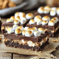 To make S'mores Brownie Bars, you need key ingredients. Here’s what you must have: - 1 cup unsalted butter, melted - 1 cup granulated sugar - 1 cup brown sugar, packed - 4 large eggs - 2 teaspoons vanilla extract - 1 cup all-purpose flour - 1 cup unsweetened cocoa powder - 1 teaspoon baking powder - 1/2 teaspoon salt - 1 cup mini marshmallows - 1 cup graham cracker crumbs - 1 cup chocolate chips (semi-sweet or milk chocolate) - Extra mini marshmallows and graham cracker crumbs for topping These ingredients create a rich and gooey brownie base. The combination of chocolate, marshmallows, and graham crackers gives you that classic s'mores flavor. You can add ingredients to make your bars even better. Try these options: - Nuts like walnuts or pecans for crunch - Peanut butter chips for a nutty twist - Different types of chocolate, like dark chocolate or white chocolate Adding these items can change the taste and texture. They can make your S'mores Brownie Bars unique and fun. You can modify the recipe for dietary needs. Here are some good swaps: - For gluten-free options, use gluten-free flour instead of all-purpose flour. - To make it vegan, use flax eggs instead of regular eggs and plant-based butter. - Replace regular chocolate chips with dairy-free chocolate chips for a vegan version. These substitutions let everyone enjoy S'mores Brownie Bars, no matter their diet. You can still keep that delicious flavor while being mindful of different preferences. For the full recipe, check out the details above. Start by preheating your oven to 350°F (175°C). This helps the brownies bake evenly. Grease a 9x13 inch baking pan with butter or line it with parchment paper. Lining makes it easy to lift the brownies out later. In a large bowl, mix the melted butter with granulated and brown sugar. Stir until the mix looks creamy. Then, add the eggs, one at a time, and mix well. Pour in the vanilla extract for flavor. In another bowl, whisk the flour, cocoa powder, baking powder, and salt. Slowly add this dry blend to the wet mix. Stir just until you don't see any flour. Now, fold in the graham cracker crumbs and chocolate chips. Finally, add mini marshmallows gently. Pour the brownie mix into your prepared pan. Spread it out evenly. Bake for 25-30 minutes. To check, insert a toothpick into the center. It should come out with a few moist crumbs. Once baked, take the pan out and sprinkle extra mini marshmallows and graham cracker crumbs on top. Turn on the broiler and return the pan to the oven. Watch closely! Broil for 1-2 minutes until the marshmallows are golden. After that, let the bars cool for ten minutes before cutting. Enjoy your gooey treat! For the full recipe, check the previous section. For the best texture, mix your batter well but don’t overmix. Overmixing can make brownies tough. When you fold in the mini marshmallows and chocolate chips, do it gently. This keeps them whole and adds nice pockets of gooeyness. Bake until a toothpick comes out with a few moist crumbs, not clean. This ensures a fudgy center. Once cooled, store your bars in an airtight container. This keeps them fresh and soft. If you want to keep them longer, wrap the bars tightly in plastic wrap, then foil. This will help prevent freezer burn. They can last up to three months in the freezer. Just thaw them in the fridge overnight before enjoying. Serve your S'mores Brownie Bars warm for the best taste. They pair well with vanilla ice cream or whipped cream. You can also drizzle with chocolate syrup for extra sweetness. For a fun twist, add some crushed graham crackers on top before serving. This gives a nice crunch and enhances the s'mores flavor. {{image_2}} To make gluten-free s'mores brownie bars, swap all-purpose flour with a gluten-free blend. Look for a blend that works well for baking. This will keep the texture light and chewy. You can also use gluten-free graham cracker crumbs. Many brands offer these, making it easy to stay gluten-free. For a vegan version, replace eggs with flax eggs. Mix one tablespoon of ground flaxseed with three tablespoons of water. Let it sit until it thickens. Use a plant-based butter instead of regular butter. Choose vegan chocolate chips and make sure your graham crackers are vegan-friendly. These small changes keep the bars delicious and cruelty-free. You can customize your s'mores brownie bars with different flavors. Add chopped nuts like walnuts or pecans for a crunchy texture. Experiment with different types of chocolate chips, such as dark chocolate or white chocolate. This adds a new layer of flavor. Try swapping some graham cracker crumbs for crushed cookies, like Oreos, for a fun twist. Each variation makes the bars unique and special. For the full recipe, check out the details above! To keep your S'mores Brownie Bars fresh, store them in an airtight container. This helps retain moisture. Place a piece of parchment paper between layers to avoid sticking. They last up to five days at room temperature. If you want them to last longer, refrigeration is a good option. Just remember to seal them tightly. Freezing is a great way to save your S'mores Brownie Bars for later. Let them cool completely before freezing. Cut them into squares and wrap each one in plastic wrap. Then, place all the wrapped bars in a freezer-safe bag. They can last up to three months in the freezer. Label the bag with the date to track freshness. When you’re ready to enjoy your frozen S'mores Brownie Bars, take them out of the freezer. Let them thaw in the fridge overnight for the best results. If you want a warm treat, pop them in the microwave for 10-15 seconds. This will make them soft and gooey again. Enjoy your delicious bars as if they were fresh out of the oven! S'mores Brownie Bars are a fun treat that mix brownies and s'mores flavors. They have a rich brownie base topped with gooey marshmallows, chocolate chips, and crunchy graham cracker crumbs. You can enjoy the taste of a campfire treat in a convenient bar form. This recipe combines the best of both worlds for a delicious dessert. Yes, you can use a different pan size. If you use a smaller pan, the bars may take longer to bake. A larger pan will make the bars thinner and bake faster. Just keep an eye on them while they bake to avoid overcooking. S'mores Brownie Bars can last up to five days when stored in an airtight container. They taste best when fresh, but you can still enjoy them even after a few days. If you store them in the fridge, they might last a bit longer. You can serve S'mores Brownie Bars with a scoop of vanilla ice cream or a drizzle of chocolate sauce. Fresh fruit, like strawberries or raspberries, adds a nice touch too. Try pairing them with a glass of cold milk for a classic combo. To reheat S'mores Brownie Bars, place them in the microwave for about 10-15 seconds. This warms them up and makes the chocolate a bit gooey again. If you prefer a crispy edge, you can warm them in the oven at 350°F for 5-10 minutes. Just keep an eye on them! S'mores brownie bars are fun and tasty treats. We covered essential and optional ingredients, plus substitutions for diets. You'll find step-by-step instructions for baking and tips for perfecting texture. Don't forget the variations and storage info for freshness. These simple changes can elevate your treats and keep them delicious. Now, go ahead and enjoy your s'mores brownie bars with family and friends!