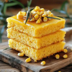 - 2 cups cornmeal - 1 cup all-purpose flour - 1 tablespoon baking powder - 1 teaspoon baking soda - 1 teaspoon salt - 2 cups buttermilk - 1/2 cup granulated sugar - 2 large eggs - 1/2 cup unsalted butter, melted - 1 cup corn kernels (fresh or frozen) - 1 teaspoon vanilla extract - 1/2 cup honey - 1/2 cup unsalted butter, softened (for honey butter) To make a great layered cornbread cake, you need these ingredients. Cornmeal and flour form the base. Baking powder and soda help the cake rise. Salt enhances the flavors. Buttermilk keeps it moist and adds a nice tang. Granulated sugar balances the flavors and creates a sweet crust. You will also use eggs for structure and melted butter for richness. Corn kernels add sweetness and texture. Vanilla extract gives a warm aroma. The honey is key for the honey butter, which makes this cake truly special. - Honey for drizzling - Extra corn kernels For added flair, drizzle some honey on top. This adds sweetness and a lovely shine. You can also sprinkle extra corn kernels for a fun look and extra crunch. These toppings are not necessary, but they can make your cake pop! For the full recipe, check the section above. First, preheat your oven to 375°F (190°C). Greasing and flouring two 9-inch round cake pans is key to a smooth release. This step is often overlooked, but it makes a big difference. Next, grab a large bowl. Combine 2 cups of cornmeal, 1 cup of all-purpose flour, 1 tablespoon of baking powder, 1 teaspoon of baking soda, and 1 teaspoon of salt. Mix these dry ingredients well. In a separate bowl, whisk together 2 cups of buttermilk, 1/2 cup of granulated sugar, 2 large eggs, 1/2 cup of melted butter, 1 cup of corn kernels, and 1 teaspoon of vanilla extract until smooth. Now, gradually add the wet mix to the dry mix. Stir gently until just combined. Do not overmix, as it can make your cake dense. Divide the batter evenly between the two prepared pans. Bake in your preheated oven for 25-30 minutes. To check for doneness, insert a toothpick into the center. If it comes out clean, your cakes are ready. Once baked, allow the cakes to cool in the pans for 10 minutes. Then, transfer them to a wire rack to cool completely. This cooling step is crucial. It ensures the cakes don’t become soggy. After the cakes are cool, take a sharp knife and slice each cake horizontally in half. You will now have four layers in total. Place one layer of cornbread on a serving plate. Spread a layer of honey butter on top. Repeat this process with the remaining layers, stacking them carefully. For the final touch, spread honey butter on the top layer and along the sides of the cake. This not only makes it taste great but also looks stunning. If you like, garnish with extra corn kernels or a drizzle of honey for a beautiful finish. Enjoy this treat with your loved ones! To get the best texture in cornbread, use the right cornmeal. I like to use medium-grind cornmeal for a nice balance. This gives the cake a light, fluffy feel while keeping it moist. Also, make sure your oven is preheated before baking. This helps the cake rise well and bake evenly. Preventing overmixing is key. When you mix the wet and dry ingredients, do it gently. Stir just until you see no dry flour. Overmixing can make the cake tough. Trust me; you want it soft and tender. Making honey butter fluffy is easy. Start with softened butter for the best texture. Then, combine it with honey in a small bowl. Mix with a hand mixer or a whisk until it’s light and airy. This makes spreading it on the cake simple and fun. Adjusting sweetness in honey butter is all about taste. Start with half a cup of honey. Then, mix and taste. If you want it sweeter, add more honey. This lets you make it just right for your taste buds. For the full recipe, check out the Layered Cornbread Cake with Honey Butter. {{image_2}} You can change the flavor of your cornbread cake in fun ways. First, add spices like cinnamon or nutmeg. Just a pinch can give the cake a warm twist. If you want a kick, try adding jalapeños. They add heat and a nice crunch. You can also mix in cheese for a savory touch. Sharp cheddar works well and melts beautifully. If you need to make this cake gluten-free, use alternative flours like almond or oat flour. They work great and keep the cake moist. For those who follow a vegan diet, you can swap the eggs. Use flaxseed meal mixed with water as a binder. Instead of butter, try coconut oil or a vegan butter substitute. These options keep your cake tasty and friendly for everyone. For the complete recipe, check out the Full Recipe link. To store leftover cake in the fridge, first, let it cool completely. Once cool, wrap the cake tightly in plastic wrap. This helps keep it moist. You can also place it in an airtight container. The cake will stay fresh for up to four days in the fridge. For best flavor, take it out about 30 minutes before serving. This will bring back its texture and taste. Freezing the cornbread cake and honey butter is easy. Start by cutting the cake into slices. Wrap each slice in plastic wrap. Then, place the wrapped slices in a freezer bag. Label the bag with the date. The cake will keep well for about three months in the freezer. For the honey butter, scoop it into a small container and freeze it too. When you're ready to enjoy, thaw both in the fridge overnight. This will make your cake taste fresh again. For the full recipe, check the above section. Can I make this cake ahead of time? Yes, you can make this cake ahead. Bake it a day in advance. Let it cool completely. Store it in an airtight container. Adding honey butter just before serving keeps it fresh and tasty. What can I serve with Layered Cornbread Cake? You can serve this cake with a variety of items. Try it with whipped cream or fresh fruit. A side of extra honey butter adds sweetness. You might also enjoy it with a scoop of vanilla ice cream. Can I use regular milk instead of buttermilk? You can use regular milk, but it will change the flavor and texture. Buttermilk adds a tangy taste and keeps the cake moist. If you use regular milk, consider adding a splash of vinegar or lemon juice to mimic buttermilk's tang. What can I use instead of honey in the butter? If you prefer, you can use maple syrup instead of honey. It gives a nice flavor. You could also use agave nectar or brown sugar. Adjust the amount based on how sweet you want it. This blog post covered how to make a delicious layered cornbread cake. We looked at key ingredients, optional toppings, and step-by-step instructions. I shared tips for perfect texture and how to make fluffy honey butter. You can also explore flavor variations and dietary adaptations to suit your needs. In summary, baking this cake is fun and rewarding. Use these tips to create your own unique version. Enjoy your baking journey!