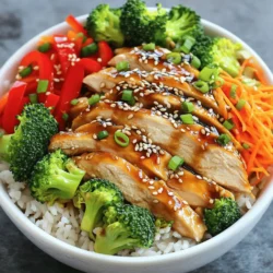 - 2 boneless, skinless chicken breasts, sliced into thin strips - 1 cup teriyaki sauce (store-bought or homemade) - 1 tablespoon sesame oil - 2 cups cooked jasmine rice - 1 cup broccoli florets - 1 red bell pepper, sliced - 1 cup shredded carrots - 2 green onions, chopped - 1 tablespoon sesame seeds - Salt and pepper to taste For the teriyaki chicken bowls, you need fresh chicken breasts. They give the dish a great flavor. Teriyaki sauce is key too. You can buy it or make your own. Fresh vegetables like broccoli, red bell pepper, and carrots add crunch. - Skillet or wok - Mixing bowls - Serving bowls You’ll want a good skillet or wok for cooking. A mixing bowl helps you marinate your chicken. Lastly, serving bowls are perfect for presenting your beautiful meal. - Calories: Approx. 480 - Macronutrients breakdown: - Proteins: 36g - Fats: 12g - Carbs: 58g Each serving packs a punch with solid protein from the chicken. The rice provides carbs for energy. This meal keeps you full and satisfied while tasting amazing. Don't forget to check the [Full Recipe] for more details! To marinate the chicken, start by slicing your chicken breasts into thin strips. Place them in a bowl and add half of the teriyaki sauce. This step is crucial. It lets the chicken soak up all the tasty flavors. I recommend marinating for at least 20 minutes. If you have more time, you can marinate it longer for even better flavor. Next, heat your skillet or wok on medium-high heat. Add one tablespoon of sesame oil. It gives the chicken a nice flavor. Once the oil is hot, add the marinated chicken. Cook it for about 5 to 7 minutes. The chicken should turn golden brown and caramelized. To check if it is done, make sure it is no longer pink in the center. You can use a meat thermometer; the chicken should reach 165°F. Now, it's time to stir-fry the veggies. In the same skillet, add broccoli florets, sliced red bell pepper, and shredded carrots. Stir-fry them for about 3 to 5 minutes. This keeps the veggies tender-crisp. Stir them often to ensure they cook evenly. You want them to keep their bright colors and crunch. After cooking the chicken and veggies, it’s time to combine everything. Pour the remaining teriyaki sauce over the chicken and vegetables. Stir well to coat all the ingredients evenly. Cook for an additional 1 to 2 minutes. This final stir is key. It helps blend all the flavors together. Now, you are ready to serve your mouthwatering teriyaki chicken bowls. For the full recipe, check out the complete instructions above. To get juicy chicken, start with marinating. Use half of your teriyaki sauce to coat the chicken. A marinating time of at least 20 minutes works best. The flavors really soak in during this time. Avoid cooking chicken straight from the fridge; let it warm up for 10 minutes. This helps it cook evenly. Cook the chicken on medium-high heat for about 5-7 minutes. Look for no pink in the center. It should be golden brown. Stir occasionally to avoid burning and ensure even cooking. You can switch up the teriyaki sauce for a fun twist. Try using a hoisin sauce or a sweet chili sauce. These add new layers of flavor. If you want a kick, add crushed red pepper or a dash of ginger. For toppings, consider adding crushed peanuts or diced avocado. These add texture and flavor to your bowl. A beautiful presentation makes your dish shine. Use colorful veggies to create a vibrant look. Arrange the chicken and vegetables neatly on top of the rice. For gatherings, serve in large bowls. Let guests build their own bowls. Offer extra toppings on the side. This adds fun and choice to the meal. For a lovely finish, drizzle some teriyaki sauce over the top and sprinkle sesame seeds. This makes each bowl look like a work of art! {{image_2}} You can easily swap chicken for shrimp, tofu, or beef. Each protein brings its own flavor and texture. Shrimp cooks quickly, so add it to the skillet for just 3-4 minutes. Tofu takes a bit longer to crisp up, around 5-6 minutes. Beef should be sliced thin and cooked for about 6-8 minutes. Adjust your cooking times based on the protein you choose. If you want a vegetarian or vegan dish, use tofu or tempeh as a chicken substitute. Both options soak up flavors well. You can also add a mix of vegetables like bell peppers, carrots, and snap peas. These will not only add color but also crunch to your bowl. While jasmine rice is a classic base, consider other grains like brown rice or quinoa. Brown rice offers more fiber and a nutty flavor. Quinoa is higher in protein and cooks faster than brown rice. Each grain choice adds its unique taste and nutrition to your teriyaki bowls. You can even use cauliflower rice for a low-carb option. To keep your teriyaki chicken bowls fresh, store them in airtight containers. This prevents air from spoiling your food. Place the leftover chicken and veggies in one container and the rice in another. This way, the rice stays fluffy. Make sure to refrigerate them within two hours after cooking. This will help prevent bacteria growth. When it's time to eat again, reheating is easy. You can use the microwave or a skillet. If using a microwave, heat on medium for about 2-3 minutes. Stir halfway through to heat evenly. For a skillet, warm on low heat for about 5 minutes. Add a splash of water or teriyaki sauce to keep it moist. If you want to save some for later, freezing works well. Let the chicken and veggies cool before packing them in freezer-safe bags. Remove as much air as possible. Rice can also be frozen but should be cooled first. When ready to eat, thaw the meals overnight in the fridge. Heat them thoroughly before serving. To make homemade teriyaki sauce, you need a few basic ingredients: - 1/4 cup soy sauce - 1/4 cup mirin - 2 tablespoons sugar - 1 tablespoon rice vinegar - 1 teaspoon cornstarch mixed with 1 tablespoon water (for thickening) Start by mixing the soy sauce, mirin, sugar, and rice vinegar in a small pot. Heat it over medium heat. Stir until the sugar dissolves. Once it simmers, add the cornstarch mix. Stir until the sauce thickens. This sauce is sweet and savory. For flavor adjustments, try adding garlic or ginger. You can also use honey instead of sugar for a different taste. Yes, you can use frozen vegetables. They are quick and easy to use. Frozen veggies may change the taste a bit. They can also release extra water while cooking. This may affect the sauce's thickness. For best results, use blends like stir-fry mixes. Look for broccoli, bell peppers, and snap peas. These maintain flavor and texture well. For side dishes, I recommend: - Steamed edamame - Cucumber salad - Miso soup These sides add freshness and balance to your meal. For beverage pairings, green tea works great. It complements the flavors without overpowering them. If you prefer something sweeter, try a light lemonade. For the full recipe of Teriyaki Chicken Bowls, check out the Full Recipe link! In this post, we explored how to make teriyaki chicken bowls from scratch. We covered key ingredients, tools, and nutrition. I provided step-by-step instructions to marinate and cook chicken perfectly. You also learned how to stir-fry vegetables and present the dish nicely. Remember, you can customize with different proteins and grains. Store and reheat leftovers correctly to enjoy this meal later. With these tips, you can create a delicious and satisfying dish for any occasion.