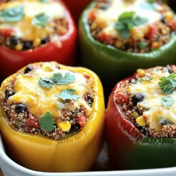 - 4 large bell peppers (any color) - 1 cup cooked quinoa - 1 can (15 oz) black beans, rinsed and drained - 1 cup corn kernels (fresh, frozen, or canned) - 1 small red onion, finely chopped - 2 cloves garlic, minced - 1 teaspoon cumin - 1 teaspoon smoked paprika - 1 teaspoon chili powder - 1 cup diced tomatoes (fresh or canned) - 1 cup shredded cheese (cheddar or Mexican blend) - Salt and pepper to taste - Fresh cilantro or parsley for garnish This dish is colorful and packed with flavor. The bell peppers come in many colors like red, yellow, and green. Each color adds a unique taste and looks great on your plate. Quinoa is a super grain that is high in protein. It makes the filling hearty. Black beans and corn add texture and sweetness. The spices like cumin and smoked paprika give this dish a warm kick. I like to use diced tomatoes for moisture and flavor. You can choose any cheese you love. Cheddar gives a sharp taste, while a Mexican blend adds a fun twist. Don’t forget to season your mix with salt and pepper. Fresh herbs like cilantro or parsley make it look fancy. For the full recipe with all the steps, check out the [Full Recipe]. - Preheat the oven to 375°F (190°C). - Cut the tops off the bell peppers and remove seeds. Start by preheating your oven. This step is key to getting that nice, tender pepper. Next, take your bell peppers and cut the tops off. Make sure to remove all the seeds and membranes inside. This will make room for your tasty filling. - Sauté red onion and garlic until fragrant. - Mix in cooked quinoa, black beans, and other ingredients. In a large skillet, heat some olive oil. Add the chopped red onion and minced garlic. Cook them for about three to four minutes. You want them to smell great and soften up. After that, stir in the cooked quinoa and black beans. Then add corn, tomatoes, cumin, smoked paprika, chili powder, salt, and pepper. Let this mix simmer for about five minutes. This helps all the flavors blend together. - Stuff each pepper with the quinoa mix. - Bake covered, then uncover to finish cooking. Now it’s time to stuff! Take your quinoa mix and fill each pepper tightly. Place the stuffed peppers upright in a baking dish. Once they’re all filled, sprinkle cheese on top. Cover the dish with foil and bake for 25 minutes. After that, remove the foil and bake for another 10 to 15 minutes. This will make the peppers tender and the cheese yummy and bubbly. For the full recipe, check out the details above. Choosing the right bell pepper makes a big difference. I prefer large, firm peppers. They hold the filling well and add nice color. Red, yellow, and orange peppers taste sweeter than green ones. You can mix colors for a beautiful dish. To avoid overcooked quinoa, cook it just right. Rinse the quinoa before cooking. This removes the bitter coating. Use a ratio of 1 part quinoa to 2 parts water. Bring it to a boil, then lower the heat. Simmer for about 15 minutes until the water is gone. Want more flavor? Add spices like oregano or thyme. A pinch of cayenne pepper gives a nice kick too. You can also try adding lime juice for a zesty twist. For cheese, think outside the box! Cheddar works great, but you can use feta for a tangy flavor. Goat cheese adds creaminess, while pepper jack gives a spicy touch. Experiment to find what you love. Stuffed bell peppers are great with sides. A fresh salad with vinaigrette complements them well. You might also enjoy serving them with rice or quinoa on the side. For garnishing, fresh herbs make a big impact. Sprinkle chopped cilantro or parsley on top. A dollop of sour cream or avocado adds creaminess and flavor. For the full recipe, check out the complete guide. {{image_2}} For a vegetarian meal, use plant-based cheese instead of regular cheese. This switch keeps your stuffed peppers creamy while staying meat-free. You can also add tofu or lentils for extra protein. Both options are healthy and very filling. Feel free to swap quinoa for other grains. Rice or farro works well too. If you want to change the veggies, try zucchini or mushrooms. They add a nice taste and texture. You can give your stuffed peppers a Mediterranean twist. Add feta cheese or olives for a salty bite. For a Southwestern style, mix in jalapeños or chipotle for some heat. Each variation brings new life to this dish. Check out the Full Recipe for ideas on how to mix it up! To keep your stuffed peppers fresh, place them in an airtight container. They stay good in the fridge for about 3 to 5 days. Make sure they cool down completely before sealing. This helps keep moisture out and keeps them tasty. If you want to freeze stuffed peppers, first let them cool. Wrap each pepper tightly in plastic wrap. Then, put them in a freezer bag or container. They can last up to 3 months in the freezer. For reheating, you can bake them from frozen. Preheat your oven to 375°F (190°C) and bake for about 30 to 40 minutes. This way, they warm up evenly. You can also microwave them for a quicker option, but they might not be as crispy. With these tips, you can enjoy your stuffed bell peppers with quinoa anytime! For the full recipe, check out the details above. Yes, you can prepare stuffed bell peppers ahead of time. Simply make the filling and stuff the peppers. Store them in the fridge for up to 24 hours. When ready to cook, just bake them as usual. This saves you time on busy days. The peppers are done when they are tender and the cheese is melted. You can check by gently poking them with a fork. If they feel soft and give easily, they are ready to eat. The cheese should be bubbly and golden. Absolutely! You can replace quinoa with rice, couscous, or even lentils. Each option adds its own flavor and texture. Just make sure to adjust the cooking time if needed. The key is to fill the peppers with something hearty. Stuffed bell peppers with quinoa are very nutritious. Each serving is rich in protein, fiber, and vitamins. Quinoa adds amino acids, while beans boost fiber. Bell peppers are low in calories, high in vitamin C, and full of antioxidants. It’s a well-rounded meal. Yes, stuffed peppers are gluten-free. The main ingredients, like quinoa and vegetables, contain no gluten. Just be sure to check any canned goods or added ingredients for gluten. This makes them a great option for those with gluten sensitivities. For a detailed recipe on how to make these delicious stuffed bell peppers, check the Full Recipe above. Stuffed peppers are a fun and healthy dish. We covered ingredients, steps, and helpful tips. You can make them vegetarian or vegan, too. Don't forget to try different flavors and variations! Proper storage keeps leftovers fresh for future meals. Enjoy exploring new ways to make this dish your own. Cooking should be simple and fun. Now, you can impress family and friends with tasty stuffed peppers. Get started today and enjoy your cooking journey!