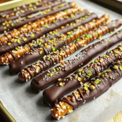 - 12 pretzel rods - 1 cup semi-sweet chocolate chips - 1 tablespoon coconut oil - 1/2 cup crushed nuts (e.g., almonds, pistachios) - 1/2 cup sprinkles (various colors) - Sea salt for sprinkling When making chocolate dipped pretzel rods, the right ingredients play a big role. You need pretzel rods to give that perfect crunch. Semi-sweet chocolate chips melt well and taste great. Adding coconut oil makes the chocolate smooth and easy to dip. Crushed nuts add a nice crunch and flavor. You can use almonds, pistachios, or any nut you love. Sprinkles bring color and fun to your pretzel rods. Finally, a sprinkle of sea salt adds a tasty contrast to the sweet chocolate. - White chocolate or milk chocolate variations - Other decoration options (coconut flakes, toffee bits) You can also get creative with your toppings. Try white or milk chocolate for a different taste. Coconut flakes or toffee bits can add extra flavor and texture. These options let you make each pretzel rod unique. You can mix and match toppings to suit your mood or occasion. For the full recipe, check out Chocolate Dipped Pretzel Rods 🥨. To start, you need to line your baking sheet. Grab a sheet of parchment paper and place it on the baking tray. This step is key. It keeps your pretzel rods from sticking. It also makes cleanup super easy. Set this aside for later. Next, it’s time to melt the chocolate. In a microwave-safe bowl, add 1 cup of semi-sweet chocolate chips and 1 tablespoon of coconut oil. The coconut oil helps keep the chocolate smooth. Heat this mixture in the microwave. Use 30-second intervals, stirring in between. Keep going until the chocolate is fully melted and smooth. You want it to be shiny and ready for dipping. Now comes the fun part! Take a pretzel rod and hold it by one end. Dip it into the melted chocolate. Aim to coat about two-thirds of the rod. Let any extra chocolate drip back into the bowl. This keeps the coat even. While the chocolate is still wet, sprinkle your choice of toppings. You can use crushed nuts or colorful sprinkles. Use a spoon to help spread them out evenly. Once you’ve dipped all your pretzel rods, place them on the lined baking sheet. Then, you'll need to chill them. Put the baking sheet in the fridge for about 20-30 minutes. This helps the chocolate set. When they are ready, you can add a sprinkle of sea salt on top for extra flavor. Now, your chocolate-dipped pretzel rods are ready to enjoy! For the full recipe, check out the details above. To get a smooth coat of chocolate, use a microwave. Melt the chocolate slowly. Stir it often. Add coconut oil to make it creamy. This keeps the chocolate from clumping. When you dip, hold the pretzel rod by one end. Dip it two-thirds into the chocolate. Let excess chocolate drip back into the bowl. This helps create a nice, even layer. For melting, I love using semi-sweet chocolate chips. They melt smoothly and taste great. Brands like Ghirardelli and Nestlé are perfect choices. They give you a rich flavor. If you want white chocolate, try Lindt or Merckens. They both melt well and taste sweet. To keep your dipped pretzel rods fresh, store them in an airtight container. Place a sheet of parchment paper between layers. This helps avoid sticking. Keep them at room temperature for up to a week. If you want them to last longer, you can freeze them. Just wrap each one in plastic wrap. This keeps them safe from freezer burn. {{image_2}} You can really mix things up with chocolate-dipped pretzel rods. Start by trying different types of chocolate. Dark chocolate gives a rich taste. White chocolate adds a sweet twist. You can even use flavored chocolates like mint or orange. Each option changes the flavor in a fun way. Make your pretzel rods special for any occasion. For Halloween, use orange and black sprinkles. At Christmas, go for red and green toppings. You can even add tiny candies to match the theme. This makes your pretzel rods festive and fun! If you want vegan options, use dairy-free chocolate. For gluten-free rods, pick gluten-free pretzels. You can also swap coconut oil for any plant-based oil. This way, everyone can enjoy this treat without worry. To keep your chocolate dipped pretzel rods fresh, store them at room temperature. Use an airtight container to prevent moisture. Avoid direct sunlight, as this can melt the chocolate. If you live in a hot area, find a cooler spot in your home, like a pantry. If you want to save them longer, you can freeze the pretzel rods. Wrap each rod in plastic wrap, then place them in a freezer bag. Make sure to squeeze out as much air as possible. When you want to eat them, take them out and let them thaw at room temperature. This helps keep the chocolate smooth. When stored properly, these treats last about one week at room temperature. In the freezer, they can stay good for up to three months. Just remember, the longer they sit, the more the texture may change. Enjoy them fresh for the best taste! Yes, you can use other pretzel types. Some fun options include: - Mini pretzel bites for a bite-sized treat. - Pretzel sticks for a thinner crunch. - Soft pretzels for a unique twist on the classic. Each choice will give your treat a different taste and texture. Sometimes, chocolate can be tricky to melt. Here are common issues and fixes: - If the chocolate seizes up, it may have moisture. Add a small amount of coconut oil to help. - If it won’t melt at all, try using shorter microwave bursts. Heat in 15-second intervals, stirring often. - Make sure your bowl is dry, as water can cause chocolate to clump. You can find pre-made chocolate-dipped pretzel rods at: - Local bakeries or gourmet shops. - Grocery stores in the snack aisle. - Online retailers like Amazon or specialty food sites. These are great if you need a quick gift or treat. Packaging your pretzel rods can be fun and creative. Here are some ideas: - Use clear cellophane bags tied with colorful ribbon. - Place them in decorative boxes with tissue paper. - Create a gift jar by layering pretzel rods with candy. These options make your gift look special and tasty! In this blog post, we covered how to make delicious dipped pretzel rods. We explored the needed ingredients, including pretzel rods and chocolate, as well as optional toppings. The step-by-step instructions guided you from melting chocolate to chilling the final product. I shared tips for storage and variations to keep things fun. Get creative with flavors or themes, and make them your own. Enjoy these sweet treats at home or share them with friends. Happy dipping!