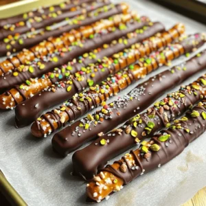 - 12 pretzel rods - 1 cup semi-sweet chocolate chips - 1 tablespoon coconut oil - 1/2 cup crushed nuts (e.g., almonds, pistachios) - 1/2 cup sprinkles (various colors) - Sea salt for sprinkling When making chocolate dipped pretzel rods, the right ingredients play a big role. You need pretzel rods to give that perfect crunch. Semi-sweet chocolate chips melt well and taste great. Adding coconut oil makes the chocolate smooth and easy to dip. Crushed nuts add a nice crunch and flavor. You can use almonds, pistachios, or any nut you love. Sprinkles bring color and fun to your pretzel rods. Finally, a sprinkle of sea salt adds a tasty contrast to the sweet chocolate. - White chocolate or milk chocolate variations - Other decoration options (coconut flakes, toffee bits) You can also get creative with your toppings. Try white or milk chocolate for a different taste. Coconut flakes or toffee bits can add extra flavor and texture. These options let you make each pretzel rod unique. You can mix and match toppings to suit your mood or occasion. For the full recipe, check out Chocolate Dipped Pretzel Rods 🥨. To start, you need to line your baking sheet. Grab a sheet of parchment paper and place it on the baking tray. This step is key. It keeps your pretzel rods from sticking. It also makes cleanup super easy. Set this aside for later. Next, it’s time to melt the chocolate. In a microwave-safe bowl, add 1 cup of semi-sweet chocolate chips and 1 tablespoon of coconut oil. The coconut oil helps keep the chocolate smooth. Heat this mixture in the microwave. Use 30-second intervals, stirring in between. Keep going until the chocolate is fully melted and smooth. You want it to be shiny and ready for dipping. Now comes the fun part! Take a pretzel rod and hold it by one end. Dip it into the melted chocolate. Aim to coat about two-thirds of the rod. Let any extra chocolate drip back into the bowl. This keeps the coat even. While the chocolate is still wet, sprinkle your choice of toppings. You can use crushed nuts or colorful sprinkles. Use a spoon to help spread them out evenly. Once you’ve dipped all your pretzel rods, place them on the lined baking sheet. Then, you'll need to chill them. Put the baking sheet in the fridge for about 20-30 minutes. This helps the chocolate set. When they are ready, you can add a sprinkle of sea salt on top for extra flavor. Now, your chocolate-dipped pretzel rods are ready to enjoy! For the full recipe, check out the details above. To get a smooth coat of chocolate, use a microwave. Melt the chocolate slowly. Stir it often. Add coconut oil to make it creamy. This keeps the chocolate from clumping. When you dip, hold the pretzel rod by one end. Dip it two-thirds into the chocolate. Let excess chocolate drip back into the bowl. This helps create a nice, even layer. For melting, I love using semi-sweet chocolate chips. They melt smoothly and taste great. Brands like Ghirardelli and Nestlé are perfect choices. They give you a rich flavor. If you want white chocolate, try Lindt or Merckens. They both melt well and taste sweet. To keep your dipped pretzel rods fresh, store them in an airtight container. Place a sheet of parchment paper between layers. This helps avoid sticking. Keep them at room temperature for up to a week. If you want them to last longer, you can freeze them. Just wrap each one in plastic wrap. This keeps them safe from freezer burn. {{image_2}} You can really mix things up with chocolate-dipped pretzel rods. Start by trying different types of chocolate. Dark chocolate gives a rich taste. White chocolate adds a sweet twist. You can even use flavored chocolates like mint or orange. Each option changes the flavor in a fun way. Make your pretzel rods special for any occasion. For Halloween, use orange and black sprinkles. At Christmas, go for red and green toppings. You can even add tiny candies to match the theme. This makes your pretzel rods festive and fun! If you want vegan options, use dairy-free chocolate. For gluten-free rods, pick gluten-free pretzels. You can also swap coconut oil for any plant-based oil. This way, everyone can enjoy this treat without worry. To keep your chocolate dipped pretzel rods fresh, store them at room temperature. Use an airtight container to prevent moisture. Avoid direct sunlight, as this can melt the chocolate. If you live in a hot area, find a cooler spot in your home, like a pantry. If you want to save them longer, you can freeze the pretzel rods. Wrap each rod in plastic wrap, then place them in a freezer bag. Make sure to squeeze out as much air as possible. When you want to eat them, take them out and let them thaw at room temperature. This helps keep the chocolate smooth. When stored properly, these treats last about one week at room temperature. In the freezer, they can stay good for up to three months. Just remember, the longer they sit, the more the texture may change. Enjoy them fresh for the best taste! Yes, you can use other pretzel types. Some fun options include: - Mini pretzel bites for a bite-sized treat. - Pretzel sticks for a thinner crunch. - Soft pretzels for a unique twist on the classic. Each choice will give your treat a different taste and texture. Sometimes, chocolate can be tricky to melt. Here are common issues and fixes: - If the chocolate seizes up, it may have moisture. Add a small amount of coconut oil to help. - If it won’t melt at all, try using shorter microwave bursts. Heat in 15-second intervals, stirring often. - Make sure your bowl is dry, as water can cause chocolate to clump. You can find pre-made chocolate-dipped pretzel rods at: - Local bakeries or gourmet shops. - Grocery stores in the snack aisle. - Online retailers like Amazon or specialty food sites. These are great if you need a quick gift or treat. Packaging your pretzel rods can be fun and creative. Here are some ideas: - Use clear cellophane bags tied with colorful ribbon. - Place them in decorative boxes with tissue paper. - Create a gift jar by layering pretzel rods with candy. These options make your gift look special and tasty! In this blog post, we covered how to make delicious dipped pretzel rods. We explored the needed ingredients, including pretzel rods and chocolate, as well as optional toppings. The step-by-step instructions guided you from melting chocolate to chilling the final product. I shared tips for storage and variations to keep things fun. Get creative with flavors or themes, and make them your own. Enjoy these sweet treats at home or share them with friends. Happy dipping!