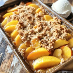 For the base of the peach crisp, you need fresh, ripe peaches. Here’s what you will gather: - 6 ripe peaches, peeled and sliced - 1/2 cup granulated sugar - 1 tablespoon lemon juice - 1 teaspoon cinnamon - 1/4 teaspoon nutmeg These ingredients create a sweet and tangy layer. The peaches should be juicy and fragrant. They should shine with flavor. The sugar helps to draw out their natural sweetness. The lemon juice adds a nice zing. Cinnamon and nutmeg give warmth and depth. Next, we’ll make the oat topping that adds crunch. Gather these ingredients: - 1 cup rolled oats - 1 cup all-purpose flour - 1/2 cup brown sugar, packed - 1/2 cup unsalted butter, melted - 1/4 teaspoon salt This topping is what makes the crisp special. Rolled oats provide a hearty texture. Flour helps bind everything together. Brown sugar adds a caramel-like sweetness. Butter gives richness and helps create a golden top. The salt balances the sweetness. You can add a twist to your crisp with these optional ingredients: - 1/2 cup chopped pecans Chopped pecans bring a delightful crunch. They also add a nutty flavor that pairs well with peaches. You can mix them into the oat topping for added texture. Feel free to skip them if you prefer a simpler taste. For the full recipe, check out the detailed instructions. Enjoy making this simple and delicious treat! Start with ripe peaches. Peel and slice them. You need six peaches for this recipe. Put the sliced peaches in a large bowl. Add half a cup of granulated sugar. Pour in one tablespoon of lemon juice. Sprinkle in one teaspoon of cinnamon and a quarter teaspoon of nutmeg. Mix everything well until the peaches are coated. This makes the filling sweet and fragrant. Once mixed, pour the peach filling into a greased 9x13-inch baking dish. In a new bowl, combine one cup of rolled oats and one cup of all-purpose flour. Add half a cup of packed brown sugar and a quarter teaspoon of salt. Pour in half a cup of melted unsalted butter. Mix with a fork until the mixture becomes crumbly. If you like, fold in half a cup of chopped pecans for a nutty crunch. This topping adds a nice texture to the crisp. Spread the oat topping evenly over the peach filling. Make sure to cover all the peaches. Now, bake in your preheated oven at 350°F (175°C). Bake for 30 to 35 minutes. The top should be golden brown, and the peaches should be bubbling. Once done, take it out of the oven and let it cool for ten minutes. This lets the flavors settle and makes it easier to serve. Enjoy your warm peach crisp! For the full recipe, check the details above. When picking peaches, look for ones that feel soft but not mushy. The color should be a warm yellow or golden hue. If you smell the peach, it should have a sweet scent. Avoid peaches with bruises or dark spots; these may be overripe. Try to choose organic peaches if you can. They often have better flavor and are grown without harmful chemicals. Adding spices makes your peach crisp even better. Cinnamon is a classic choice. It adds warmth and depth to the sweet peaches. Nutmeg brings a slightly nutty taste that pairs well with the fruit. You can also try ginger for a spicy kick. Just a pinch of each spice goes a long way. Feel free to mix and match to find your favorite flavor combo. The oat topping should be crumbly and golden brown. To get this, mix rolled oats with flour and brown sugar. Melted butter helps bind it all together. Make sure not to overmix; you want some chunks for texture. If you add nuts, chop them finely so they blend well. Bake until the topping is crisp. This makes the dish even more delicious. For a fun twist, add a pinch of salt to balance the sweetness. For the full recipe, check out the complete guide. {{image_2}} You can change the fruit in this crisp. Try using apples, pears, or berries. Each fruit brings its own taste. Apples give a nice tartness, while berries add a burst of flavor. Just keep the sugar amount similar. Adjust based on the sweetness of the fruit. For example, if you use tart apples, you might want more sugar. To make this peach crisp gluten-free, swap the all-purpose flour. Use a gluten-free flour blend instead. Many blends work well in baking. They help keep the crisp's texture. Ensure your oats are labeled gluten-free too. Some oats can have gluten due to cross-contamination. Adding nuts or seeds gives a great crunch. Pecans are tasty, but you can use walnuts or almonds. Chop them up and mix them into the oat topping. If you want more nutrition, add seeds like chia or flaxseed. They boost fiber and add healthy fats. This makes the dish more filling and fun! For the full recipe, check out the complete details on how to make this delightful treat. After you enjoy your peach crisp, store any leftovers in an airtight container. Keep it in the fridge for up to three days. This keeps the flavors fresh and the texture nice. If you want to save it for longer, freezing is a great option. To reheat your peach crisp, preheat your oven to 350°F (175°C). Place the crisp in a baking dish. Cover it with foil to prevent burning. Heat for about 15 to 20 minutes, or until it's warm throughout. You can also microwave it for quick reheating. Just heat in short bursts to avoid overheating. If you want to freeze your peach crisp, let it cool completely first. Wrap it tightly in plastic wrap or foil. Then, place it in a freezer-safe bag or container. It can stay in the freezer for up to three months. To enjoy it later, thaw in the fridge overnight before reheating. This keeps it tasting fresh and delicious, just like the day you made it. For the full recipe, check back in the sections above! Yes, you can use canned peaches. Make sure to drain them well. Canned peaches are soft, so your crisp may be a bit mushy. If you want a firmer texture, use fresh peaches when they are in season. Fresh peaches give a bright flavor and nice texture. Remember to adjust the sugar, as canned peaches may already be sweet. To make the topping healthier, you can replace some butter with Greek yogurt. This adds protein and cuts down on fat. You can also swap white flour for whole wheat flour. This change boosts fiber and nutrients. Add in some flaxseed or chia seeds for added health benefits. These small swaps keep the crisp tasty while improving nutrition. Serve the peach crisp warm from the oven for the best taste. A scoop of vanilla ice cream or a dollop of whipped cream makes it extra special. You can also sprinkle some chopped nuts on top for a nice crunch. For a fun twist, try adding a drizzle of honey or caramel sauce. Enjoy this simple dish at family dinners or gatherings! For the complete recipe, check out the Full Recipe. This blog post showed how to create a tasty peach crisp with oat topping. We covered fresh ingredients for the base, different topping options, and step-by-step instructions. Tips on choosing ripe peaches and flavor enhancements helped improve your dish. We also discussed variations, storage, and answered common questions. In the end, this recipe is versatile and easy. You can enjoy it your way, making it special for you. Now, grab those peaches and start baking!