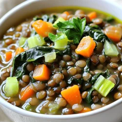To make this tasty lentil soup, gather these fresh ingredients: - 1 cup green or brown lentils, rinsed - 1 tablespoon olive oil - 1 medium onion, chopped - 2 garlic cloves, minced - 2 medium carrots, diced - 1 celery stalk, diced - 6 cups vegetable broth - 1 teaspoon ground cumin - 1 teaspoon smoked paprika - 1/2 teaspoon salt (adjust to taste) - 1/4 teaspoon black pepper - 4 cups fresh spinach leaves - Juice of 1 lemon - Fresh parsley, chopped (for garnish) These ingredients bring rich flavors and colors to your soup. You can swap some ingredients for what you have. Here are some ideas: - Use chicken broth instead of vegetable broth for more depth. - Swap lentils with split peas if you want a different texture. - Use any green leafy vegetable, like kale, if you don't have spinach. - Change olive oil to butter for a richer taste. These substitutions keep the soup fun and flexible! Each serving of this lentil soup has great nutrients. Here’s a quick look: - Calories: ~200 - Protein: 10g - Carbohydrates: 30g - Fiber: 8g - Fat: 5g This soup is not only tasty but also packed with protein and fiber to keep you full. For the full recipe, check out the detailed steps. Start by washing your vegetables. Rinse 1 cup of lentils in cold water. Chop one medium onion and dice two carrots and one celery stalk. Mince two garlic cloves. This mix gives your soup a great base. Heat 1 tablespoon of olive oil in a large pot over medium heat. Add the onion and sauté it for about 5 minutes. You want the onion to turn soft and clear. Then, add the minced garlic, carrots, and celery. Cook this for another 3 to 4 minutes. The veggies should be slightly soft. Next, add the rinsed lentils to your pot. Pour in 6 cups of vegetable broth, and sprinkle in 1 teaspoon of ground cumin and 1 teaspoon of smoked paprika. Add 1/2 teaspoon of salt and 1/4 teaspoon of black pepper. Bring everything to a boil. Once it boils, lower the heat to a simmer. Cover the pot and let it cook for about 30 to 35 minutes. The lentils should be tender when done. After the lentils are soft, add 4 cups of fresh spinach leaves to the pot. Cook for an additional 5 minutes. This will wilt the spinach nicely. Remove the pot from heat and squeeze in the juice of one lemon. This adds a nice brightness to your soup. Taste it and adjust the seasoning if needed. Your lentil soup with spinach is ready to serve! Enjoy it hot and garnish with fresh parsley if you like. For the full recipe, check out the earlier section. To get the most flavor in your lentil soup, start with fresh ingredients. Use ripe vegetables and good-quality broth. Sauté the onion and garlic well; this builds a strong flavor base. Adding spices like cumin and smoked paprika enhances the taste. For a bright finish, always squeeze in fresh lemon juice at the end. It makes a big difference! One common mistake is not rinsing the lentils. This can lead to grit in your soup. Another mistake is overcooking the lentils. They should be tender but not mushy. Also, don’t skip the spinach; it adds nutrition and color. Lastly, remember to taste and adjust seasoning. Too little salt can dull the flavors. Using the right tools makes cooking easier. A large pot is essential for this recipe. A good cutting board and sharp knife help with chopping vegetables. A wooden spoon is perfect for stirring. A measuring cup is handy for the broth and lentils. Lastly, a citrus juicer makes squeezing lemons a breeze. With these tools, you will save time and effort. For the full recipe, you can refer to the earlier section. {{image_2}} You can boost the protein in your lentil soup with chicken or tofu. If you choose chicken, use cooked, shredded pieces. Stir them in during the last few minutes of cooking. For tofu, use firm or extra-firm blocks. Cut them into cubes and sauté them until golden before adding them to the soup. Both options will make your meal heartier and more filling. Feel free to mix in different vegetables to make this soup your own. Zucchini, bell peppers, or sweet potatoes work well. You can also add frozen peas or corn for a pop of color. Just chop them to a similar size as your carrots and celery, so they cook evenly. This way, you can enjoy new flavors and textures each time you make the soup. Adding spices can completely change your soup's flavor profile. Try curry powder or turmeric for a warm, earthy taste. You can also add red pepper flakes for some heat. If you like herbs, fresh thyme or rosemary can offer a fragrant twist. Just remember to add spices gradually and taste as you go. This ensures you find the perfect balance for your palate. For the full recipe, check out the Hearty Lentil Spinach Delight. After you enjoy your lentil soup, let it cool down. Pour the soup into an airtight container. This helps keep it fresh. Store it in the fridge for up to four days. Make sure it’s sealed well to avoid any bad smells. When you're ready to eat the leftover soup, you can reheat it easily. Pour the soup into a pot. Heat it on low to medium heat. Stir often so it warms evenly. You can also use a microwave. Place the soup in a microwave-safe bowl. Heat it in short bursts, stirring in between. This keeps the soup creamy and tasty. If you want to save some soup for later, freezing is a great option. Let the soup cool completely before freezing. Then, pour it into freezer-safe containers. Leave some space at the top for expansion. You can also use freezer bags. Just remember to label them with the date. The soup can stay fresh for about three months in the freezer. When you’re ready to eat it, thaw it in the fridge overnight before reheating. This way, you can enjoy a warm bowl of lentil soup anytime you like! Yes, you can make lentil soup in a slow cooker! Just follow these steps: - Sauté the onion, garlic, carrots, and celery in a pan. - Add the sautéed veggies to your slow cooker. - Stir in the lentils, broth, spices, and seasonings. - Cook on low for 6-8 hours or on high for 3-4 hours. This method gives the flavors time to blend nicely. You can serve lentil soup with many tasty sides. Here are some ideas: - Crusty bread or rolls for dipping. - A fresh green salad to add crunch. - Rice or quinoa for extra texture. - A dollop of yogurt for creaminess. These sides enhance the meal and make it feel special. This lentil soup is nearly vegan! To ensure it's fully vegan: - Use vegetable broth instead of chicken broth. - Skip any dairy toppings like cheese or sour cream. With just these few tweaks, you can enjoy a hearty vegan meal! For the full recipe, check out the Hearty Lentil Spinach Delight. This blog post covered how to make lentil soup with spinach. You learned about key ingredients, healthy substitutes, and important nutrition facts. I provided simple steps for cooking, plus tips to avoid common mistakes. You also found ideas for variations and storage methods. In conclusion, lentil soup is easy, healthy, and versatile. You can enjoy it many ways and share it with friends. Try making this soup today; it’s sure to please!