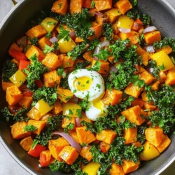 To make a tasty sweet potato hash, you need key items. Here’s what to gather: - 2 medium sweet potatoes, peeled and diced - 1 red bell pepper, chopped - 1 yellow bell pepper, chopped - 1 small red onion, diced - 2 cloves garlic, minced - 1 teaspoon smoked paprika - 1 teaspoon ground cumin - ½ teaspoon cayenne pepper (optional, for heat) - 3 tablespoons olive oil - Salt and black pepper to taste - 1 cup kale, chopped (or spinach) - 4 large eggs (optional) - Fresh cilantro or parsley for garnish These ingredients blend well together to create a hearty meal. Sweet potatoes give a sweet taste. Bell peppers add crunch and color. Onions and garlic bring strong flavors. You can add more items for extra flavor and nutrition. Consider these options: - Chopped mushrooms for earthiness - Spinach instead of kale for a milder taste - Diced tomatoes for juiciness - Black beans for protein - Avocado slices for creaminess These extras make your hash even better. You can mix and match based on what you have. Sweet potato hash is not just tasty; it’s also good for you. Here’s a quick look at the nutrition: - High in fiber, which helps digestion - Packed with vitamins A and C from sweet potatoes and peppers - Contains healthy fats from olive oil - Provides protein from eggs, if added This dish can fit well into a balanced diet. Enjoy it as breakfast, lunch, or dinner. You can find the full recipe [here]. To start, gather all your ingredients. You need: - 2 medium sweet potatoes, peeled and diced - 1 red bell pepper, chopped - 1 yellow bell pepper, chopped - 1 small red onion, diced - 2 cloves garlic, minced - 1 teaspoon smoked paprika - 1 teaspoon ground cumin - ½ teaspoon cayenne pepper (optional, for heat) - 3 tablespoons olive oil - Salt and black pepper to taste - 1 cup kale, chopped (or spinach) - 4 large eggs (optional) - Fresh cilantro or parsley for garnish Make sure your sweet potatoes are cut into even pieces. This helps them cook at the same rate. Dice the onions and peppers small so they blend well in the hash. 1. Heat olive oil in a large skillet over medium heat. 2. Add the sweet potatoes and season them with salt and black pepper. Cook for about 10-12 minutes. Stir occasionally until they soften and turn golden. 3. Next, add the onions and garlic. Sauté for 3-4 minutes until the onion is clear. 4. Now, stir in the bell peppers, smoked paprika, ground cumin, and cayenne pepper if you like heat. Cook for another 5-7 minutes until the peppers are soft. 5. Add the kale and mix it in. It will wilt quickly, about 2 minutes. Taste and adjust seasoning as needed. 6. If you want eggs, make four wells in the hash. Crack an egg into each well. Cover the skillet and let them cook. Aim for about 5-6 minutes for runny yolks. 7. Once cooked, gently stir the hash. Be careful not to break the yolks if you cooked eggs. 8. Serve hot and garnish with chopped cilantro or parsley. Sweet potato hash is great for breakfast or brunch. You can serve it with toast or a side of fruit. For a heartier meal, add avocado slices on top. This dish is easy to share and looks colorful on your plate. For the full recipe, check out the main section. Enjoy every bite! To cook sweet potatoes just right, start by peeling and dicing them. Aim for small cubes, about half an inch. This size helps them cook evenly. Heat your skillet and add olive oil. When the oil is hot, toss in the sweet potatoes. Season them with salt and black pepper. Cook for 10 to 12 minutes, stirring often. Look for a golden color and softness. This method gives you that lovely texture and flavor. Seasoning can bring your sweet potato hash to life. Start with salt and black pepper to enhance the natural sweetness. Adding smoked paprika gives a nice smoky flavor. Ground cumin adds warmth and earthiness. If you like heat, sprinkle in some cayenne pepper. For a fresh touch, mix in chopped cilantro or parsley just before serving. Taste as you go, and adjust the spices to fit your palate. If you want eggs in your hash, it’s easy to cook them just how you like. After the sweet potatoes and veggies are ready, make little wells in the hash. Crack an egg into each well. Cover the skillet to keep the heat in. For runny yolks, cook for about 5 to 6 minutes. If you prefer firm yolks, let them cook a bit longer. This method makes the eggs part of the dish, adding creaminess and richness. Check the [Full Recipe] for more details and enjoy your cooking! {{image_2}} Sweet potato hash is great for vegetarians. You can make it meat-free by using more veggies. Try adding mushrooms, zucchini, or even some fresh corn for a nice crunch. Spinach is a fantastic green to mix in. It wilts quickly and adds flavor. For a cheesy touch, sprinkle some feta or goat cheese on top before serving. It melts just right. Want to add protein? Sausage and bacon both work well. They bring a savory taste. Cook them until crispy, then add them to the hash. If you prefer a plant-based option, use firm tofu. Dice it, season it, and pan-fry until golden. This adds a nice texture. You could also try tempeh for a nutty flavor. Any of these options make your meal heartier. Feel free to mix up the veggies! Broccoli, carrots, or even Brussels sprouts can add new flavors. Roasted vegetables can also add depth. If you have leftovers, chop those up. They make a great addition to your hash. You can even toss in some seasonal veggies like asparagus or butternut squash. The key is to experiment and find what you love best. Check the full recipe to see how to create your own unique twist! To store leftover sweet potato hash, let it cool first. Place it in an airtight container. It will stay fresh in the fridge for up to four days. Label the container with the date. This way, you won't forget when you made it. For the best taste, reheat your sweet potato hash on the stove. Heat a skillet over medium heat. Add a splash of olive oil to keep it moist. Stir the hash occasionally until it's hot. You can also use a microwave. Place the hash in a bowl, cover it, and heat it for 1-2 minutes. Yes, you can freeze sweet potato hash! It’s great for meal prep. Let it cool completely before freezing. Use a freezer-safe container or bag. It can last up to three months. To use, thaw it in the fridge overnight. Reheat it as mentioned above for the best flavor. For a full recipe, check out the hearty sweet potato hash. If you don't have sweet potatoes, try regular potatoes. Yukon gold or red potatoes work well. You can also use butternut squash for a sweet flavor. Other root veggies like carrots or parsnips are great too. Each choice brings its own taste and texture to your hash. Yes, you can make sweet potato hash ahead of time. Cook it fully, then cool it down. Store it in an airtight container in the fridge for up to three days. When you are ready, just reheat it on the stove. Add a splash of olive oil to revive the flavors. Sweet potato hash is healthy. Sweet potatoes are packed with vitamins A and C. They also have fiber for good digestion. Adding veggies like bell peppers and kale boosts nutrients even more. If you choose to add eggs, you get protein, too. This dish is colorful and good for your body. You can top your sweet potato hash in many ways. Avocado slices add creaminess and healthy fats. A dollop of sour cream or Greek yogurt gives tang. Crumbled feta cheese adds a nice salty touch. Fresh herbs like cilantro or parsley brighten the dish. You can even sprinkle hot sauce for a kick. For a full experience, check the Full Recipe. Sweet potato hash combines key ingredients, cooking tips, and variations. You can customize it to fit your taste. Remember, the right seasoning and cooking techniques can make a big difference. Store it properly for quick meals later. This dish is healthy and versatile, perfect for breakfast or dinner. Try different toppings to keep things exciting. With these steps, you can create a delicious hash every time. Enjoy exploring flavors and making this dish your own!