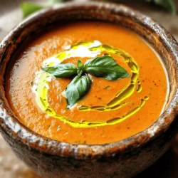- Tomatoes: Fresh tomatoes are the star of this soup. They bring vibrant flavor and natural sweetness. You can also use canned tomatoes if fresh ones aren’t available. - Basil: Fresh basil adds a fragrant touch. It brightens the soup and gives it a classic taste. Always chop it just before adding to keep its flavor strong. - Garlic and Onion: These two are essential. They build the soup's base flavor. Sautéing onion and garlic unlocks their sweetness, making the soup even more delicious. - Vegetable Broth: This adds depth to the soup. Choose low-sodium broth for better control over salt levels. It provides a great savory background. - Heavy Cream: This gives the soup its creamy texture. You can swap it for coconut cream for a dairy-free option. Both choices create a rich mouthfeel. - Olive Oil: Use extra virgin olive oil for the best flavor. It enhances the richness of the soup and helps sauté the onion and garlic. - Sugar for Taste: If your tomatoes are too acidic, a teaspoon of sugar can balance the flavors. It’s an easy fix to enhance the taste. - Salt and Pepper: These are key for seasoning. Adjust them to your liking after blending the soup. A pinch can elevate all the other flavors. For the complete recipe, check out [Full Recipe]. - Sautéing Onion and Garlic Start by heating two tablespoons of olive oil in a large pot over medium heat. Once hot, add one diced medium onion. Cook it until it becomes soft and clear, about five minutes. Next, stir in three minced garlic cloves. Cook for another minute until you smell that delicious aroma. - Adding Tomatoes and Broth Now it’s time for the star of the show. Add four cups of chopped fresh tomatoes or two cans of peeled whole tomatoes. If using canned tomatoes, crush them gently with a spoon. Pour in two cups of low-sodium vegetable broth. Bring this mixture to a simmer. Let it cook for about twenty minutes. This allows the flavors to mix and deepen. - Using an Immersion Blender After simmering, take the pot off the heat. Use an immersion blender to puree the soup until smooth. If you like a chunkier texture, blend just half of the soup. This gives you a nice mix of smooth and chunky bites. - Achieving Desired Texture Taste the soup as you blend. Adjust the texture to your liking. You want it creamy and rich, perfect for dipping or sipping. - Incorporating Cream and Basil Place the pot back on low heat. Stir in one cup of heavy cream or coconut cream for a dairy-free version. Add a quarter cup of fresh chopped basil. Let it warm through for about five minutes. The cream and basil make the soup even richer and fresher. - Seasoning the Soup to Taste Finally, taste the soup again. Add salt, pepper, and a teaspoon of sugar if needed. These small tweaks make a big difference in flavor. You want every bowl to be just right. Now you have a warm, creamy tomato basil soup ready to enjoy. For the full recipe, check the link. Using coconut cream makes this soup rich and tasty. It gives a slight sweetness and a smooth texture. Just swap it for heavy cream in the recipe. This choice is great for those who avoid dairy. When adding cream, heat it slowly. This helps prevent curdling. Pour it in after blending the soup. Stir gently until warm. This keeps the cream silky and delicious. To boost the soup's flavor, try adding spices. A pinch of red pepper flakes adds heat. A dash of smoked paprika gives it depth. These spices can transform your soup into something special. Fresh herbs make a big difference too. Besides basil, add a bit of parsley or oregano. These herbs brighten the soup and enhance its taste. Always chop them finely for the best results. Serve your creamy tomato basil soup with crusty bread. A grilled cheese sandwich pairs perfectly. The warm, gooey cheese complements the soup's richness. For garnishing, drizzle a little olive oil on top. It adds a nice shine and flavor. Fresh basil leaves also make a great garnish. They look pretty and taste fresh. For the full recipe, check out the complete instructions. Enjoy making this comforting dish! {{image_2}} For a vegetarian or vegan version of creamy tomato basil soup, start with dairy-free alternatives. Replace heavy cream with coconut cream or cashew cream. Both options add richness without dairy. You can also use almond milk for a lighter soup. Adding more vegetables can enhance the flavor and nutrition. Consider including carrots, bell peppers, or zucchini. These veggies blend well and add a pop of color. If you want a spicy tomato basil soup, add red pepper flakes or a dash of hot sauce. This extra kick can elevate the dish. You can also mix in smoked paprika for a smoky depth. Adding protein sources boosts the meal’s heartiness. Try mixing in cooked lentils, chickpeas, or diced tofu. These ingredients add texture and make the soup more filling. Incorporating seasonal ingredients can keep your soup fresh and exciting. In summer, use ripe heirloom tomatoes for a sweeter flavor. In winter, opt for roasted tomatoes for a deeper taste. Adjusting for fresh versus canned tomatoes is key. Fresh tomatoes offer brighter flavors, while canned tomatoes provide convenience and consistency. When using fresh tomatoes, let them simmer a bit longer to break down fully. These variations ensure your creamy tomato basil bliss remains delightful, no matter the season. For the full recipe, check out the section above. To store your creamy tomato basil soup, let it cool first. Pour the soup into an airtight container. This keeps out air and moisture. You can store it in the fridge for up to 4 days. Always check for signs of spoilage before eating. If it looks or smells off, toss it out. If you want to keep the soup longer, freezing is a great option. Use freezer-safe containers to prevent freezer burn. Leave space at the top for expansion. The soup can last in the freezer for about 3 months. When you're ready to eat, thaw it overnight in the fridge. Reheat it gently on the stove over low heat, stirring often to keep it smooth. You can be creative with leftover soup. Try using it as a pasta sauce. It also works well in a casserole. Pair it with grilled cheese for a comforting meal. You can also use it as a base for a tomato risotto. The options are endless! Yes, you can use canned tomatoes. Canned tomatoes are often picked at peak ripeness. This means they can be just as tasty as fresh ones. They save time and reduce prep work. When using canned tomatoes, choose whole or diced ones for the best results. To spice up your soup, add red pepper flakes or cayenne pepper. Start with a small amount, then taste. You can also add a dash of hot sauce while cooking. For extra flavor, sauté some chopped jalapeños with your onions. This will give your soup a nice kick! Grilled cheese is a classic choice. The gooey cheese complements the soup's creaminess. Crusty bread like a baguette or ciabatta is also great. It adds texture and is perfect for dipping. For a lighter option, try a fresh baguette with a dash of olive oil. For the full recipe, check out the Creamy Tomato Basil Bliss. In this post, we covered how to make a delicious tomato basil soup. We explored fresh ingredients, helpful pantry staples, and tasty optional add-ins. I shared step-by-step instructions to guide you through cooking, blending, and adjusting flavors. Plus, I offered tips for creaminess and serving ideas. Remember, you can mix in your favorite flavors or switch up ingredients. This soup is easy to make and enjoyable to share. Try it out, and make it your own!