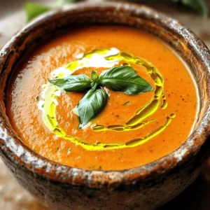 - Tomatoes: Fresh tomatoes are the star of this soup. They bring vibrant flavor and natural sweetness. You can also use canned tomatoes if fresh ones aren’t available. - Basil: Fresh basil adds a fragrant touch. It brightens the soup and gives it a classic taste. Always chop it just before adding to keep its flavor strong. - Garlic and Onion: These two are essential. They build the soup's base flavor. Sautéing onion and garlic unlocks their sweetness, making the soup even more delicious. - Vegetable Broth: This adds depth to the soup. Choose low-sodium broth for better control over salt levels. It provides a great savory background. - Heavy Cream: This gives the soup its creamy texture. You can swap it for coconut cream for a dairy-free option. Both choices create a rich mouthfeel. - Olive Oil: Use extra virgin olive oil for the best flavor. It enhances the richness of the soup and helps sauté the onion and garlic. - Sugar for Taste: If your tomatoes are too acidic, a teaspoon of sugar can balance the flavors. It’s an easy fix to enhance the taste. - Salt and Pepper: These are key for seasoning. Adjust them to your liking after blending the soup. A pinch can elevate all the other flavors. For the complete recipe, check out [Full Recipe]. - Sautéing Onion and Garlic Start by heating two tablespoons of olive oil in a large pot over medium heat. Once hot, add one diced medium onion. Cook it until it becomes soft and clear, about five minutes. Next, stir in three minced garlic cloves. Cook for another minute until you smell that delicious aroma. - Adding Tomatoes and Broth Now it’s time for the star of the show. Add four cups of chopped fresh tomatoes or two cans of peeled whole tomatoes. If using canned tomatoes, crush them gently with a spoon. Pour in two cups of low-sodium vegetable broth. Bring this mixture to a simmer. Let it cook for about twenty minutes. This allows the flavors to mix and deepen. - Using an Immersion Blender After simmering, take the pot off the heat. Use an immersion blender to puree the soup until smooth. If you like a chunkier texture, blend just half of the soup. This gives you a nice mix of smooth and chunky bites. - Achieving Desired Texture Taste the soup as you blend. Adjust the texture to your liking. You want it creamy and rich, perfect for dipping or sipping. - Incorporating Cream and Basil Place the pot back on low heat. Stir in one cup of heavy cream or coconut cream for a dairy-free version. Add a quarter cup of fresh chopped basil. Let it warm through for about five minutes. The cream and basil make the soup even richer and fresher. - Seasoning the Soup to Taste Finally, taste the soup again. Add salt, pepper, and a teaspoon of sugar if needed. These small tweaks make a big difference in flavor. You want every bowl to be just right. Now you have a warm, creamy tomato basil soup ready to enjoy. For the full recipe, check the link. Using coconut cream makes this soup rich and tasty. It gives a slight sweetness and a smooth texture. Just swap it for heavy cream in the recipe. This choice is great for those who avoid dairy. When adding cream, heat it slowly. This helps prevent curdling. Pour it in after blending the soup. Stir gently until warm. This keeps the cream silky and delicious. To boost the soup's flavor, try adding spices. A pinch of red pepper flakes adds heat. A dash of smoked paprika gives it depth. These spices can transform your soup into something special. Fresh herbs make a big difference too. Besides basil, add a bit of parsley or oregano. These herbs brighten the soup and enhance its taste. Always chop them finely for the best results. Serve your creamy tomato basil soup with crusty bread. A grilled cheese sandwich pairs perfectly. The warm, gooey cheese complements the soup's richness. For garnishing, drizzle a little olive oil on top. It adds a nice shine and flavor. Fresh basil leaves also make a great garnish. They look pretty and taste fresh. For the full recipe, check out the complete instructions. Enjoy making this comforting dish! {{image_2}} For a vegetarian or vegan version of creamy tomato basil soup, start with dairy-free alternatives. Replace heavy cream with coconut cream or cashew cream. Both options add richness without dairy. You can also use almond milk for a lighter soup. Adding more vegetables can enhance the flavor and nutrition. Consider including carrots, bell peppers, or zucchini. These veggies blend well and add a pop of color. If you want a spicy tomato basil soup, add red pepper flakes or a dash of hot sauce. This extra kick can elevate the dish. You can also mix in smoked paprika for a smoky depth. Adding protein sources boosts the meal’s heartiness. Try mixing in cooked lentils, chickpeas, or diced tofu. These ingredients add texture and make the soup more filling. Incorporating seasonal ingredients can keep your soup fresh and exciting. In summer, use ripe heirloom tomatoes for a sweeter flavor. In winter, opt for roasted tomatoes for a deeper taste. Adjusting for fresh versus canned tomatoes is key. Fresh tomatoes offer brighter flavors, while canned tomatoes provide convenience and consistency. When using fresh tomatoes, let them simmer a bit longer to break down fully. These variations ensure your creamy tomato basil bliss remains delightful, no matter the season. For the full recipe, check out the section above. To store your creamy tomato basil soup, let it cool first. Pour the soup into an airtight container. This keeps out air and moisture. You can store it in the fridge for up to 4 days. Always check for signs of spoilage before eating. If it looks or smells off, toss it out. If you want to keep the soup longer, freezing is a great option. Use freezer-safe containers to prevent freezer burn. Leave space at the top for expansion. The soup can last in the freezer for about 3 months. When you're ready to eat, thaw it overnight in the fridge. Reheat it gently on the stove over low heat, stirring often to keep it smooth. You can be creative with leftover soup. Try using it as a pasta sauce. It also works well in a casserole. Pair it with grilled cheese for a comforting meal. You can also use it as a base for a tomato risotto. The options are endless! Yes, you can use canned tomatoes. Canned tomatoes are often picked at peak ripeness. This means they can be just as tasty as fresh ones. They save time and reduce prep work. When using canned tomatoes, choose whole or diced ones for the best results. To spice up your soup, add red pepper flakes or cayenne pepper. Start with a small amount, then taste. You can also add a dash of hot sauce while cooking. For extra flavor, sauté some chopped jalapeños with your onions. This will give your soup a nice kick! Grilled cheese is a classic choice. The gooey cheese complements the soup's creaminess. Crusty bread like a baguette or ciabatta is also great. It adds texture and is perfect for dipping. For a lighter option, try a fresh baguette with a dash of olive oil. For the full recipe, check out the Creamy Tomato Basil Bliss. In this post, we covered how to make a delicious tomato basil soup. We explored fresh ingredients, helpful pantry staples, and tasty optional add-ins. I shared step-by-step instructions to guide you through cooking, blending, and adjusting flavors. Plus, I offered tips for creaminess and serving ideas. Remember, you can mix in your favorite flavors or switch up ingredients. This soup is easy to make and enjoyable to share. Try it out, and make it your own!