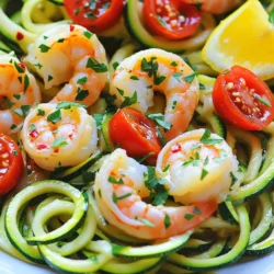 Shrimp and Zucchini Noodles Basics For this dish, I use: - 1 pound large shrimp, peeled and deveined - 4 medium zucchinis, spiralized into noodles Zucchini noodles, or zoodles, make a great low-carb base. They soak up flavors and add a fresh crunch. The shrimp gives the dish its protein and a sweet, salty taste. Flavor Enhancers: Garlic, Lemon, and More To boost the taste, I add: - 4 cloves garlic, minced - 2 tablespoons olive oil - 1 tablespoon unsalted butter - 1 cup cherry tomatoes, halved - 1 tablespoon lemon juice - 1 teaspoon red pepper flakes (adjust to taste) Garlic and lemon create a bright, zesty flavor. The tomatoes add a juicy pop. Olive oil and butter make the dish rich and smooth. Red pepper flakes give it a nice kick. Garnishes and Seasonings To finish, I use: - Salt and pepper to taste - Fresh parsley, chopped (for garnish) - Zest of 1 lemon (for added flavor) Fresh parsley adds color and freshness. The lemon zest enhances the citrus notes. These garnishes make the dish look and taste gourmet. For the full recipe, check our detailed guide on how to prepare this delightful dish! Spiralizing Techniques To create zucchini noodles, start with fresh zucchinis. A spiralizer is the best tool for this task. It makes long, thin noodles that mimic pasta. Simply wash the zucchini, trim the ends, and twist it through the spiralizer. If you don’t have one, don’t worry! You can use a vegetable peeler to make thin strips. Just slice the zucchini lengthwise into long ribbons. Alternative Methods for Zucchini Noodles Other tools like a julienne peeler or a box grater work well too. If you want to save time, pre-spiralized zucchini is available at many stores. Keep in mind, the thinner the noodle, the quicker they cook. Tips for Perfectly Cooked Shrimp Start by heating olive oil and butter in a large skillet. Use medium heat to avoid burning. When the butter melts, add minced garlic. Sauté for just about 30 seconds. This brings out the flavor without burning it. Next, toss in the shrimp. Cook them for about 2-3 minutes. They should turn pink and opaque. This shows they are perfectly cooked. Avoiding Common Mistakes Don’t overcrowd the pan. If the shrimp are too close, they will steam instead of sear. This can make them rubbery. Also, avoid cooking shrimp for too long. Overcooked shrimp can become tough. Timing for Adding Each Ingredient After cooking the shrimp, add halved cherry tomatoes. Cook for about 2 minutes until they soften. Next, stir in the zucchini noodles. Toss them gently to combine everything. Cook for just 2-3 minutes. The noodles should be heated but still crunchy. Heat Levels Explained It's important to keep the heat at medium throughout cooking. This helps all the ingredients cook evenly without burning. If you find it's too hot, lower the heat slightly. You want a gentle simmer, not a vigorous boil. For the full recipe, check out the [Full Recipe]. - Using Less Oil or Butter To cut calories, use less oil and butter. You can swap half the butter with vegetable broth. This keeps the dish moist but cuts down on fat. - Recommended Cooking Methods Sautéing shrimp in a non-stick pan helps reduce oil use. Steaming zucchini noodles instead of sautéing can also lower calories. This keeps the noodles crunchy and fresh. - Additional Herbs and Spices You can add fresh basil or thyme to boost flavor. A pinch of smoked paprika can give a nice twist. Always taste as you go to find the right balance. - Combining with Other Vegetables Mix in bell peppers or spinach for color and taste. These veggies add nutrients and make your dish more vibrant. You can also add a handful of arugula for a peppery kick. - Pairing with Other Healthy Dishes Serve your shrimp scampi with a side salad or whole-grain bread. You could also pair it with quinoa for a complete meal. This adds fiber and keeps you feeling full. - Presentation Ideas Use a large, shallow bowl for serving. Twirl the zucchini noodles for a fun look. Top with extra parsley and lemon zest for color and freshness. This makes the dish inviting and appetizing. For the full recipe, check out the details above and enjoy making this delightful dish! {{image_2}} Gluten-Free Options This recipe is naturally gluten-free. You can enjoy it without worry. Just make sure all ingredients are gluten-free. For example, check the labels on your shrimp and any seasonings you use. Low-Carb Adjustments Zucchini noodles are a great low-carb choice. If you want fewer carbs, skip the cherry tomatoes. They add some sugar. You can also use less lemon juice to cut carbs even more. Seafood Alternatives If you don’t like shrimp, try scallops or chicken. Both cook well in this dish. Just adjust the cooking time. Scallops need about 3-4 minutes, while chicken takes a bit longer. Vegetable Variations You can swap zucchini for other veggies. Consider using spaghetti squash or yellow squash. Each offers unique flavors while still keeping it healthy. Spicy vs. Mild I love a bit of heat in my dishes. If you do too, add more red pepper flakes. For a milder version, cut back on them or leave them out. Taste it as you go to find your perfect level. Adding Unique Ingredients Get creative! Try adding capers or olives for a briny twist. You can also mix in spinach for added greens. Just remember to cook it down with the shrimp. Each new ingredient can change the whole dish. For more ideas, check the Full Recipe for Skinny Shrimp Scampi with Zucchini Noodles. For storing your Skinny Shrimp Scampi with Zucchini Noodles, follow these tips: - Refrigeration Guidelines: Store leftovers in an airtight container. They keep well in the fridge for up to three days. Make sure to cool the dish before sealing it. This helps prevent condensation and sogginess. - Freezing Recommendations: You can freeze this dish, but I recommend freezing the shrimp and zucchini noodles separately. This way, they maintain better texture. Use freezer-safe bags or containers, and they can last up to three months. Reheating is easy if you follow a few steps: - Best Methods for Reheating: The best way to reheat is in a skillet over low heat. This keeps the shrimp tender and the zucchini noodles crunchy. You can also use a microwave, but do it in short bursts to avoid overcooking. - Preserving Flavor and Texture: Add a splash of olive oil or a bit of broth when reheating. This helps keep the dish moist and flavorful. Stir gently to avoid breaking the noodles. Knowing when to enjoy your dish is key: - Duration for Safe Consumption: If stored correctly, eat the dish within three days when refrigerated. For frozen portions, consume within three months for best quality. - Signs of Spoilage: Look for changes in smell, color, or texture. If the shrimp smells off or the noodles feel mushy, it's best to toss it. Always trust your senses; they guide you well! Can I use frozen shrimp? Yes, you can use frozen shrimp. Just thaw them before cooking. Place the shrimp in cold water for about 15 minutes. This will help them thaw quickly. Make sure they are peeled and deveined for the best results. What can I substitute for zucchini noodles? If you don't have zucchini, try using spaghetti squash or carrots. You can also use whole wheat pasta for a more traditional dish. Each option adds its own flavor and texture. Calorie count per serving Each serving of Skinny Shrimp Scampi with Zucchini Noodles has about 300 calories. This makes it a light yet filling meal option. Protein and nutrient breakdown This dish provides around 25 grams of protein per serving. It also has healthy fats from olive oil and butter. The zucchini adds fiber and vitamins, making it nutritious. What is the best way to avoid overcooking shrimp? Cook shrimp for only 2-3 minutes per side. They should turn pink and opaque. Remove them from heat as soon as they change color. This keeps them tender and juicy. How can I make this dish more flavorful? Add more garlic or lemon zest for extra taste. Fresh herbs like basil or thyme also enhance flavor. You can adjust red pepper flakes for spice. These tips help create a rich, delicious meal. This blog post detailed how to make a healthy shrimp and zucchini noodle dish. We covered ingredients, cooking steps, and storage tips. Remember, using fresh flavors like garlic and lemon makes a difference. Avoid overcooking shrimp for the best taste. You can also adjust the recipe to fit different diets. I hope these ideas inspire you to enjoy a tasty, healthy meal with ease. Try experimenting and have fun with your cooking!