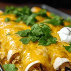 To make easy chicken enchiladas, you need a few key ingredients. Here’s what you will need: - 2 cups cooked chicken, shredded - 1 cup shredded cheddar cheese - 1 cup shredded mozzarella cheese - 1 can (10 oz) enchilada sauce - 8 small flour tortillas - 1 small onion, finely chopped - 2 cloves garlic, minced - 1 teaspoon ground cumin - 1 teaspoon chili powder - 1 tablespoon olive oil - Salt and pepper to taste These ingredients create a tasty filling and a delicious sauce for your enchiladas. The mix of cheeses gives a nice melt and flavor. You can add some fun garnishes and sides to your meal. Here are some great options: - Fresh cilantro, for garnish - Sour cream, for serving - Sliced jalapeños, for heat - Avocado slices, for creaminess - Rice or beans, as sides These extras will make your dish even better. They add flavor and make your plate look nice. If you don’t have everything on hand, don’t worry! You can make some swaps: - Use rotisserie chicken instead of cooked chicken. It saves time. - Swap flour tortillas for corn tortillas if you prefer. - Try different cheeses like pepper jack for a spicy kick. - Use vegetable broth instead of enchilada sauce for a lighter sauce. These substitutions keep the recipe easy and fun. You can make it fit your taste or what’s in your pantry. For the full recipe, check out Cheesy Chicken Enchiladas. Start by heating your skillet on medium. Add one tablespoon of olive oil. Once it’s hot, toss in one small onion, finely chopped. Cook it until it turns soft, about 3-4 minutes. Then, add two cloves of minced garlic. Next, stir in one teaspoon of ground cumin and one teaspoon of chili powder. Cook this mixture for one more minute to let the spices shine. Now it's time to add the star of this dish: two cups of cooked chicken, shredded. Pour in half of your can of enchilada sauce. Stir everything well and season with salt and pepper to taste. Grab your eight small flour tortillas. On each tortilla, place a scoop of the chicken filling. Don’t forget to sprinkle some of the cheese mix right on top! Roll each tortilla tightly and place it seam-side down in your greased 9x13 inch baking dish. Repeat this for all tortillas until the dish is full. After assembling, pour the rest of the enchilada sauce over the top. Finish with a sprinkle of the reserved cheese. This will make the enchiladas nice and cheesy. Preheat your oven to 350°F (175°C). Once it’s hot, slide your dish inside. Bake for about 20-25 minutes. You want the cheese to melt and get bubbly. After baking, let the dish cool for a few minutes. This will make serving easier. Finally, garnish with fresh cilantro. Serve with sour cream on the side for a nice finish. Enjoy these tasty enchiladas! For the complete recipe, refer to the Full Recipe. When making easy chicken enchiladas, avoid overfilling the tortillas. If they burst, the filling spills out. Use just enough chicken and cheese. Also, do not skip the sauce. It keeps the enchiladas moist. Finally, let them rest after baking. This helps them hold together when you serve them. To level up your cheese game, mix different cheeses. I love combining cheddar and mozzarella. They melt well and taste great together. Also, sprinkle extra cheese on top before baking. This gives a nice, gooey layer. For a fun twist, try adding cream cheese to the filling. It adds richness and creaminess. Serve your enchiladas with fresh toppings. Chopped cilantro adds a nice touch. You can also add sour cream for creaminess. Slices of avocado or guacamole pair well too. For a crunch, add shredded lettuce. A side of rice or beans makes a complete meal. Enjoy your delicious easy chicken enchiladas! For the full recipe, check above. {{image_2}} You can easily make vegetarian enchiladas. Substitute the chicken with cooked black beans or lentils. Use the same spices to keep that great flavor. Add veggies like zucchini, bell peppers, or corn for extra taste. The cheese and sauce will keep it rich and creamy. This option is tasty and perfect for any meat-free night. If you like heat, try spicy chicken enchiladas. Use hot enchilada sauce instead of mild. You can also add diced jalapeños or chipotle peppers to the filling. For a kick, sprinkle cayenne pepper into the chicken mixture. This version will warm your taste buds and make each bite exciting. For a gluten-free meal, swap flour tortillas for corn tortillas. Check the sauce to ensure it’s gluten-free, as some brands may add gluten. You can also make homemade enchilada sauce from scratch. This way, you control all the ingredients. With these simple swaps, everyone can enjoy these easy chicken enchiladas. For more details on making these tasty variations, refer to the Full Recipe. To store leftover enchiladas, let them cool first. Place them in an airtight container. You can keep them in the fridge for up to three days. If you want to keep them longer, freezing is a great option. When you're ready to eat leftovers, reheat them in the oven. Preheat your oven to 350°F (175°C). Place the enchiladas in a baking dish. Cover with foil to keep them moist. Heat for about 15-20 minutes, until they are hot. To freeze enchiladas, wrap each one tightly in plastic wrap. Then, place them in a freezer-safe bag. You can freeze them for up to three months. When you want to eat them, thaw in the fridge overnight. Then, reheat as mentioned above. This keeps your enchiladas tasty and fresh. Yes, you can use rotisserie chicken. It saves time and tastes great. Just shred it and mix it with the other filling ingredients. This makes your prep even faster. Plus, rotisserie chicken adds flavor without extra work. You can add many tasty toppings. Here are some favorites: - Sliced jalapeños - Diced tomatoes - Chopped green onions - Avocado slices - Fresh cilantro - Sour cream These toppings add flavor and color. Mix and match to find your favorite. You can prepare enchiladas a day before. Just assemble them in the baking dish, cover tightly, and refrigerate. When you are ready to bake, pour the sauce on top and bake as usual. This helps the flavors blend. For the best taste, bake them within 24 hours. - Full Recipe: Cheesy Chicken Enchiladas Easy chicken enchiladas are a fun dish to make. We looked at essential ingredients, steps, and tips. You can even change the recipe with options like vegetarian or gluten-free. Storing and reheating leftovers is simple. These ideas help you enjoy delicious enchiladas every time. Now, you have all the tools to create your own version. Get cooking, and enjoy every bite of your tasty creation!