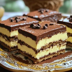 To create a No-Bake Chocolate Eclair Cake, you need simple ingredients. Here’s what you'll need: - 1 box (14 oz) Graham crackers - 2 packages (3.4 oz each) instant vanilla pudding mix - 4 cups cold milk - 1 container (8 oz) whipped topping (like Cool Whip) - 1 cup powdered sugar - 1/2 cup unsweetened cocoa powder - 1/2 cup unsalted butter, softened - 1 tablespoon vanilla extract - A pinch of salt These ingredients work together to create a creamy, rich dessert. The Graham crackers form a crunchy base, while the pudding mix adds a lovely vanilla flavor. The whipped topping gives it a light, fluffy texture. The cocoa powder and butter come together to make a chocolate layer that is so delicious. Make sure your butter is softened for easy mixing. This cake can impress your friends and family without the need for baking. For the full recipe, check the details provided earlier. - Whisking the Pudding Mix and Cold Milk Start by taking a large mixing bowl. Add two packages of instant vanilla pudding mix and four cups of cold milk. Whisk them together until they blend well. Let the mixture sit for 2-3 minutes. This allows it to thicken, which is key to a creamy texture. - Folding in the Whipped Topping Next, take an 8 oz container of whipped topping. Gently fold it into the pudding mixture. Use a spatula to ensure it's smooth and creamy. This step makes the cake light and fluffy. - Making the Chocolate Frosting In another bowl, beat together half a cup of softened unsalted butter, one cup of powdered sugar, and half a cup of unsweetened cocoa powder. Add one tablespoon of vanilla extract and a pinch of salt. Mix until fluffy. This frosting gives a rich chocolate flavor. - Layering the Graham Crackers and Pudding Now, line the bottom of a 9x13 inch pan with a layer of Graham crackers. Spread half of the vanilla pudding mixture evenly over the crackers. Use a spatula to smooth it out. Add another layer of Graham crackers on top. Repeat this with the remaining pudding mix and finish with a final layer of crackers. - Final Assembly and Refrigeration Spread the chocolate frosting over the top layer of Graham crackers. Make sure it covers the surface well. Cover the cake with plastic wrap and place it in the fridge. Let it chill for at least 4-6 hours, or overnight if you can. This waiting time helps the layers soften and blend together perfectly. For a detailed guide, check the Full Recipe. Enjoy creating this delightful dessert! Allowing the Cake to Chill Chilling is key for this cake. It helps the layers soften and blend. I recommend letting it sit for at least 4 to 6 hours. Overnight is best! The longer it chills, the better the taste and texture. Using Fresh Ingredients Always use fresh ingredients. Fresh milk and whipped topping make a big difference. They enhance the flavor and texture, making each bite light and fluffy. Trust me, it’s worth it! Serving Suggestions When serving, cut the cake into squares. Use a sharp knife for clean edges. You can top each piece with whipped cream or chocolate shavings for a nice touch. A decorative platter also makes it look fancy! Not Allowing Enough Time to Set One common mistake is not allowing enough time for the cake to set. If you cut it too soon, the layers may not hold. This can ruin the overall look and taste. Always be patient! Overmixing Ingredients Overmixing can lead to a dense texture. When you mix the pudding and whipped topping, do it gently. You want to keep it light and airy. This ensures a creamy and smooth filling that’s just perfect! For more insights, check out the [Full Recipe]. {{image_2}} Adding different flavors can make your No-Bake Chocolate Eclair Cake even better. - Adding Fruit Layers: You can layer in some fresh fruit. Strawberries or bananas work well. These fruits add sweetness and a nice texture. Place thin slices on top of the vanilla pudding before adding the next layer of Graham crackers. - Using Different Pudding Flavors: Instant pudding comes in many flavors. Try chocolate, butterscotch, or even banana. Each flavor gives a unique twist to the cake. Mixing flavors can add depth and excitement to each bite. - Incorporating Nuts or Other Mix-Ins: Chopped nuts like pecans or walnuts can add crunch. You can also mix in chocolate chips or toffee bits for extra sweetness. Just fold them into the pudding mix before layering. You can easily modify the cake for different diets. - Gluten-Free Alternative: Use gluten-free Graham crackers instead of regular ones. This way, everyone can enjoy this tasty treat without worry. Check labels to ensure that all ingredients are gluten-free. - Dairy-Free Options: You can swap the milk and whipped topping for dairy-free versions. Use almond milk or coconut milk for the pudding. There are also great dairy-free whipped toppings available. Just make sure to choose dairy-free pudding mixes as well. These changes can make the No-Bake Chocolate Eclair Cake fit your needs while keeping it delicious. You can find the Full Recipe to try these variations. To keep your No-Bake Chocolate Eclair Cake fresh, refrigerate it right away. Place the cake in an airtight container or cover it tightly with plastic wrap. This helps avoid any odors from the fridge. How Long It Lasts In the fridge, your cake can last up to 4-5 days. The flavors meld and improve as it sits. Just remember to check for any signs of spoilage before serving. How to Freeze Layers If you want to freeze this cake, it’s best to freeze the layers separately. Wrap each layer of Graham crackers and pudding tightly in plastic wrap. Then, place them in a freezer-safe bag or container. This keeps the texture nice when you thaw. Thawing Tips for Optimal Texture To thaw, move the layers to the fridge the night before you want to eat them. This helps maintain the cake's creamy texture. Avoid thawing at room temperature, as it can make the layers soggy. Enjoy as a sweet treat when you’re ready! No-Bake Chocolate Eclair Cake lasts about 3 to 5 days in the fridge. It keeps well, thanks to the layers of Graham crackers and pudding. The longer it sits, the softer it becomes, which many people love. To enjoy it at its best, eat it within the first couple of days. Yes, you can use homemade whipped cream! It adds a fresh taste. Just whip heavy cream until it forms soft peaks. Then, fold it into the pudding mixture gently. This will make your cake even more delightful. Homemade whipped cream also gives a nice texture and flavor. For the best cuts, use a sharp knife. Run it under hot water and wipe it dry. This helps cut through the soft layers easily. Serve each piece on a plate, and you can add some extra whipped cream or chocolate shavings on top for a fun touch. It looks great and tastes amazing! Absolutely! Making this cake a day ahead works great. Just let it chill overnight. This gives the flavors time to blend and the layers to soften. The wait is worth it, as the cake becomes even more delicious. For the full recipe, check the recipe section above! This blog showed you how to make a No-Bake Chocolate Eclair Cake. We started with a simple list of ingredients and a clear step-by-step process. Tips helped you avoid common mistakes and enhance flavors. Remember to chill the cake for the best texture. You can also experiment with variations. Store leftovers properly for freshness. With these tools, you can enjoy a delicious dessert anytime. Get ready to impress your family and friends with your baking skills!